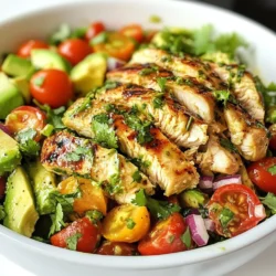 - 2 boneless, skinless chicken breasts - 2 ripe avocados, diced - 1 cup cherry tomatoes, halved - 1/2 red onion, finely chopped - 1/4 cup fresh cilantro, chopped - 3 tablespoons lime juice (about 2 limes) - 2 tablespoons olive oil - 1 teaspoon garlic powder - 1 teaspoon ground cumin - Salt and pepper to taste - Skillet - Mixing bowl - Whisk Gathering the right ingredients is key to making this salad shine. You want juicy chicken, fresh veggies, and a zesty dressing. First, we need boneless, skinless chicken breasts. They cook fast and stay moist. Ripe avocados add creaminess and flavor. Cherry tomatoes bring sweetness and color. The red onion gives crunch and a bit of bite. Fresh cilantro adds a burst of freshness. For the dressing, lime juice is a must. It gives the salad its zesty kick. Olive oil helps blend the flavors. Garlic powder and ground cumin add depth. Don't forget salt and pepper to taste. You will also need a skillet to cook the chicken. Use a mixing bowl for the salad. A whisk helps combine the dressing well. With these ingredients and tools, you’re ready to create a fresh and flavorful Zesty Lime Chicken Avocado Salad! {{ingredient_image_1}} First, season the chicken breasts. Use garlic powder, ground cumin, salt, and pepper. This mix gives the chicken great flavor. Heat olive oil in a skillet over medium heat. Cook the chicken for about 6-7 minutes on each side. You want it cooked through and juicy. The juices should run clear when done. After cooking, let the chicken rest for 5 minutes. This helps keep it moist. Then, slice it into strips. Next, let's whip up the dressing. In a small bowl, combine lime juice, olive oil, and a pinch of salt and pepper. Use a whisk to mix until it is smooth. Taste the dressing and adjust the seasoning if needed. You want it zesty but balanced. Now, it's time to mix the salad. In a large bowl, add diced avocados, halved cherry tomatoes, finely chopped red onion, and chopped cilantro. Gently toss everything together. Be careful not to mash the avocados too much. They should stay chunky for a nice texture. When it’s ready to serve, divide the salad into bowls or plates. Lay the sliced chicken on top. Drizzle the lime dressing over everything. Toss gently to coat the salad evenly. For a nice touch, you can garnish with extra cilantro and lime wedges. This adds a fresh look and taste! To keep your chicken juicy, do not overcook it. Cook the chicken for about 6-7 minutes on each side. Let it rest for 5 minutes before slicing. This step helps the juices stay inside. For the avocados, choose ripe ones. They should feel slightly soft when you press them gently. Cut them just before serving to prevent browning. You can add more herbs and spices to boost flavor. Try fresh basil or mint for a twist. You might also like a pinch of red pepper flakes for heat. When it comes to dressing, you can swap the lime juice with lemon juice. For a creamy touch, mix in some Greek yogurt. This salad pairs well with tortilla chips or crusty bread. It’s perfect for lunch on a warm day. Serve it at picnics or barbecues for a fresh option. You can also enjoy it as a light dinner. Pro Tips Perfectly Cooked Chicken: Always let your chicken rest for a few minutes after cooking. This allows the juices to redistribute, making it more tender and juicy. Ripe Avocados: Choose avocados that are slightly soft to the touch but not mushy. This ensures they are perfectly ripe for your salad. Freshness is Key: Use fresh lime juice for the dressing instead of bottled to enhance the flavor of the salad. Customize Your Salad: Add other ingredients like corn or bell peppers for extra flavor and texture. Feel free to get creative! {{image_2}} You can make this salad your own by swapping ingredients. Here are a few ideas: - Protein Alternatives: Use shrimp or tofu instead of chicken. Both options bring new flavors. Shrimp cooks quickly and adds a nice seafood touch. Tofu provides a great plant-based option. - Different Greens or Vegetables: Try adding spinach or kale. You can also mix in bell peppers or cucumbers for more crunch. If you have specific dietary needs, this salad is easy to adapt: - Low-Carb Adjustments: To lower the carbs, skip the tomatoes. You can also use less avocado, but it adds healthy fats. - Vegan Modifications: Replace the chicken with chickpeas or lentils. Use lemon juice instead of lime for a different taste. You can enhance the salad’s flavor with fun additions: - Adding Fruits: Toss in mango or pineapple for a sweet twist. These fruits add freshness and balance the lime. - Spicy Versions: Add jalapeños if you like heat. They give the salad a nice kick and brighten the taste. To keep your Zesty Lime Chicken Avocado Salad fresh, store it in the fridge. Use an airtight container to prevent the salad from drying out or absorbing odors. Place it in the refrigerator right after serving. This keeps it tasty for up to two days. If you want to save the salad for later, freezing is an option, but be careful. Avocados do not freeze well and can turn brown. Instead, freeze only the chicken. Slice the cooked chicken and place it in a freezer-safe bag. It will stay good for about three months. When ready to eat, thaw it in the fridge overnight. When reheating the chicken, do it slowly. Place the sliced chicken in a skillet over low heat. This way, it will heat through without drying out. Make sure to cover it to retain moisture. Avoid reheating the salad. It’s best enjoyed fresh. If needed, you can add a bit of lime juice before serving to bring back some flavor. To add spice, you can include jalapeños or red pepper flakes. Dicing fresh jalapeños gives a sharp kick. You can also sprinkle red pepper flakes in the dressing for heat. Adjust to your taste, but start small. This way, you can enjoy the zesty lime flavor while adding that extra kick. Yes, you can prepare parts of this salad ahead of time. Cook the chicken and make the dressing in advance. Store them in separate containers in the fridge. You can mix the fresh ingredients right before serving. This keeps the salad from getting mushy. This salad pairs well with warm tortillas or crusty bread. You might also enjoy it with a side of rice or quinoa. For drinks, try a light sparkling water or a refreshing iced tea. These sides complement the bright flavors of the salad. To make it vegan, swap the chicken for grilled tofu or chickpeas. Use a plant-based dressing that includes lime juice and olive oil. Keep the fresh ingredients like avocados and tomatoes. This way, you still enjoy the vibrant flavors while keeping it vegan. Yes, this salad is quite healthy! It has lean protein from the chicken and healthy fats from avocados. The fresh veggies add vitamins and fiber. Plus, you control the dressing, so you can make it light. It’s a great choice for a nutritious meal. You now know how to make a tasty Zesty Lime Chicken Avocado Salad. We covered key ingredients like chicken, avocados, and fresh veggies, plus a simple lime dressing. I also shared helpful tips for cooking chicken perfectly and refreshing the salad. Try swapping ingredients or adjusting flavors to suit your taste. Remember to store leftovers well and enjoy them later. This salad offers flexibility and great taste, making it perfect for any meal. Enjoy experimenting with this dish and make it your own!