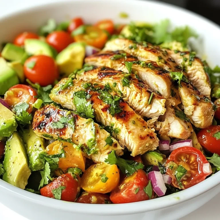 - 2 boneless, skinless chicken breasts - 2 ripe avocados, diced - 1 cup cherry tomatoes, halved - 1/2 red onion, finely chopped - 1/4 cup fresh cilantro, chopped - 3 tablespoons lime juice (about 2 limes) - 2 tablespoons olive oil - 1 teaspoon garlic powder - 1 teaspoon ground cumin - Salt and pepper to taste - Skillet - Mixing bowl - Whisk Gathering the right ingredients is key to making this salad shine. You want juicy chicken, fresh veggies, and a zesty dressing. First, we need boneless, skinless chicken breasts. They cook fast and stay moist. Ripe avocados add creaminess and flavor. Cherry tomatoes bring sweetness and color. The red onion gives crunch and a bit of bite. Fresh cilantro adds a burst of freshness. For the dressing, lime juice is a must. It gives the salad its zesty kick. Olive oil helps blend the flavors. Garlic powder and ground cumin add depth. Don't forget salt and pepper to taste. You will also need a skillet to cook the chicken. Use a mixing bowl for the salad. A whisk helps combine the dressing well. With these ingredients and tools, you’re ready to create a fresh and flavorful Zesty Lime Chicken Avocado Salad! {{ingredient_image_1}} First, season the chicken breasts. Use garlic powder, ground cumin, salt, and pepper. This mix gives the chicken great flavor. Heat olive oil in a skillet over medium heat. Cook the chicken for about 6-7 minutes on each side. You want it cooked through and juicy. The juices should run clear when done. After cooking, let the chicken rest for 5 minutes. This helps keep it moist. Then, slice it into strips. Next, let's whip up the dressing. In a small bowl, combine lime juice, olive oil, and a pinch of salt and pepper. Use a whisk to mix until it is smooth. Taste the dressing and adjust the seasoning if needed. You want it zesty but balanced. Now, it's time to mix the salad. In a large bowl, add diced avocados, halved cherry tomatoes, finely chopped red onion, and chopped cilantro. Gently toss everything together. Be careful not to mash the avocados too much. They should stay chunky for a nice texture. When it’s ready to serve, divide the salad into bowls or plates. Lay the sliced chicken on top. Drizzle the lime dressing over everything. Toss gently to coat the salad evenly. For a nice touch, you can garnish with extra cilantro and lime wedges. This adds a fresh look and taste! To keep your chicken juicy, do not overcook it. Cook the chicken for about 6-7 minutes on each side. Let it rest for 5 minutes before slicing. This step helps the juices stay inside. For the avocados, choose ripe ones. They should feel slightly soft when you press them gently. Cut them just before serving to prevent browning. You can add more herbs and spices to boost flavor. Try fresh basil or mint for a twist. You might also like a pinch of red pepper flakes for heat. When it comes to dressing, you can swap the lime juice with lemon juice. For a creamy touch, mix in some Greek yogurt. This salad pairs well with tortilla chips or crusty bread. It’s perfect for lunch on a warm day. Serve it at picnics or barbecues for a fresh option. You can also enjoy it as a light dinner. Pro Tips Perfectly Cooked Chicken: Always let your chicken rest for a few minutes after cooking. This allows the juices to redistribute, making it more tender and juicy. Ripe Avocados: Choose avocados that are slightly soft to the touch but not mushy. This ensures they are perfectly ripe for your salad. Freshness is Key: Use fresh lime juice for the dressing instead of bottled to enhance the flavor of the salad. Customize Your Salad: Add other ingredients like corn or bell peppers for extra flavor and texture. Feel free to get creative! {{image_2}} You can make this salad your own by swapping ingredients. Here are a few ideas: - Protein Alternatives: Use shrimp or tofu instead of chicken. Both options bring new flavors. Shrimp cooks quickly and adds a nice seafood touch. Tofu provides a great plant-based option. - Different Greens or Vegetables: Try adding spinach or kale. You can also mix in bell peppers or cucumbers for more crunch. If you have specific dietary needs, this salad is easy to adapt: - Low-Carb Adjustments: To lower the carbs, skip the tomatoes. You can also use less avocado, but it adds healthy fats. - Vegan Modifications: Replace the chicken with chickpeas or lentils. Use lemon juice instead of lime for a different taste. You can enhance the salad’s flavor with fun additions: - Adding Fruits: Toss in mango or pineapple for a sweet twist. These fruits add freshness and balance the lime. - Spicy Versions: Add jalapeños if you like heat. They give the salad a nice kick and brighten the taste. To keep your Zesty Lime Chicken Avocado Salad fresh, store it in the fridge. Use an airtight container to prevent the salad from drying out or absorbing odors. Place it in the refrigerator right after serving. This keeps it tasty for up to two days. If you want to save the salad for later, freezing is an option, but be careful. Avocados do not freeze well and can turn brown. Instead, freeze only the chicken. Slice the cooked chicken and place it in a freezer-safe bag. It will stay good for about three months. When ready to eat, thaw it in the fridge overnight. When reheating the chicken, do it slowly. Place the sliced chicken in a skillet over low heat. This way, it will heat through without drying out. Make sure to cover it to retain moisture. Avoid reheating the salad. It’s best enjoyed fresh. If needed, you can add a bit of lime juice before serving to bring back some flavor. To add spice, you can include jalapeños or red pepper flakes. Dicing fresh jalapeños gives a sharp kick. You can also sprinkle red pepper flakes in the dressing for heat. Adjust to your taste, but start small. This way, you can enjoy the zesty lime flavor while adding that extra kick. Yes, you can prepare parts of this salad ahead of time. Cook the chicken and make the dressing in advance. Store them in separate containers in the fridge. You can mix the fresh ingredients right before serving. This keeps the salad from getting mushy. This salad pairs well with warm tortillas or crusty bread. You might also enjoy it with a side of rice or quinoa. For drinks, try a light sparkling water or a refreshing iced tea. These sides complement the bright flavors of the salad. To make it vegan, swap the chicken for grilled tofu or chickpeas. Use a plant-based dressing that includes lime juice and olive oil. Keep the fresh ingredients like avocados and tomatoes. This way, you still enjoy the vibrant flavors while keeping it vegan. Yes, this salad is quite healthy! It has lean protein from the chicken and healthy fats from avocados. The fresh veggies add vitamins and fiber. Plus, you control the dressing, so you can make it light. It’s a great choice for a nutritious meal. You now know how to make a tasty Zesty Lime Chicken Avocado Salad. We covered key ingredients like chicken, avocados, and fresh veggies, plus a simple lime dressing. I also shared helpful tips for cooking chicken perfectly and refreshing the salad. Try swapping ingredients or adjusting flavors to suit your taste. Remember to store leftovers well and enjoy them later. This salad offers flexibility and great taste, making it perfect for any meal. Enjoy experimenting with this dish and make it your own!