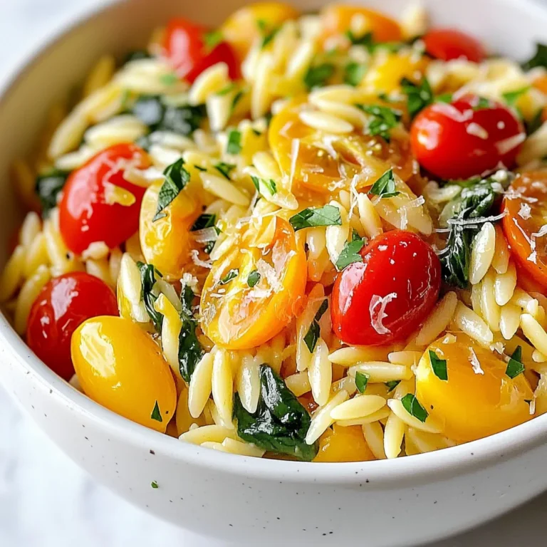 To make One-Pot Lemon Garlic Orzo, gather these simple items: - 1 cup orzo pasta - 2 tablespoons olive oil - 4 cloves garlic, minced - 1 medium yellow onion, diced - 3 cups vegetable broth - 1 cup cherry tomatoes, halved - 1 cup spinach, packed - Zest and juice of 1 lemon - 1 teaspoon dried oregano - Salt and pepper to taste - Fresh parsley, chopped (for garnish) - Grated Parmesan cheese (for serving, optional) If you are missing an ingredient, here are some swaps: - Orzo pasta: You can use any small pasta, like ditalini or couscous. - Olive oil: Canola or avocado oil works well too. - Vegetable broth: Chicken broth or water can replace it. - Spinach: Kale or Swiss chard are good alternatives. - Cherry tomatoes: Diced regular tomatoes will do. - Dried oregano: Italian seasoning or thyme can work in a pinch. Using fresh ingredients is key to great flavor. Here are some tips: - Garlic: Choose firm, plump cloves. They should not be sprouted. - Onions: Look for smooth skin and no soft spots. - Tomatoes: Pick ones that are bright and firm. - Spinach: Get fresh leaves that are vibrant and crisp. - Lemon: A heavier lemon has more juice. - Parsley: Opt for bright green leaves. Avoid yellow or wilted ones. Using fresh ingredients makes your dish pop with flavor and nutrition. This simple meal shines with bright, zesty tastes! {{ingredient_image_1}} To make One-Pot Lemon Garlic Orzo, you need a few fresh ingredients. Start by gathering everything you need: - 1 cup orzo pasta - 2 tablespoons olive oil - 4 cloves garlic, minced - 1 medium yellow onion, diced - 3 cups vegetable broth - 1 cup cherry tomatoes, halved - 1 cup spinach, packed - Zest and juice of 1 lemon - 1 teaspoon dried oregano - Salt and pepper to taste - Fresh parsley, chopped (for garnish) - Grated Parmesan cheese (for serving, optional) Take about 10 minutes to prepare. Dice the onion and mince the garlic. Halve the cherry tomatoes and zest the lemon. This makes cooking easier. Now, let’s cook! First, heat a large saucepan over medium heat. Add the olive oil and let it warm. Add the diced onion. Cook it for about 3-4 minutes. You want it to turn translucent. Next, stir in the minced garlic. Cook for an additional 1-2 minutes. Watch closely so it doesn’t burn. Then, add the orzo pasta. Toast it for 1-2 minutes while stirring. This step gives the orzo extra flavor. Pour in the vegetable broth. Add the cherry tomatoes, lemon zest, lemon juice, and dried oregano. Stir everything well. Bring it to a boil, then reduce the heat to low. Cover the pot and let it simmer for 10-12 minutes. The orzo should be cooked al dente and absorb most of the liquid. After that, stir in the spinach. It will wilt quickly. Season with salt and pepper to taste. Remove from heat and let it sit for a couple of minutes. This helps the dish thicken. Cooking orzo can be fun! Here are some tips to help: - Use a large pot to give orzo space to cook evenly. - Stir often to prevent sticking. - Taste the orzo a minute or two before the time is up. This checks for doneness. - If your orzo is too dry, add a bit more broth. - Don’t forget to let it sit after cooking. This helps all the flavors meld. Enjoy your delicious One-Pot Lemon Garlic Orzo! To boost the flavor of your One-Pot Lemon Garlic Orzo, try these tips. Add more lemon zest for a brighter taste. Fresh herbs like basil or thyme can add depth. You can also toss in a pinch of red pepper flakes for heat. If you love cheese, mix in feta for a tangy finish. A splash of white wine as you cook the garlic can add a rich layer of flavor. When making this dish, avoid these common pitfalls. Don't skip toasting the orzo; it adds a nutty flavor. Be careful not to burn the garlic while cooking. It can turn bitter quickly. Remember to check the orzo often while it simmers. If it cooks too long, it can turn mushy. Lastly, don't forget to season well with salt and pepper. This step is key to bringing out the flavors. For serving, I like to garnish with fresh parsley to add color. A sprinkle of grated Parmesan cheese makes it even better. Serve the orzo with a side of crusty bread. This adds a nice touch for soaking up any extra broth. Pair the dish with a light salad for a complete meal. You can also enjoy it as a side dish next to grilled chicken or fish. Pro Tips Use Fresh Ingredients: Fresh garlic, spinach, and tomatoes will enhance the flavor of this dish significantly compared to using dried or canned alternatives. Don’t Overcook the Orzo: Keep an eye on the cooking time to prevent the orzo from becoming mushy; it should be al dente for the best texture. Customize Your Greens: Feel free to substitute spinach with kale or arugula for a different flavor profile and added nutrients. Garnish Generously: A sprinkle of fresh parsley and a dash of lemon zest on top before serving will add a burst of color and flavor to your dish. {{image_2}} You can easily make this dish vegetarian. Swap vegetable broth for chicken broth to keep it plant-based. Add more veggies like bell peppers, zucchini, or peas for extra color and flavor. Mushrooms also add a nice earthy taste and texture. For a heartier meal, add protein to your orzo. Diced cooked chicken works great. Toss it in when you stir in the spinach. Shrimp is another tasty option. Sauté the shrimp with the garlic and onion for a few minutes before adding the orzo. This will infuse the dish with a lovely seafood flavor. Feel free to get creative with your veggies! Broccoli or asparagus pairs well with the lemon and garlic. Simply chop them into bite-sized pieces and add them during cooking. You can also mix in frozen peas or corn right at the end. They just need a minute to heat through. To store leftovers, let the orzo cool first. Then, place it in an airtight container. Keep it in the fridge for up to three days. Ensure the lid seals tightly to keep the flavors fresh. To reheat, you can use the microwave or a stovetop. If using the microwave, place the orzo in a bowl. Add a splash of broth or water to keep it moist. Heat in 30-second bursts, stirring in between. For stovetop, warm it in a pan over low heat. Stir often to prevent sticking. You can freeze this dish for later. First, cool it completely. Then, portion it into freezer-safe bags. Remove as much air as possible before sealing. Label the bags with the date. You can freeze it for up to three months. When ready to eat, thaw it in the fridge overnight before reheating. Orzo is a type of pasta that looks like rice. It is small and oval-shaped, making it great for soups and salads. I love using orzo because it cooks quickly. You can find it in most grocery stores. It is made from wheat, so it has a nice chewy texture. Yes, you can make this dish gluten-free. Just use gluten-free orzo pasta. Many brands offer gluten-free pasta made from rice or corn. This way, you can enjoy the same great taste without the gluten. Always check the package to ensure it fits your needs. To make more servings, simply double or triple the recipe. This dish serves four, so you can easily adjust it. For every cup of orzo, add two cups of broth. Keep the same amounts for the other ingredients. Just make sure your pot is large enough to hold it all. Stir well and enjoy! In this post, we explored orzo pasta, from its key ingredients to cooking tips. We discussed tasty substitutes and storage methods to keep leftovers fresh. Remember, using fresh ingredients can make a big difference in flavor. Be mindful of common mistakes when cooking orzo. You can also make fun variations with veggies or proteins. With these tips, you'll create delightful dishes with ease. Enjoy your orzo cooking adventure!
