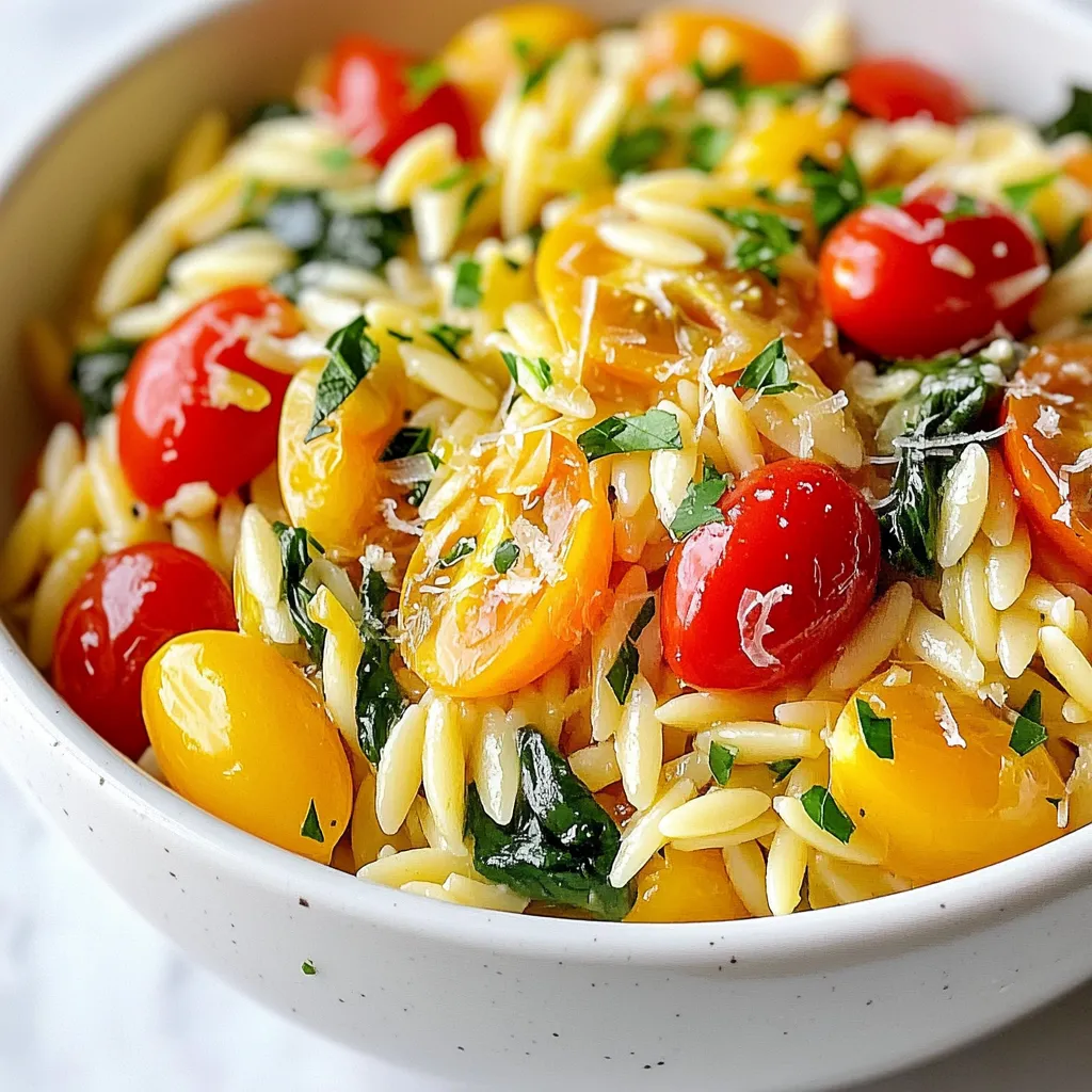 To make One-Pot Lemon Garlic Orzo, gather these simple items: - 1 cup orzo pasta - 2 tablespoons olive oil - 4 cloves garlic, minced - 1 medium yellow onion, diced - 3 cups vegetable broth - 1 cup cherry tomatoes, halved - 1 cup spinach, packed - Zest and juice of 1 lemon - 1 teaspoon dried oregano - Salt and pepper to taste - Fresh parsley, chopped (for garnish) - Grated Parmesan cheese (for serving, optional) If you are missing an ingredient, here are some swaps: - Orzo pasta: You can use any small pasta, like ditalini or couscous. - Olive oil: Canola or avocado oil works well too. - Vegetable broth: Chicken broth or water can replace it. - Spinach: Kale or Swiss chard are good alternatives. - Cherry tomatoes: Diced regular tomatoes will do. - Dried oregano: Italian seasoning or thyme can work in a pinch. Using fresh ingredients is key to great flavor. Here are some tips: - Garlic: Choose firm, plump cloves. They should not be sprouted. - Onions: Look for smooth skin and no soft spots. - Tomatoes: Pick ones that are bright and firm. - Spinach: Get fresh leaves that are vibrant and crisp. - Lemon: A heavier lemon has more juice. - Parsley: Opt for bright green leaves. Avoid yellow or wilted ones. Using fresh ingredients makes your dish pop with flavor and nutrition. This simple meal shines with bright, zesty tastes! {{ingredient_image_1}} To make One-Pot Lemon Garlic Orzo, you need a few fresh ingredients. Start by gathering everything you need: - 1 cup orzo pasta - 2 tablespoons olive oil - 4 cloves garlic, minced - 1 medium yellow onion, diced - 3 cups vegetable broth - 1 cup cherry tomatoes, halved - 1 cup spinach, packed - Zest and juice of 1 lemon - 1 teaspoon dried oregano - Salt and pepper to taste - Fresh parsley, chopped (for garnish) - Grated Parmesan cheese (for serving, optional) Take about 10 minutes to prepare. Dice the onion and mince the garlic. Halve the cherry tomatoes and zest the lemon. This makes cooking easier. Now, let’s cook! First, heat a large saucepan over medium heat. Add the olive oil and let it warm. Add the diced onion. Cook it for about 3-4 minutes. You want it to turn translucent. Next, stir in the minced garlic. Cook for an additional 1-2 minutes. Watch closely so it doesn’t burn. Then, add the orzo pasta. Toast it for 1-2 minutes while stirring. This step gives the orzo extra flavor. Pour in the vegetable broth. Add the cherry tomatoes, lemon zest, lemon juice, and dried oregano. Stir everything well. Bring it to a boil, then reduce the heat to low. Cover the pot and let it simmer for 10-12 minutes. The orzo should be cooked al dente and absorb most of the liquid. After that, stir in the spinach. It will wilt quickly. Season with salt and pepper to taste. Remove from heat and let it sit for a couple of minutes. This helps the dish thicken. Cooking orzo can be fun! Here are some tips to help: - Use a large pot to give orzo space to cook evenly. - Stir often to prevent sticking. - Taste the orzo a minute or two before the time is up. This checks for doneness. - If your orzo is too dry, add a bit more broth. - Don’t forget to let it sit after cooking. This helps all the flavors meld. Enjoy your delicious One-Pot Lemon Garlic Orzo! To boost the flavor of your One-Pot Lemon Garlic Orzo, try these tips. Add more lemon zest for a brighter taste. Fresh herbs like basil or thyme can add depth. You can also toss in a pinch of red pepper flakes for heat. If you love cheese, mix in feta for a tangy finish. A splash of white wine as you cook the garlic can add a rich layer of flavor. When making this dish, avoid these common pitfalls. Don't skip toasting the orzo; it adds a nutty flavor. Be careful not to burn the garlic while cooking. It can turn bitter quickly. Remember to check the orzo often while it simmers. If it cooks too long, it can turn mushy. Lastly, don't forget to season well with salt and pepper. This step is key to bringing out the flavors. For serving, I like to garnish with fresh parsley to add color. A sprinkle of grated Parmesan cheese makes it even better. Serve the orzo with a side of crusty bread. This adds a nice touch for soaking up any extra broth. Pair the dish with a light salad for a complete meal. You can also enjoy it as a side dish next to grilled chicken or fish. Pro Tips Use Fresh Ingredients: Fresh garlic, spinach, and tomatoes will enhance the flavor of this dish significantly compared to using dried or canned alternatives. Don’t Overcook the Orzo: Keep an eye on the cooking time to prevent the orzo from becoming mushy; it should be al dente for the best texture. Customize Your Greens: Feel free to substitute spinach with kale or arugula for a different flavor profile and added nutrients. Garnish Generously: A sprinkle of fresh parsley and a dash of lemon zest on top before serving will add a burst of color and flavor to your dish. {{image_2}} You can easily make this dish vegetarian. Swap vegetable broth for chicken broth to keep it plant-based. Add more veggies like bell peppers, zucchini, or peas for extra color and flavor. Mushrooms also add a nice earthy taste and texture. For a heartier meal, add protein to your orzo. Diced cooked chicken works great. Toss it in when you stir in the spinach. Shrimp is another tasty option. Sauté the shrimp with the garlic and onion for a few minutes before adding the orzo. This will infuse the dish with a lovely seafood flavor. Feel free to get creative with your veggies! Broccoli or asparagus pairs well with the lemon and garlic. Simply chop them into bite-sized pieces and add them during cooking. You can also mix in frozen peas or corn right at the end. They just need a minute to heat through. To store leftovers, let the orzo cool first. Then, place it in an airtight container. Keep it in the fridge for up to three days. Ensure the lid seals tightly to keep the flavors fresh. To reheat, you can use the microwave or a stovetop. If using the microwave, place the orzo in a bowl. Add a splash of broth or water to keep it moist. Heat in 30-second bursts, stirring in between. For stovetop, warm it in a pan over low heat. Stir often to prevent sticking. You can freeze this dish for later. First, cool it completely. Then, portion it into freezer-safe bags. Remove as much air as possible before sealing. Label the bags with the date. You can freeze it for up to three months. When ready to eat, thaw it in the fridge overnight before reheating. Orzo is a type of pasta that looks like rice. It is small and oval-shaped, making it great for soups and salads. I love using orzo because it cooks quickly. You can find it in most grocery stores. It is made from wheat, so it has a nice chewy texture. Yes, you can make this dish gluten-free. Just use gluten-free orzo pasta. Many brands offer gluten-free pasta made from rice or corn. This way, you can enjoy the same great taste without the gluten. Always check the package to ensure it fits your needs. To make more servings, simply double or triple the recipe. This dish serves four, so you can easily adjust it. For every cup of orzo, add two cups of broth. Keep the same amounts for the other ingredients. Just make sure your pot is large enough to hold it all. Stir well and enjoy! In this post, we explored orzo pasta, from its key ingredients to cooking tips. We discussed tasty substitutes and storage methods to keep leftovers fresh. Remember, using fresh ingredients can make a big difference in flavor. Be mindful of common mistakes when cooking orzo. You can also make fun variations with veggies or proteins. With these tips, you'll create delightful dishes with ease. Enjoy your orzo cooking adventure!
