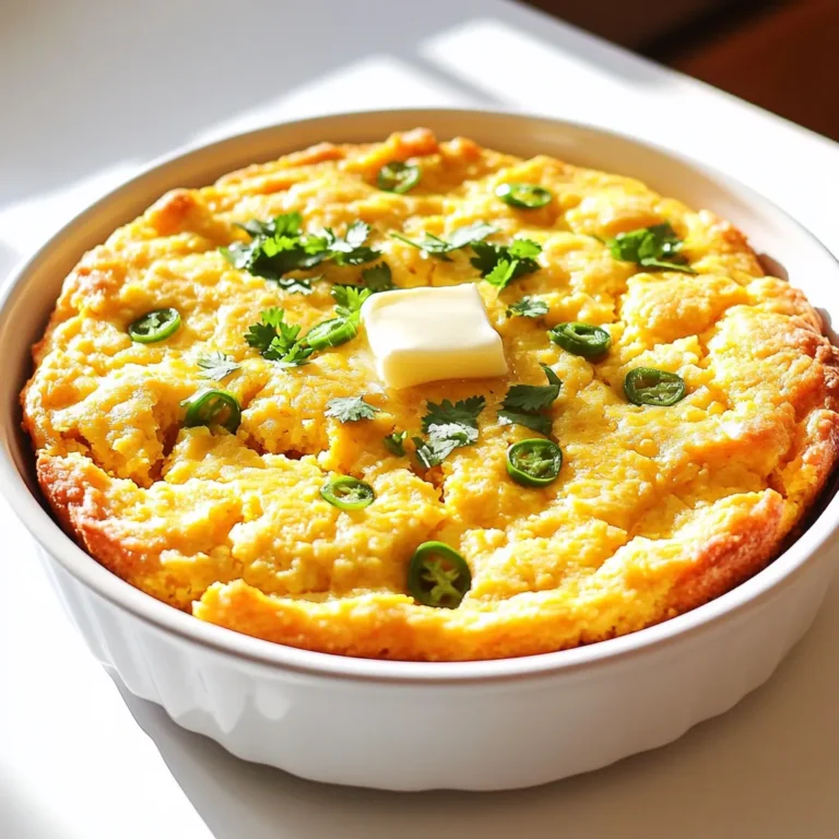 - 1 cup cornmeal - 1 cup all-purpose flour - 1 tablespoon baking powder - ½ teaspoon salt - 1 cup buttermilk (or milk with 1 tablespoon vinegar) - 2 large eggs - ¼ cup honey - ½ cup melted butter - 1 cup shredded sharp cheddar cheese - 1-2 jalapeños, finely chopped (seeds removed for less heat) - 1 tablespoon fresh cilantro, chopped (optional for garnish) Cornbread has a rich history in cooking. For this jalapeño cheddar cornbread, we need a mix of dry and wet items. First, I use cornmeal and all-purpose flour. Both give the cornbread a nice texture. Baking powder makes it rise. Salt adds flavor. Next, we need wet ingredients. Buttermilk gives moisture and a slight tang. If you don't have buttermilk, milk with vinegar works too. Eggs bind the mix and help it rise. Honey adds a hint of sweetness, while melted butter brings richness. Finally, we add flavor. Sharp cheddar cheese makes it cheesy and savory. Jalapeños add a spicy kick. You can adjust the heat by adding fewer jalapeños or leaving the seeds in. Fresh cilantro is optional but adds a fresh taste. Gather these ingredients, and you're ready to make a tasty dish that everyone will love! 1. First, preheat your oven to 400°F (200°C). This helps the cornbread cook evenly. 2. Next, grease a 9-inch square baking dish or a cast-iron skillet. Use butter or oil for a non-stick surface. 1. In a large mixing bowl, combine 1 cup cornmeal and 1 cup all-purpose flour. 2. Add 1 tablespoon baking powder, ½ teaspoon salt, and ¼ teaspoon baking soda. Mix well so everything blends nicely. 1. In a separate bowl, whisk together 1 cup buttermilk, 2 large eggs, ¼ cup honey, and ½ cup melted butter. 2. Make sure everything is well combined and smooth. 1. Gradually pour the wet mixture into the dry ingredients. Stir gently until just combined. Don’t over mix; it’s okay if a few lumps remain. 2. Fold in 1 cup shredded sharp cheddar cheese and 1-2 finely chopped jalapeños. Mix until evenly distributed. 1. Pour the batter into the prepared dish or skillet. Smooth the top with a spatula. 2. Bake in the preheated oven for 20-25 minutes. Check for doneness by inserting a toothpick in the center. It should come out clean. Enjoy this tasty bread warm, and consider topping it with butter or fresh cilantro! - Avoiding over-mixing: When you mix the wet and dry ingredients, stir gently. Over-mixing makes cornbread tough. You want a light and fluffy texture. Stop mixing when you see a few lumps. - Adjusting baking time based on oven type: Every oven behaves a bit differently. If your oven runs hot, check the cornbread a few minutes early. If it’s cooler, it may need a bit more time. Look for a golden top and a clean toothpick. - Choosing the right type of cheese: Sharp cheddar gives great flavor. You can try pepper jack for a spicier kick. Each cheese brings its own taste. Experiment and find what you like best. - Adjusting jalapeño heat level: For less heat, remove the seeds and white ribs inside the jalapeños. For more heat, leave them in or add extra jalapeños. Taste the batter for spice before baking. - Pairing with complementary dishes: Jalapeño cheddar cornbread pairs well with chili or soup. It also goes great with grilled meats. The flavors blend nicely. - Presentation tips for serving: Serve cornbread warm. Add a pat of butter on top. Garnish with fresh cilantro for a pop of color. You could also slice it into squares for a neat look. {{image_2}} You can change the cheese in this cornbread. Try using pepper jack for a spicy kick. Mozzarella gives a milder taste and adds a lovely stretch. Mixing different cheeses can also boost flavor. Experiment with what you love! The heat of the cornbread depends on the jalapeño amount. If you want it mild, use just one jalapeño and remove the seeds. For more heat, add two or more. You can also add diced bell peppers for a sweet touch. This gives you a fun mix of flavors! Adding corn kernels makes the cornbread sweeter and adds texture. You can also try herbs like thyme or rosemary for a fresh twist. Spices like cumin or smoked paprika can elevate the taste too. It’s all about what you enjoy! To keep your Jalapeño Cheddar Cornbread fresh, store it in an airtight container. This helps retain moisture and flavor. Place the cornbread in the fridge if you have leftovers. It lasts about 3 to 5 days in the fridge. Always check for off smells or mold before eating. To freeze cornbread, first, let it cool completely. Then, wrap it tightly in plastic wrap and foil. This prevents freezer burn and keeps it tasty. You can freeze it for up to 3 months. When you want to eat it, thaw the cornbread overnight in the fridge. For reheating, preheat your oven to 350°F (175°C). Place the cornbread in the oven for about 10 to 15 minutes. This warms it up and keeps it soft. You can also microwave it for 30 seconds to 1 minute if you're in a hurry. Enjoy your cornbread warm! Yes, you can make this cornbread ahead of time. Once baked, let it cool completely. Wrap it in plastic wrap or aluminum foil. Store it in the fridge for up to three days. To serve, just reheat it in the oven at 350°F (175°C) for about 10-15 minutes. This keeps the cornbread warm and fresh. To make this cornbread gluten-free, swap out all-purpose flour for a gluten-free blend. Use a mix that contains xanthan gum to help with texture. Almond flour or coconut flour can also work, but adjust the amount. You may need to use less liquid with these options. This cornbread pairs well with many dishes. Try it with chili for a hearty meal. It also goes great with soups, like chicken or vegetable soup. For a lighter option, serve it with a fresh salad. You can even enjoy it with butter and honey for a sweet treat. To make more cornbread, simply double or triple the recipe. Keep the same ratios for all ingredients. If using a larger dish, check the baking time. It may need a few extra minutes to cook through. Always test with a toothpick to ensure it’s done. This guide covers everything to make Jalapeño Cheddar Cornbread. You learned about the key ingredients: cornmeal, flour, buttermilk, and cheese. Following the clear steps ensures your cornbread bakes perfectly each time. Remember the tips for texture and flavor to enhance your dish. Whether you’re adding spices or storing leftovers, feel free to experiment. Enjoy your cornbread with sides that complement its flavors. The possibilities are endless, so have fun creating your version of this tasty treat.