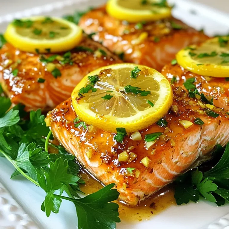 To make Honey Lemon Garlic Salmon, you need fresh ingredients that bring flavor and health. Here’s a simple list: - 4 salmon fillets (about 6 oz each) - 1/4 cup honey - 1/4 cup fresh lemon juice - 2 tablespoons soy sauce - 3 cloves garlic, minced - 2 tablespoons olive oil - Salt and pepper to taste - Lemon slices for garnish - Fresh parsley, chopped for garnish Each ingredient plays a key role in making this dish tasty and bright. The salmon provides healthy fats and protein. Honey adds sweetness, while lemon juice gives it a tangy kick. Soy sauce adds depth, and garlic brings in a warm, savory note. Olive oil helps the salmon stay moist during cooking. Finally, the garnishes make your dish look great and add fresh flavor. Using fresh ingredients ensures the best taste. I recommend using wild-caught salmon for more flavor and health benefits. Make sure to have everything ready before you start cooking. This way, you can enjoy the process and have fun in the kitchen! {{ingredient_image_1}} To start, grab a small bowl. In it, whisk together the following: - 1/4 cup honey - 1/4 cup fresh lemon juice - 2 tablespoons soy sauce - 3 cloves garlic, minced - 2 tablespoons olive oil Whisk until the mix is smooth and well combined. This step is key for great flavor. Next, take your four salmon fillets and place them in a shallow dish. Pour the marinade over the fillets. Make sure each piece is fully coated. Cover the dish with plastic wrap. Place it in the fridge for at least 30 minutes. This time lets the salmon soak up the flavors. Now, let’s get the oven ready. Preheat it to 400°F (200°C). While it heats up, take the marinated salmon from the fridge. Move the fillets to a baking dish with the skin side down. Don’t forget to save some marinade for later. Season the salmon with salt and pepper to taste. Pour the remaining marinade over the top. Once your oven is hot, bake the salmon for about 12-15 minutes. You’ll know it’s done when it flakes easily with a fork. Halfway through, baste the salmon with the saved marinade for that extra zing. After baking, take the salmon out of the oven. Let it rest for a couple of minutes. This helps keep it juicy. When you’re ready to serve, garnish with lemon slices and chopped parsley. For a nice touch, serve the salmon on a platter lined with fresh greens. Drizzle any extra sauce over the top for a glossy look. Enjoy! To make your honey lemon garlic salmon truly amazing, basting is key. Basting means brushing the salmon with the marinade while it cooks. This adds moisture and flavor. I recommend basting halfway through cooking. Use a spoon to drizzle some marinade over the top. You can also use a brush for this step. If you want to adjust the taste, think about your ingredients. Add more honey for sweetness or more lemon juice for zest. You can even try adding fresh herbs like thyme or dill. This gives your dish a fresh twist. Experiment and find your perfect blend. You can cook honey lemon garlic salmon in different ways. Grilling is a great option. It gives the fish a smoky flavor. Just prepare your grill and keep it at medium heat. Cook the salmon for 4-5 minutes on each side. Pan-searing is another method. Heat some olive oil in a pan. Place the salmon skin side down. Cook for 5-6 minutes, then flip and cook for 4-5 more minutes. Both methods keep the salmon juicy and tender. Choose your favorite! Pro Tips Marinate Longer for Depth: The longer you marinate the salmon, the more flavorful it will be. If time allows, marinate for 1-2 hours for a richer taste. Use Fresh Ingredients: Opt for fresh garlic and freshly squeezed lemon juice to enhance the overall flavor of the dish. Check for Doneness: To ensure your salmon is perfectly cooked, use a fork to gently flake the thickest part. It should be opaque and flake easily. Adjust Sweetness: If you prefer a less sweet sauce, reduce the amount of honey or add a bit more soy sauce for a balanced flavor. {{image_2}} You can easily swap ingredients in this honey lemon garlic salmon recipe. If you want a different sweetness, try maple syrup or agave nectar. Both add a nice touch. For a citrus twist, use lime juice instead of lemon. The taste will change, but it will still be fresh and bright. When it comes to fish, salmon is great, but other options work too. Trout is a tasty choice and cooks similarly. If you prefer a lighter fish, use cod or tilapia. Both will soak up the marinade well and taste delicious. To up the flavor, consider adding herbs and spices. Fresh dill or thyme pairs well with lemon and garlic. Just sprinkle them on before baking. You can also add red pepper flakes if you like some heat. This small change can make a big difference. Serving the salmon with sauces can enhance the meal. A yogurt sauce made with fresh herbs adds creaminess. Or, try a tangy balsamic glaze for some depth. Both can complement the sweet and savory notes of the salmon, making each bite even better. To store leftover honey lemon garlic salmon, first let it cool. Place the salmon in an airtight container. This keeps the fish fresh and prevents odors. It is best to refrigerate the salmon within two hours of cooking. The salmon lasts about three days in the fridge. You can freeze cooked salmon for up to three months. Wrap each fillet tightly in plastic wrap. Then place the wrapped fillets in a freezer-safe bag. Remove as much air as possible to prevent freezer burn. When ready to eat, thaw the salmon overnight in the fridge. This keeps its taste and texture. For quick thawing, you can place the sealed bag in cold water for about an hour. I recommend marinating salmon for at least 30 minutes. This time allows the flavors to soak in. If you have more time, you can marinate it for 1 to 2 hours. Just be careful not to go too long, as the acid in the lemon juice can change the fish's texture. Several sides go well with honey lemon garlic salmon. Here are my favorites: - Steamed broccoli - Garlic mashed potatoes - Quinoa salad - Roasted asparagus - Mixed green salad with vinaigrette These sides balance the sweet and tangy flavors of the salmon. Yes, you can use other fish for this recipe. Some great alternatives include: - Trout: It has a similar texture and flavor. - Cod: This fish is mild and flaky. - Mahi-mahi: It holds up well to baking. These options will still taste great with the honey lemon garlic marinade. This blog post covered everything you need for cooking delicious honey lemon garlic salmon. We discussed ingredients, marinade prep, and baking instructions. You learned tips for perfect flavor and different cooking methods. We also explored ingredient swaps and how to store leftovers. In conclusion, enjoy experimenting with this dish. Don’t hesitate to make it your own, and share it with family and friends. Happy cooking!