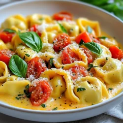 To make Creamy Tomato Basil Tortellini, you will need: - 12 oz cheese tortellini (fresh or frozen) - 2 tablespoons olive oil - 3 cloves garlic, minced - 1 can (14 oz) diced tomatoes, with juice - 1 cup heavy cream - 1 cup fresh basil leaves, chopped - 1 teaspoon Italian seasoning - Salt and pepper to taste - ½ cup grated Parmesan cheese - Fresh basil leaves for garnish (optional) Each ingredient plays a key role in building flavor. The tortellini brings richness, while the tomatoes add freshness. Basil adds a nice herbal touch, making this dish bright and lively. You might want to swap some ingredients. If you can’t find cheese tortellini, try using another type of pasta. You can use gluten-free pasta if needed. If you want a lighter option, use half-and-half instead of heavy cream. For a dairy-free version, coconut milk works well. Fresh basil is ideal, but dried basil can work in a pinch. Just use less, as dried herbs are more potent. Fresh tortellini cooks faster than frozen. If you use frozen, just add a few extra minutes to the cooking time. Both options taste great, so choose based on your time and what you can find. Fresh tortellini has a softer texture and more flavor. However, frozen is convenient and still delicious. Either way, this dish will be a hit! {{ingredient_image_1}} First, fill a large pot with water. Add salt to taste. Bring the water to a boil. Once boiling, add 12 oz of cheese tortellini. Cook according to the package instructions until the tortellini is al dente. This usually takes about 3 to 5 minutes. Drain the tortellini in a colander and set it aside. Next, heat 2 tablespoons of olive oil in a large skillet over medium heat. Once the oil is hot, add 3 cloves of minced garlic. Sauté the garlic for about one minute. You want it fragrant but not browned. After that, add one can of diced tomatoes, including the juice. Stir in 1 teaspoon of Italian seasoning, salt, and pepper to taste. Cook this mixture for about 3 to 4 minutes, until the tomatoes are heated through. Now, reduce the heat to low. Slowly pour in 1 cup of heavy cream while stirring. Allow the mixture to simmer for another 2 to 3 minutes. This will help the sauce thicken slightly. Then, add the cooked tortellini to the skillet. Stir in 1 cup of chopped fresh basil and ½ cup of grated Parmesan cheese. Mix everything until well combined. Taste and adjust the seasoning if needed. Serve hot, and garnish with extra basil leaves and more Parmesan if you like. For the best creamy tomato basil tortellini, use a large pot. Start with salted boiling water for the tortellini. This step helps enhance the flavor. Cook the tortellini until al dente. This means they should be firm yet tender. Drain them well and set them aside. In a skillet, heat olive oil over medium heat. Adding garlic after the oil is hot brings out its rich flavor. Sauté the garlic until it smells great, but don’t let it brown. This keeps the taste fresh and light. To get that creamy texture, slowly add the heavy cream to the skillet. Stir constantly as you pour. This helps blend the cream smoothly with the tomato base. Keep the heat low when you add the cream. This prevents it from boiling too fast. Allow it to simmer for a few minutes. You want it thick but still pourable. If it gets too thick, add a splash of water or broth. This keeps your sauce silky and easy to mix with tortellini. You can take your dish to the next level with a few extras. Try adding a pinch of red pepper flakes for some heat. If you like a deeper flavor, add a splash of balsamic vinegar. Fresh spinach or arugula can add more color and nutrition. For a richer taste, use fresh herbs like thyme or oregano. You can also mix in vegetables like spinach or mushrooms. Each of these can make the dish more vibrant. Don't forget to taste and adjust the seasonings before serving. Pro Tips Use Fresh Basil: Fresh basil adds a vibrant flavor that dried basil can't match. Add it at the end of cooking to preserve its bright taste. Adjust Creaminess: If you prefer a lighter sauce, you can substitute half of the heavy cream with chicken or vegetable broth for a delicious variation. Enhance Flavor: For an extra flavor boost, consider adding a splash of balsamic vinegar or a pinch of red pepper flakes to the tomato base. Perfect Tortellini: Be careful not to overcook the tortellini; they should be al dente for the best texture when mixed with the creamy sauce. {{image_2}} For a vegetarian twist, keep the dish simple. You can swap out the cheese tortellini for a veggie-filled option. Look for tortellini with spinach or mushroom. This adds flavor and nutrients. You can also add more veggies to your sauce. Consider bell peppers, zucchini, or mushrooms. Sauté them with the garlic for extra taste. If you want more protein, try adding cooked chicken or shrimp. Both options blend well with the creamy sauce. Simply sauté the protein until cooked through, then mix it with the tortellini. For a meat-free option, add chickpeas or white beans. They add protein and texture without meat. Feel free to get creative with herbs and spices. Swap basil for fresh parsley or oregano. These options still give a fresh taste. You can also add a pinch of red pepper flakes for heat. This adds depth to the dish. Try different combinations to find what you love best! You can keep leftover creamy tomato basil tortellini in an airtight container. Make sure to let it cool to room temperature before sealing. Store it in the fridge for up to three days. If you want to enjoy it later, freezing is a great option. To freeze this dish, follow these steps: - Let the tortellini cool completely. - Place it in a freezer-safe container or bag. - Remove as much air as possible to prevent freezer burn. - Label the bag with the date. You can freeze it for up to three months. Reheating is simple and quick. Here’s how: - For the microwave, place the tortellini in a bowl and add a splash of water. - Cover it with a microwave-safe lid. Heat in 30-second bursts, stirring in between until hot. - If using a skillet, add a little olive oil and heat over medium heat. Stir until warmed through. - For both methods, you can add a bit more cream for extra richness. Yes, you can use homemade tortellini. In fact, it adds a personal touch. Fresh tortellini often has better flavor and texture. Just make sure it's cooked until al dente. Adjust the cooking time based on the size and thickness of your pasta. Homemade tortellini can make this dish feel special and unique. To make Creamy Tomato Basil Tortellini dairy-free, swap heavy cream for coconut cream or cashew cream. These options keep the dish rich and creamy. Use dairy-free cheese as a substitute for Parmesan. Nutritional yeast also works well for a cheesy flavor without dairy. Your taste buds won’t miss the dairy at all! You can serve this dish with a simple side salad or garlic bread. A fresh green salad adds brightness and crunch. Garlic bread pairs perfectly, soaking up the creamy sauce. You might also consider pairing it with a light soup for a cozy meal. Enjoying this dish with a glass of white wine can elevate your dining experience! In this article, we explored making creamy tomato basil tortellini. We covered ingredients, cooking steps, and helpful tips. You learned about substitutions, the best techniques, and how to store leftovers. Don’t forget the fun variations like vegetarian options and protein additions. Cooking can be simple and enjoyable. Now, you have the tools to create a delicious dish. Make it your own and savor every bite!
