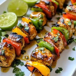 - Chicken breast details: - 1 pound chicken breast, cut into 1-inch cubes - Marinade ingredients: - 1/4 cup honey - 1/4 cup lime juice (freshly squeezed) - 2 tablespoons olive oil - 2 cloves garlic, minced - 1 teaspoon ground cumin - 1 teaspoon smoked paprika - Salt and pepper to taste - Vegetables needed: - 1 red bell pepper, cut into 1-inch pieces - 1 green bell pepper, cut into 1-inch pieces - 1 red onion, cut into 1-inch pieces - Fresh cilantro, for garnish - Lime wedges, for serving When choosing chicken breast, look for fresh, firm pieces free of blemishes. The honey and lime juice create a sweet and tangy mix that brings out the best flavors. The spices add depth, making this dish not just tasty but also fragrant. The peppers and onion add color and crunch, balancing the juicy chicken. The marinade is key. It infuses the chicken with flavor and keeps it moist when grilling. I recommend using fresh lime juice for the best taste. The olive oil helps the spices stick to the chicken, creating a nice crust when grilled. This recipe is simple but full of flavor. You can easily adjust the spices based on your taste. Feel free to add more garlic or even some chili powder for heat. Enjoy getting creative with your skewers! {{ingredient_image_1}} First, you will make the marinade. In a medium bowl, add the following ingredients: - 1/4 cup honey - 1/4 cup lime juice (freshly squeezed) - 2 tablespoons olive oil - 2 cloves garlic, minced - 1 teaspoon ground cumin - 1 teaspoon smoked paprika - Salt and pepper to taste Next, whisk these ingredients together until they blend well. You want a smooth mix that smells great. Once you have the marinade ready, add the chicken cubes. Make sure each piece is coated in the marinade. Cover the bowl and put it in the fridge for at least 30 minutes. If you have time, let it sit for up to 2 hours. This step gives the chicken more flavor. While the chicken marinates, it’s time to prepare the skewers. If you are using wooden skewers, soak them in water for about 10 minutes. This helps stop them from burning on the grill. You can skip this step if you use metal skewers. Once the skewers are ready, take the marinated chicken out. Now, thread the chicken cubes, red bell pepper pieces, green bell pepper pieces, and red onion pieces onto the skewers. Alternate the pieces as you go. This makes the skewers colorful and tasty. Before cooking, preheat your grill to medium-high heat. This is key for getting nice grill marks and juicy chicken. When the grill is hot, place the skewers on it. Cook for about 12-15 minutes. Turn the skewers every few minutes to ensure even cooking. You know they are done when the chicken is cooked through and has lovely grill marks. Once finished, take them off the grill and let them rest for a few minutes. This allows the juices to settle, making the chicken even juicier. - Ideal marinating time: Marinate the chicken for at least 30 minutes. For the best taste, let it soak for up to 2 hours. This gives the chicken time to absorb the sweet and tangy flavors. - Flavor enhancement techniques: Use fresh lime juice for a bright taste. Adding minced garlic brings a nice kick. You can also mix in fresh herbs like cilantro or parsley to boost flavor. - How to achieve perfect grill marks: Preheat your grill to medium-high heat. Place the skewers on the grill and do not move them for the first few minutes. This helps to form those beautiful grill marks. - Ensuring chicken is cooked through: Grill the skewers for about 12-15 minutes. Make sure to turn them occasionally. Use a meat thermometer to check that the chicken reaches 165°F (74°C) for safe eating. - Garnishes for presentation: Once cooked, remove the skewers from the grill. Top with fresh cilantro for a pop of color. Serve with lime wedges for an extra zing. - Pairing suggestions: These skewers go great with rice or a fresh salad. A side of grilled corn or a cool yogurt dip can also complement the dish well. Pro Tips Marinate Longer for Flavor: Allow the chicken to marinate for up to 2 hours to enhance the flavor profile, making it juicier and more delicious. Use Fresh Ingredients: Opt for freshly squeezed lime juice and fresh garlic for the best taste and aroma in your skewers. Don't Overcrowd the Skewers: Ensure there's enough space between the chicken and vegetables on the skewers to allow even cooking and proper grill marks. Check Doneness with a Thermometer: Use a meat thermometer to ensure chicken is cooked to an internal temperature of 165°F for safety and perfect texture. {{image_2}} You can switch up proteins for more fun. Shrimp works great with this marinade. Tofu is an awesome choice for a vegetarian option. Both soak up the honey lime taste well. For veggies, try zucchini or mushrooms. They add a different texture and flavor. Feel free to get creative with what you have on hand. Want to change the flavor a bit? Add spices like chili powder for some heat. Fresh herbs like basil or mint can bring new life to the skewers. You can also adjust sweetness by using more or less honey. If you want a tangy kick, add lime zest. It really boosts the lime flavor. You don't have to grill these skewers. You can bake them in the oven too. Preheat your oven to 400°F and place them on a baking sheet. Bake for about 20 minutes or until cooked through. Broiling is another option. Just keep a close eye on them so they don’t burn. Broil for about 8-10 minutes, turning halfway for even cooking. To keep your Honey Lime Chicken Skewers tasty, store leftovers properly. First, let them cool down to room temperature. Then, place the skewers in an airtight container. They last for about three to four days in the fridge. If you want to keep them longer, freezing is a great option. Wrap each skewer tightly in plastic wrap. Then, place them in a freezer-safe bag. They can stay good in the freezer for up to three months. When you're ready to eat, just thaw them overnight in the fridge. Reheating your skewers can be easy and quick. The best way is to use an oven. Preheat your oven to 350°F (175°C). Place the skewers on a baking sheet and cover them with foil. Heat for about 10-15 minutes. This keeps them moist and prevents drying out. If you prefer using a microwave, you can do that too. Place the skewers on a microwave-safe plate and cover them with a damp paper towel. Heat in short bursts of 30 seconds, checking after each. Make sure they are hot all the way through before serving. Enjoying your leftovers should always feel like a special treat! Can I use frozen chicken? Yes, you can use frozen chicken. However, make sure to thaw it first. Thawing helps the chicken absorb the marinade better. It also ensures even cooking on the grill. How long do leftovers last? Leftovers can last in the fridge for 3 to 4 days. To keep them fresh, store them in an airtight container. Make sure they cool down before sealing. What can I serve with honey lime chicken skewers? You can serve these skewers with rice, salad, or grilled veggies. They pair well with a light dipping sauce too. Try a yogurt-based sauce for a refreshing touch. Can I use a grill pan instead of an outdoor grill? Absolutely! A grill pan works well indoors. Just preheat it over medium-high heat. Your skewers will still get those nice grill marks and flavor. What's the best way to know when chicken is properly cooked? The best way is to use a meat thermometer. Chicken should reach an internal temperature of 165°F. If you don’t have one, cut into the thickest piece. The meat should be white with no pink. Can I make it spicy? Yes, you can add heat! Mix in some chili powder or cayenne pepper to the marinade. You can also add sliced jalapeños to the skewers for extra spice. What are alternative marinades I can use? You can try using teriyaki sauce or a soy sauce-based marinade. Citrus-based marinades, like orange or lemon, also work great. Get creative with herbs and spices to find your favorite flavor! You learned how to make delicious honey lime chicken skewers. We covered the key ingredients, step-by-step instructions, and helpful tips. Variations allow you to get creative when cooking. Soak skewers and evenly cook chicken for the best results. Store leftovers safely, and enjoy them later. Remember, you can adjust flavors or try new proteins. With these insights, your skewers will impress anyone. Happy grilling!