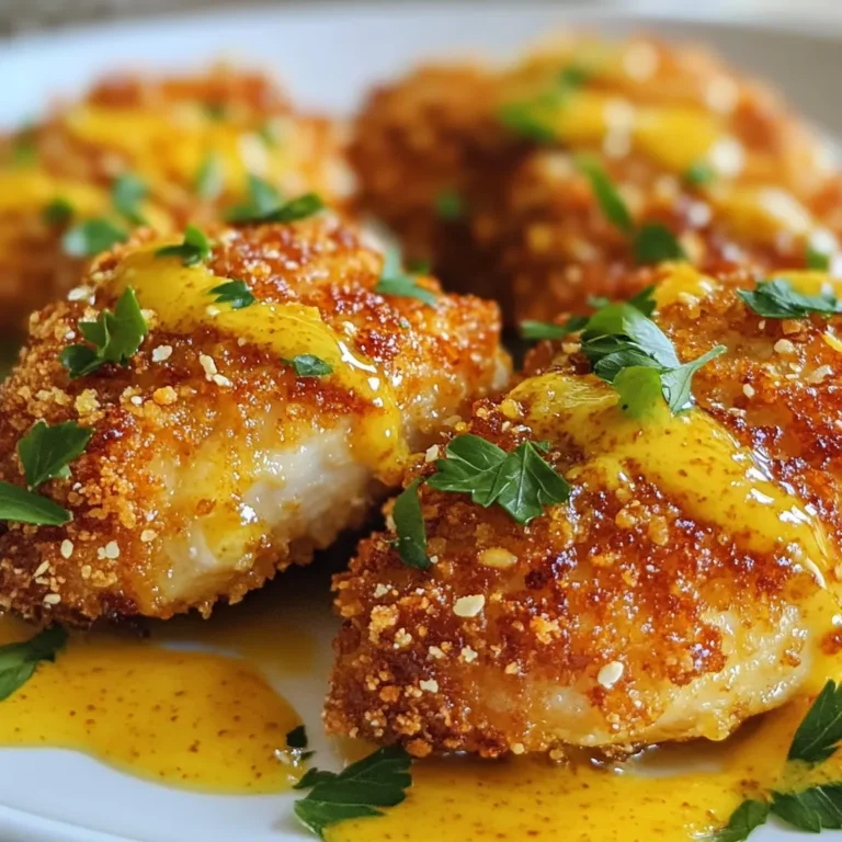 - 4 boneless, skinless chicken breasts - 1 cup pretzels, crushed into small pieces - 1/2 cup panko bread crumbs - 1/4 cup all-purpose flour - 2 large eggs - 1/4 cup honey - 1/4 cup Dijon mustard - 1 tablespoon apple cider vinegar For our Honey Mustard Pretzel Chicken, we start with chicken breasts. They are lean and juicy, making them perfect for this recipe. Next, we need pretzels. Crushed pretzels give a nice crunch and salty flavor. Panko bread crumbs add extra crispiness to the coating. Flour helps the egg mixture stick to the chicken. The honey and Dijon mustard mix creates a sweet and tangy sauce that makes the dish shine. - 1/2 teaspoon garlic powder - 1/2 teaspoon onion powder - 1/2 teaspoon smoked paprika - 1/2 teaspoon salt - 1/4 teaspoon black pepper Spices are key to great flavor. Garlic powder adds depth, while onion powder brings sweetness. Smoked paprika gives a hint of smokiness that enhances the chicken. Salt and black pepper boost all the flavors, making each bite tasty. - Fresh parsley, chopped Finally, we can garnish with fresh parsley. This adds color and a fresh flavor to the dish. It makes the plate look appealing and bright. You can skip it, but I recommend using it for a nice touch. {{ingredient_image_1}} - Preheat the Oven: Start by setting your oven to 400°F (200°C). This makes sure your chicken cooks evenly and gets that nice crisp. - Prepare the Coating Mixture: In a shallow dish, mix together the crushed pretzels, panko bread crumbs, garlic powder, onion powder, smoked paprika, salt, and pepper. This blend gives the chicken a great crunch and flavor. Set this aside for later. - Dredging the Chicken: Take each chicken breast and coat it in flour. Make sure to shake off any extra flour. Then, dip each piece into the beaten eggs. Let any excess egg drip off. Now, press the chicken breasts into the pretzel mixture. Make sure they are well coated, then place them on a baking sheet lined with parchment paper. - Baking Process: Drizzle half of the honey mustard sauce over the coated chicken. Bake in the preheated oven for about 20-25 minutes. You want the chicken to be golden brown and cooked through. In the last 5 minutes, drizzle the rest of the honey mustard sauce over the chicken for extra flavor. - Drizzling Sauce and Garnishing: Once the chicken is done baking, take it out and let it rest for a few minutes. This keeps it juicy. Before serving, garnish with chopped parsley for a fresh look. Serve your crispy chicken on a platter, drizzled with more honey mustard sauce. Enjoy this savory treat! Ensuring Even Coating To get that perfect crunch, coat the chicken well. Start by dredging the chicken in flour first. This helps the egg stick better. Make sure each piece gets a good layer of the pretzel mix. Press down gently to ensure it sticks. This extra care makes a big difference. Baking Time and Temperature Adjustments Cooking at 400°F (200°C) works great for this dish. Keep an eye on the chicken. If your pieces are thicker, you may need a little extra time. Aim for 25 to 30 minutes to ensure they are fully cooked. Always check with a meat thermometer; chicken should hit 165°F (74°C). Gluten-Free Options If you need a gluten-free meal, swap regular flour for almond flour or a gluten-free blend. Use gluten-free pretzels, too. This keeps the taste and texture. Your friends won’t even notice the difference! Healthier Alternatives For a lighter dish, replace the panko with crushed oats. You can also use skinless chicken thighs instead of breasts. They stay moist while cooking. For the sauce, consider using a sugar-free honey option. Storing Leftovers Store any leftovers in an airtight container. They can last in the fridge for up to three days. Make sure to let the chicken cool before sealing it. This keeps the coating crispy longer. Best Reheating Methods To reheat, place the chicken in the oven at 350°F (175°C) for about 10-15 minutes. This helps keep it crispy. You can also use an air fryer if you have one. Just a few minutes will bring back the crunch. Pro Tips Use Fresh Ingredients: Always opt for fresh chicken and quality mustard for the best flavor in your dish. Adjust the Spice: Feel free to add a pinch of cayenne pepper or crushed red pepper flakes for a spicy kick. Let the Chicken Rest: Allow the chicken to rest for a few minutes after baking; this helps retain moisture and improves texture. Experiment with Toppings: Try adding some grated cheese on top during the last few minutes of baking for an extra layer of flavor. {{image_2}} Want to add some zing? You can use spicy mustard or hot sauce in the honey mustard mix. This will kick up the flavor and make your taste buds dance. For a fresh twist, try adding herbs like thyme or rosemary. Chop them finely and mix them into the coating. This gives the chicken an aromatic boost. If you are watching carbs, you can make a low-carb version. Use crushed pork rinds in place of pretzels. This keeps the crunch without the carbs. For a vegetarian option, replace chicken with eggplant slices. Just slice the eggplant, coat it, and bake until golden. Pair this chicken with roasted veggies or a fresh salad. The crunch of the chicken goes well with soft, cooked sides. For leftovers, shred the chicken and toss it in a salad. You can also use it in wraps or sandwiches. This way, every meal can be different and delicious! Each serving of Honey Mustard Pretzel Chicken has about 350 calories. It packs a great punch of nutrition while being tasty. Here's the breakdown: - Protein: 30g - Fat: 15g - Carbohydrates: 30g This meal provides a solid balance of protein, fats, and carbs. You'll enjoy a filling dish without overloading on calories. This dish uses simple and healthy ingredients. Chicken breasts are high in protein and low in fat. They help build muscles and keep you feeling full. The honey in the sauce gives you natural sweetness. Honey has antioxidants that can boost your health. Mustard adds flavor and may help with digestion. It also contains vitamins and minerals like selenium and magnesium. Honey Mustard Pretzel Chicken can fit into many diets. It is great for those who want a filling meal. - Keto: You can swap the flour and pretzels for almond flour or crushed nuts. - Gluten-Free: Use gluten-free pretzels and flour to make this dish safe for those with gluten allergies. This recipe is versatile and can be tailored to meet your dietary needs. Can I use chicken thighs instead of breasts? Yes, you can use chicken thighs. They add more flavor and stay juicy. Just adjust the cooking time to ensure they reach 165°F. How can I make this dish ahead of time? You can prep the chicken and coating. Keep them in the fridge. Bake the chicken just before serving for the best crunch. What to serve with Honey Mustard Pretzel Chicken? I love to serve this dish with roasted veggies or a fresh green salad. You can also pair it with mashed potatoes for comfort food. How can I ensure my chicken turns out juicy? Brining the chicken in saltwater for 30 minutes helps. Make sure not to overcook it in the oven. Always check the internal temperature. Can I use regular mustard instead of Dijon? You can use regular mustard, but Dijon adds a nice tang. The flavor may change a bit, but it will still be tasty. What is the best type of pretzels to use? I recommend using traditional pretzels. They crush well and give a great crunch. Avoid pretzel sticks, as they may not coat the chicken evenly. This blog shared a tasty Honey Mustard Pretzel Chicken recipe. We explored key ingredients, spices, and helpful tips. I showed you how to prepare and cook this dish easily. Plus, I provided ideas for variations and ingredient swaps. Nutritional information helps you make good choices. You can enjoy this dish with sides or as leftovers. Remember, cooking is fun and full of learning. Enjoy your meal!
