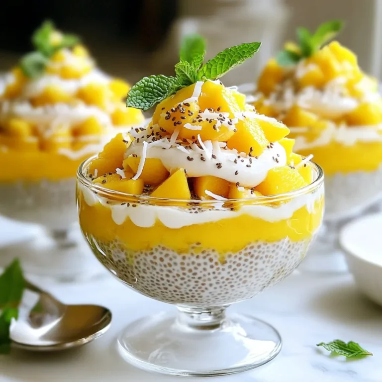 Chia pudding is simple to make and uses fresh, tasty items. Here’s what you need: - Coconut Milk - Chia Seeds - Sweetener Options - Ripe Mango - Flavor Enhancers - Optional Toppings Let’s break these down. Coconut milk gives this pudding a rich, creamy base. You can use canned or carton types. Both work well. The coconut flavor shines through. Chia seeds are the magic ingredient. They soak up liquid and turn into a gel-like texture. This makes the pudding thick and satisfying. I recommend using maple syrup or honey. Both add sweetness and flavor. Adjust the amount to your taste. You can also use stevia or agave for a low-calorie option. Mango brings a fruity burst. Choose a ripe mango for the best sweetness. Peel and dice it before adding it to your pudding. Fresh mango makes every bite delightful. A splash of vanilla extract adds a lovely aroma. A pinch of salt boosts all the flavors. Both are easy to add and make a big difference. Get creative with toppings! You can add shredded coconut, fresh berries, or mint leaves. These add color and extra flavor. Try different combinations to find your favorite. With these ingredients, you’re on your way to a tasty and healthy treat! {{ingredient_image_1}} - Mixing the Ingredients In a medium mixing bowl, add 1 cup of coconut milk. Next, pour in 1/4 cup of chia seeds. Then, add 2 tablespoons of maple syrup. You can swap this for honey if you prefer. Add 1/2 teaspoon of vanilla extract and a pinch of salt. Whisk everything together. Make sure the chia seeds mix well with the coconut milk. - Refrigeration and Waiting Time Cover the bowl with plastic wrap or a lid. Place it in the refrigerator. Let it sit for at least 4 hours or overnight. This waiting time lets the chia seeds swell. They will absorb the liquid and create a thick pudding-like texture. - Final Stirring for Consistency After the waiting time, take the bowl out of the fridge. Stir the mixture well. This breaks up any clumps that may have formed. You want a smooth and creamy pudding. - Portioning the Pudding Grab serving glasses or bowls. Spoon the chia pudding into each one. Make sure to fill them evenly so everyone gets a good portion. This recipe serves four people. - Adding Toppings Now comes the fun part! Top each serving with diced mango. You can add extra toppings too. Consider using shredded coconut, fresh berries, or mint leaves. These add flavor and color to your dish. Enjoy your mango coconut chia pudding! To make great chia pudding, you need to focus on two key steps: mixing and resting. First, when you mix your ingredients, ensure the chia seeds spread evenly. This helps prevent clumps. I whisk them well with the coconut milk and other ingredients. Next, let the mixture rest in the fridge. This allows the chia seeds to absorb liquid and swell. A good time is at least four hours or overnight. The longer they sit, the thicker your pudding will get. When it comes to sweeteners, maple syrup and honey are both good choices. Maple syrup has a rich flavor, while honey adds a lovely floral note. You can pick based on what you like best. If you prefer a sugar-free option, try stevia or monk fruit sweetener. These choices keep the pudding sweet without adding extra sugar. Just remember to taste as you go, so you find the right sweetness for you. Pro Tips Chia Seeds Soaking Time: Ensure that you let the chia seeds soak for at least 4 hours or overnight for the best pudding consistency. Choosing Coconut Milk: Use full-fat canned coconut milk for a creamier texture, or light coconut milk for a lighter option. Mango Ripeness: Choose a ripe mango for natural sweetness and the best flavor. It should give slightly when pressed. Customization Options: Feel free to mix in other fruits or toppings like nuts or seeds to personalize your pudding. {{image_2}} You can play with fruits in mango coconut chia pudding. Try using pineapple or berries. Pineapple adds a tropical twist. Berries give a sweet and tart contrast. You can mix and match fruits for fun flavors. Other great combinations include: - Banana and coconut for a rich taste. - Kiwi and lime for a zesty kick. - Peaches and almonds for a summer vibe. Adding citrus zest can boost the flavor too. Lime or orange zest gives a fresh touch. The choice of fruits can change the look and taste, making each pudding a new treat. If you want to switch it up, try different milk options. You can substitute coconut milk with almond milk or oat milk. Each choice brings its own flavor and texture. Almond milk is light and nutty. Oat milk is creamy and smooth. Here are some ideas for non-dairy milks: - Soy milk for a protein boost. - Cashew milk for a rich, creamy pudding. These alternatives can help people with dietary needs enjoy this treat. They keep the pudding just as delightful while adding new flavors. To keep your mango coconut chia pudding fresh, store it in the fridge. Use an airtight container to lock in the flavors. This pudding stays tasty for about 5 days. If you notice any changes in smell or texture, it's best to discard it. You can enjoy this pudding cold or at room temperature. If you want to warm it, do so gently in the microwave. Stir well after heating. For added fun, top it with fresh mango, berries, or shredded coconut before serving. This will make every bite exciting! How long does it take for chia seeds to thicken? Chia seeds need about 4 hours to thicken. For best results, let them sit overnight. The seeds soak up the liquid and become soft, forming a pudding-like texture. Can I use whole chia seeds or do they need to be ground? You can use whole chia seeds. Grinding them is not necessary. Whole seeds add a nice texture to your pudding and provide great nutrition. Is Mango Coconut Chia Pudding healthy? Yes, this pudding is very healthy! Chia seeds are rich in fiber, protein, and omega-3 fatty acids. Coconut milk adds healthy fats. Mango brings vitamins and sweetness without added sugars. Can I make this recipe ahead of time? Absolutely! This pudding is perfect for meal prep. You can make it up to three days in advance. Just store it in the fridge in an airtight container. What can I substitute for maple syrup? If you don’t have maple syrup, honey works well too. You can also use agave nectar or coconut sugar. Each option will give a unique flavor to your pudding. You learned how to make Mango Coconut Chia Pudding. We covered key ingredients like chia seeds and coconut milk. The step-by-step guide helped simplify the preparation. I shared tips for perfect texture and tasty variations. This pudding is fun to customize, with many fruit options to try. Remember to store it well for freshness. With this knowledge, you can enjoy a healthy treat that delights your taste buds. Happy pudding-making!