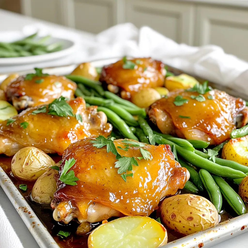 - 4 boneless, skinless chicken thighs - 1/4 cup honey - 1/4 cup Dijon mustard The star of this dish is the boneless, skinless chicken thighs. They stay juicy and tender during cooking. Honey adds a sweet touch, while Dijon mustard gives a nice tang. This combo creates a glaze that makes the chicken shine. - 2 tablespoons olive oil - 2 cloves garlic, minced - 1 teaspoon smoked paprika - 1 teaspoon dried thyme - Salt and pepper to taste Olive oil helps everything cook evenly. Garlic adds flavor depth. Smoked paprika gives a hint of smokiness. Dried thyme brings earthiness. Salt and pepper are key to enhancing all flavors. - 2 cups baby potatoes, halved - 1 cup green beans, trimmed - Fresh parsley for garnish Baby potatoes cook perfectly next to the chicken. They get crispy and soft at the same time. Green beans add color and crunch. Fresh parsley on top brightens the dish and makes it pretty. 1. First, preheat your oven to 425°F (220°C). This helps cook the chicken and veggies evenly. 2. Next, make the honey Dijon glaze. In a medium bowl, whisk together: - 1/4 cup honey - 1/4 cup Dijon mustard - 2 tablespoons olive oil - 2 cloves garlic, minced - 1 teaspoon smoked paprika - 1 teaspoon dried thyme - Salt and pepper to taste Mix until it's smooth and well combined. How to marinate for optimal flavor? To marinate the chicken, place 4 boneless, skinless chicken thighs in a large bowl or zip-top bag. Pour half of the glaze over the chicken. Toss to coat well. This step helps the chicken soak up all the yummy flavors. Suggested marination time: Let the chicken marinate for at least 15 minutes. This short time allows the flavors to blend while you prepare the veggies. Arranging the vegetables and chicken: On a large sheet pan, spread out 2 cups of halved baby potatoes and 1 cup of trimmed green beans. Drizzle with olive oil and season with salt and pepper. Toss them to coat evenly. Then, nestle the marinated chicken thighs among the veggies. Drizzling the glaze: Use the remaining glaze to drizzle over the top of both the chicken and vegetables. This adds extra flavor as they bake. Cooking time and temperature: Bake in the preheated oven for 25-30 minutes. Check that the chicken reaches an internal temperature of 165°F (74°C) and that the potatoes are tender. Tips for broiling: If you want a nice golden color, broil for an extra 2-3 minutes at the end. Just keep an eye on it to prevent burning. Enjoy the delicious aroma filling your home! To get the best glaze, you can adjust the sweetness and tang. If you like it sweeter, add more honey. For a tangy kick, increase the Dijon mustard. This balance makes the dish pop with flavor. If you need a substitute for Dijon mustard, try yellow mustard or whole grain mustard. Both offer a different taste but still work well in the glaze. You can also mix in some apple cider vinegar for extra zest. For this dish, baby potatoes and green beans are great choices. They cook well and soak up the glaze's flavor. Other good veggies include carrots, broccoli, or bell peppers. These options add color and nutrition to your meal. If you want to switch proteins, you can use chicken breasts, pork chops, or even tofu. Each option brings a unique taste and texture. Just adjust the cooking time as needed. Serve your Honey Dijon Chicken with a side of rice or a fresh salad. These sides balance the rich flavors of the chicken. For plating, arrange the chicken and veggies artfully on the plate. Drizzle some extra glaze over the top for a beautiful finish. Garnish with fresh parsley for a touch of color. This makes the meal look as good as it tastes! {{image_2}} You can change up your honey Dijon chicken by using different veggies. Seasonal vegetables are great. In spring, try asparagus or peas. In summer, bell peppers and zucchini shine. Fall brings in squash and carrots. Winter is perfect for hearty root veggies like parsnips and beets. You can also use frozen vegetables. They are quick and easy. Just toss them on the sheet pan like fresh ones. There’s no need to thaw them first. The honey Dijon glaze will flavor them well as they cook. Want to mix things up? You can try different marinades. Citrus options are fresh and bright. Use orange juice or lemon juice in place of some honey. This adds a tangy twist to your dish. Herb-infused alternatives are also tasty. Add chopped rosemary or oregano to the glaze. These herbs bring depth and aroma to the meal. Experimenting with flavors can lead to new favorites. Preparing ahead of time makes weeknight dinners easy. You can marinate the chicken the night before. Just store it in the fridge with the glaze. This gives the chicken more flavor. For leftovers, you can freeze them. Allow the chicken and veggies to cool. Place them in airtight containers. They will stay fresh for up to three months. To reheat, just pop them in the oven until warm. Enjoy your meal prep success! To store leftovers, let the dish cool first. Place the chicken and veggies in an airtight container. You can keep it in the fridge for up to three days. This helps keep the flavors fresh. I recommend using glass containers. They are sturdy and do not stain. If you prefer, use BPA-free plastic containers. Make sure they seal tight to avoid spills. To freeze, start with cooled leftovers. Cut the chicken into smaller pieces for easier storage. Place the chicken and veggies in freezer bags. Squeeze out excess air before sealing. You can also use airtight containers. Label the bags with the date. This helps track how long they’ve been frozen. To reheat effectively, thaw the meal overnight in the fridge. You can also use the microwave. Heat it on medium power until warm. For best results, reheat in the oven. Set it to 350°F (175°C) and bake for about 15 minutes. This keeps the chicken juicy and the veggies tender. Enjoy your meal! You should bake the chicken for 25 to 30 minutes. Check if the chicken reaches 165°F (74°C). This ensures it is safe to eat. If you want a golden color, broil for 2 to 3 minutes at the end. Yes, you can use bone-in chicken. Just keep in mind that it may take longer to cook. You will need to bake it for about 35 to 40 minutes. Always check the internal temperature to ensure it is cooked through. If you don’t have Dijon mustard, you can use yellow mustard or honey mustard. Yellow mustard is milder but still adds flavor. Honey mustard will add sweetness, so adjust the honey in your glaze. Yes, this recipe can be gluten-free. Just make sure your Dijon mustard is gluten-free. Most brands are, but check the label to be sure. The other ingredients are naturally gluten-free, so you can enjoy this meal worry-free. This blog shared a simple recipe for Honey Dijon Chicken. You learned about key ingredients: chicken thighs, honey, and Dijon mustard. I walked you through preparation steps, marinating tips, and the baking process. We also explored variations, storage info, and common questions. Remember, cooking doesn't have to be hard. Feel free to experiment with flavors and make this dish your own. Enjoy your meal and happy cooking!