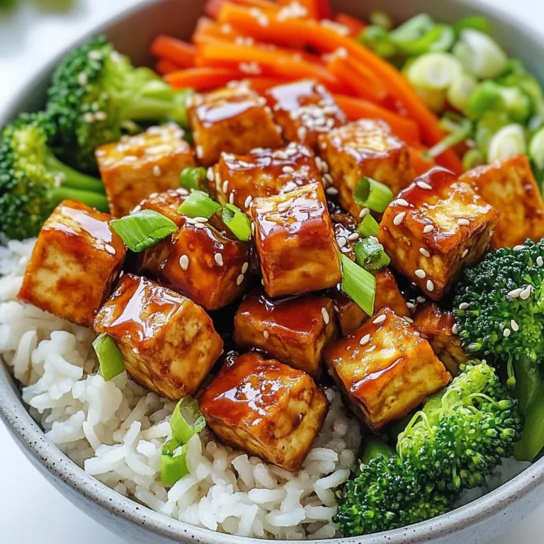 - Firm tofu and its preparation You need 1 block of firm tofu. Press it for 15-30 minutes to remove extra water. This helps the tofu absorb the teriyaki marinade better. - Teriyaki marinade components The teriyaki marinade includes: - 1/4 cup soy sauce - 2 tablespoons honey or maple syrup - 1 tablespoon rice vinegar - 1 tablespoon sesame oil - 1 teaspoon garlic powder - 1 teaspoon ginger powder Mix these ingredients well. This sweet and savory mix brings great flavor to the tofu. - Cooked grains and vegetables For a hearty base, use: - 1 cup cooked brown rice or quinoa - 1 cup broccoli florets - 1/2 red bell pepper, sliced - 1 carrot, julienned - 2 green onions, sliced - Toasted sesame seeds for garnish - Salt and pepper to taste These veggies add color and crunch to your bowl. The grains provide a filling base for the dish. {{ingredient_image_1}} To start, grab a mixing bowl. Combine 1/4 cup of soy sauce, 2 tablespoons of honey or maple syrup, 1 tablespoon of rice vinegar, and 1 tablespoon of sesame oil. Add 1 teaspoon of garlic powder and 1 teaspoon of ginger powder. Mix well until smooth. This marinade gives the tofu a rich, tasty flavor. Next, take your block of firm tofu. Press it to remove excess water, then cut it into cubes. Add the tofu cubes to the marinade. Gently toss them to coat. Let the tofu sit for at least 15 minutes. This step helps the tofu soak up all the flavors. Now, preheat your air fryer to 375°F (190°C). Once hot, place the marinated tofu in the air fryer basket. Make sure the pieces are in a single layer and not crowded. Air fry the tofu for 12 to 15 minutes. Shake the basket halfway through for even cooking. You'll know it's done when the tofu is golden and crispy. While the tofu cooks, prepare the veggies. In a saucepan or steamer, add 1 cup of broccoli florets, 1/2 sliced red bell pepper, and 1 julienned carrot. Lightly steam these for about 3 to 5 minutes, just until they are tender but still bright. This keeps their crunch and color. To serve, start with a generous scoop of cooked brown rice or quinoa in each bowl. Top it with the crispy teriyaki tofu. Arrange the steamed vegetables on the side. For a finishing touch, add sliced green onions and a sprinkle of toasted sesame seeds. Season with salt and pepper to taste before enjoying your meal. Tofu can be tricky if you don’t prepare it right. Start with firm tofu. Press it for at least 15 minutes to remove excess water. This step helps the tofu absorb the teriyaki marinade well. Cut your tofu into even cubes. Consistent sizes ensure even cooking. When marinating, use a bowl that allows the marinade to cover all the pieces. Toss gently to coat every cube. Preheat your air fryer to 375°F (190°C). This makes the tofu crispy. Place the marinated tofu in a single layer. Do not overcrowd the basket; this can lead to soggy tofu. Shake the basket halfway through cooking. This helps all sides crisp up nicely. Check the tofu around the 12-minute mark. If it's golden brown, it’s ready. If not, give it a few more minutes. Serving is key to a great meal. Start with a base of brown rice or quinoa in your bowl. Top with the crispy teriyaki tofu. Arrange steamed vegetables like broccoli, red bell pepper, and carrots around the tofu. Garnish with sliced green onions and toasted sesame seeds for a pop of color and crunch. A sprinkle of salt and pepper adds flavor. Enjoy your beautiful and tasty creation! Pro Tips Press Tofu Well: Make sure to press the tofu thoroughly to remove excess moisture. This helps the tofu absorb the marinade better and achieve a crispier texture when air-fried. Customize Your Vegetables: Feel free to use any seasonal vegetables you have on hand. Zucchini, snap peas, or bell peppers can all work beautifully in this dish. Perfect Marinade Time: For an even richer flavor, let the tofu marinate for at least 30 minutes, or even overnight in the refrigerator if you have time. Garnish for Flavor: Don’t skip the toasted sesame seeds and green onions! They not only add visual appeal but also enhance the dish with extra flavor and texture. {{image_2}} You can switch out the tofu for other proteins. Tempeh works well here. It has a nutty taste and a firm texture. You can also use chickpeas for a hearty, plant-based option. If you prefer meat, chicken or shrimp can fit nicely. Each protein absorbs the teriyaki sauce flavor well. While brown rice is a classic choice, you can try quinoa for a nutty twist. Cauliflower rice offers a low-carb option that still fills you up. Farro or barley can add a chewy texture to your bowl. Feel free to mix and match based on your taste and diet. You can get creative with your veggies. In spring, add asparagus or snap peas for crunch. Summer zucchini or corn can bring a sweet touch. In fall, try roasted sweet potatoes or Brussels sprouts. Winter calls for hearty greens like kale or Swiss chard, which add color and nutrition. Use what’s fresh and in season! To store leftovers, let the tofu bowls cool down first. Place them in an airtight container. Keep the container in the fridge for up to three days. Make sure to separate the tofu from the rice and vegetables to keep them fresh. To reheat, you can use the microwave or the air fryer. For the microwave, place the food in a safe dish. Heat it for about one to two minutes. If you want to use the air fryer, set it to 350°F (175°C). Heat for about five to seven minutes until warm and crispy. You can freeze the marinated tofu before cooking. Just place it in a freezer-safe bag. Squeeze out the air and seal it. The tofu can stay fresh in the freezer for up to two months. To use, thaw it in the fridge overnight before air frying. However, cooked bowls do not freeze well, as the rice and veggies can become mushy when thawed. Yes, this recipe is already vegan! You can use maple syrup instead of honey. Both options create a sweet and tasty teriyaki sauce. Just follow the recipe as is, and you will enjoy a delicious vegan meal. To change the sweetness, you can add more or less maple syrup. Start with a little and taste as you go. If you want it sweeter, add more syrup. If you prefer it less sweet, use less syrup. Simple adjustments make a big difference. Many sides go well with teriyaki tofu bowls. Some options include: - Steamed edamame - Cucumber salad - Miso soup - Pickled vegetables These sides add flavor and texture to your meal. Yes, you can bake or pan-fry the tofu if you don’t have an air fryer. For baking, spread the marinated tofu on a baking sheet. Bake at 400°F (200°C) for about 25-30 minutes. Just flip halfway for even cooking. Pan-frying works too; heat some oil in a pan and cook until golden. Yes, you can prepare several parts ahead. Marinate the tofu and store it in the fridge for a day. You can also cook the grains and chop the veggies in advance. Just store them separately until you are ready to assemble your bowls. This makes mealtime quick and easy! This blog post showed you how to make tasty teriyaki tofu bowls. You learned about key ingredients and step-by-step cooking instructions. I shared tips for great flavor and texture, along with fun variations. You now know how to store leftovers and keep them fresh. With these steps, you can enjoy a healthy meal anytime. Try your own twists to make it even better!