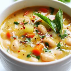 To make a hearty Tuscan white bean soup, you need these key ingredients: - 2 cans (15 oz each) of cannellini beans, drained and rinsed - 4 cups vegetable broth - 1 medium onion, finely chopped - 2 cloves garlic, minced - 2 medium carrots, diced - 2 celery stalks, diced - 1 cup diced tomatoes (canned or fresh) - 2 cups kale or spinach, chopped - 1 teaspoon dried oregano - 1/2 teaspoon red pepper flakes (adjust to taste) - 2 tablespoons olive oil - Salt and pepper to taste - Fresh basil or parsley for garnish These ingredients create a rich, flavorful soup that warms the soul. The cannellini beans provide a creamy texture. The veggies add color and nutrients. Fresh herbs bring brightness to every bite. You can boost the flavor of your soup with these optional ingredients: - A splash of lemon juice for brightness - A pinch of smoked paprika for depth - Some grated Parmesan cheese for creaminess - A bay leaf for an aromatic touch These extras can take your soup to the next level. For example, lemon juice adds a nice zing. Smoked paprika offers a warm, earthy taste. Do you want to make some swaps? Here are some simple substitutions: - White beans can replace cannellini beans. - Chicken broth works well if you prefer a non-vegetarian option. - Spinach can stand in for kale. - Fresh tomatoes can be substituted with canned tomatoes. Feel free to mix and match based on what you have. The soup will still be delicious, no matter how you adjust the ingredients. Cooking should always be fun and creative! {{ingredient_image_1}} 1. Gather all your ingredients. You will need cannellini beans, broth, onion, garlic, carrots, celery, tomatoes, kale or spinach, dried oregano, red pepper flakes, olive oil, salt, and pepper. 2. Drain and rinse the cannellini beans. This helps remove extra sodium. 3. Chop the onion, carrots, and celery into small pieces. Mince the garlic. Dice the tomatoes if using fresh ones. 4. Prepare your herbs, like fresh basil or parsley, for garnish. 1. In a large pot, heat the olive oil over medium heat. 2. Add the chopped onion, carrots, and celery. Sauté for about 5 to 7 minutes until the veggies soften. 3. Stir in the minced garlic and cook for one more minute until it smells great. 4. Add the diced tomatoes, oregano, red pepper flakes, and a pinch of salt and pepper. Cook for 3 to 4 minutes. This helps the tomatoes break down. 5. Pour in the vegetable broth. Bring the mixture to a gentle simmer. 6. Add the rinsed cannellini beans. Stir well and let it simmer for 10 to 15 minutes. This helps the flavors mix together. 7. Fold in the chopped kale or spinach just before serving. Cook for another 5 minutes until wilted and tender. 1. Taste the soup. Add more salt and pepper if needed to make it just right. 2. Serve hot, ladling it into bowls. 3. Garnish with fresh basil or parsley. You can drizzle a little olive oil on top for extra flavor. Enjoy your meal! To get the best texture in your soup, start with good beans. Use two cans of cannellini beans. Rinse them well to remove extra salt. When cooking, sauté your vegetables until soft but not mushy. Keep the carrots and celery in small, even pieces. This helps them cook at the same time. When adding greens, fold them in gently and just until wilted. This keeps them bright and fresh. For more flavor, start with a rich broth. A homemade vegetable broth works wonders. You can also add herbs like thyme or rosemary. Fresh herbs add a bright touch. If you want heat, adjust the red pepper flakes to your taste. A splash of lemon juice right before serving brightens all the flavors. Don't forget to season well with salt and pepper. Taste as you go to get it just right. Serve your soup hot in deep bowls. Garnish with fresh basil or parsley. A drizzle of extra virgin olive oil on top adds richness. Pair your soup with crusty bread for dipping. It makes a complete meal. You can also offer a sprinkle of parmesan cheese for a savory touch. Enjoy your Tuscan White Bean Soup with friends and family for a cozy meal. Pro Tips Use Fresh Ingredients: Whenever possible, opt for fresh vegetables and herbs to enhance the flavor and nutritional value of your soup. Adjust the Spice Level: Feel free to modify the amount of red pepper flakes to suit your personal heat preference. Start with less and add more as needed. Make it Heartier: For a more filling dish, add diced potatoes or cooked quinoa to the soup during the simmering stage. Storage Tips: This soup stores well in the refrigerator for up to 5 days. Reheat gently on the stove, adding a splash of broth if it gets too thick. {{image_2}} You can boost the protein in your Tuscan white bean soup easily. Consider adding cooked chicken, turkey, or even some diced ham. These meats add flavor and heartiness. If you want plant-based protein, try adding tofu or tempeh. Both soak up the soup's rich taste well. Cook them separately, then stir them in right before serving for the best texture. This soup is naturally vegetarian and can be made vegan too! Just make sure to use vegetable broth. For added richness, you might blend a bit of soaked cashews into the soup. This gives a creamy texture without dairy. You can also include more beans or lentils for protein. They blend well and keep the meal filling. To change the flavor of your soup, try adding different herbs. Fresh thyme or rosemary can bring a new twist. You can also add lemon juice or zest for a bright taste. If you like heat, increase the red pepper flakes or add diced jalapeños. For a smoky flavor, try adding smoked paprika or a small amount of liquid smoke. These simple changes can make your soup unique every time you make it. After enjoying your Tuscan white bean soup, let it cool down. Transfer the soup into an airtight container. Make sure to store it in the fridge. It will last for about 3 to 4 days. If you have a lot of leftovers, consider portioning them into smaller containers. This way, you can easily grab a serving whenever you want. When you’re ready to enjoy your soup again, take it out of the fridge. Pour the desired amount into a pot. Heat it over medium-low heat. Stir often until it warms up. You can also reheat it in the microwave. Place the soup in a microwave-safe bowl. Cover it with a paper towel. Heat in short intervals, stirring in between, until it’s hot. If you want to save the soup for later, freezing is a great option. First, let the soup cool completely. Then, pour it into freezer-safe bags or containers. Leave some space at the top, as the soup will expand when frozen. Label the bags with the date. You can freeze it for up to 3 months. When you're ready to eat, thaw it in the fridge overnight before reheating. Tuscan White Bean Soup is a warm and hearty dish. It features cannellini beans as the star. You cook these beans in a mix of vegetables, herbs, and broth. The soup is rich in flavor and nutrition. It often includes onion, garlic, carrots, and kale. This dish is perfect for a cozy meal. Yes, you can swap cannellini beans for other beans. Great options include navy beans or great northern beans. Each type will bring a slightly different taste. Just make sure to rinse any canned beans you use. This step helps remove excess salt and improves the flavor. You can store Tuscan White Bean Soup in the fridge for about three to four days. Make sure to keep it in an airtight container. If you want to store it longer, consider freezing it. In the freezer, it can last for up to three months. Just remember to thaw it in the fridge before reheating. In this post, we explored the essential ingredients for Tuscan White Bean Soup. We discussed preparation and cooking steps to ensure great results. Tips for texture and flavor gave you ways to elevate your dish. I shared variations for protein and diet preferences. Lastly, I covered storage and reheating to keep your soup fresh. Cooking can be fun. Use the provided steps to create a tasty meal. Enjoy your cooking!