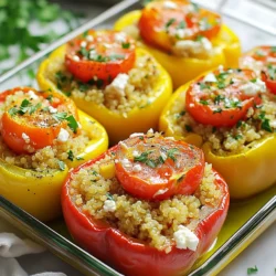Here’s what you need for Mediterranean stuffed peppers: - 4 large bell peppers (red, yellow, or green) - 1 cup quinoa, rinsed - 2 cups vegetable broth (or water) - 1 cup cherry tomatoes, halved - 1 cup canned chickpeas, drained and rinsed - 1/2 cup kalamata olives, pitted and chopped - 1/2 cup feta cheese, crumbled - 1 teaspoon dried oregano - 1 teaspoon garlic powder - Salt and pepper, to taste - 2 tablespoons olive oil - Fresh parsley, chopped (for garnish) You can easily swap ingredients to suit your taste: - Use brown rice or couscous instead of quinoa for a different grain. - If you’re not a fan of chickpeas, try black beans or lentils. - Replace feta with goat cheese or omit it for a vegan option. - Add spinach or zucchini for extra veggies in the filling. - Use fresh herbs like basil or mint instead of dried oregano. Mediterranean stuffed peppers are not just tasty; they’re also good for you. Here’s a brief breakdown: - Calories: About 300 per serving - Protein: 12g - Carbohydrates: 45g - Fat: 10g - Fiber: 8g These peppers pack a punch of nutrients, thanks to the veggies, quinoa, and chickpeas. They are high in fiber and provide healthy fats, making them a balanced meal option. {{ingredient_image_1}} Start by preheating your oven to 375°F (190°C). Next, take four large bell peppers. You can choose red, yellow, or green ones based on your taste. Cut off the tops and scoop out the seeds and membranes. This will make room for the tasty filling. Brush the outside of each pepper with olive oil. Place them upright in a baking dish. This step helps them cook evenly. In a medium saucepan, combine one cup of rinsed quinoa with two cups of vegetable broth or water. Bring the mixture to a boil. Once boiling, reduce the heat and cover the pot. Let it simmer for about 15 minutes. The liquid will absorb, and the quinoa will become fluffy. After cooking, remove it from heat and let it sit for a few minutes. Use a fork to fluff the quinoa gently. In a large bowl, mix the cooked quinoa with one cup of halved cherry tomatoes, one cup of drained and rinsed chickpeas, and half a cup of chopped kalamata olives. Add half a cup of crumbled feta cheese, one teaspoon of dried oregano, and one teaspoon of garlic powder. Season with salt and pepper to taste. Stir everything until well combined. Now, take the quinoa mixture and spoon it into each bell pepper, filling them generously. To get the best peppers, choose large ones. Look for vibrant colors. The skin should feel firm and smooth. Cut the tops off carefully. Remove the seeds inside, as they can be bitter. Brush the outside with olive oil. This adds flavor and helps the peppers brown nicely. You can boost flavor with herbs and spices. Try adding fresh basil or mint for a fresh taste. A splash of lemon juice brightens the dish. You could also mix in some cooked sausage or ground turkey for protein. For a spicy kick, add red pepper flakes. Don’t skip preheating the oven. This ensures even cooking. Overstuffing the peppers can cause spills. Fill them generously, but leave a little space at the top. Make sure to cover the baking dish with foil at first. This traps steam and helps the peppers cook through. Finally, let them cool a bit before serving. This makes them easier to handle. Pro Tips Choose Colorful Peppers: Select a variety of bell pepper colors for a visually appealing dish. Red, yellow, and orange peppers tend to be sweeter, while green peppers have a slightly more bitter taste. Prep in Advance: You can prepare the quinoa filling a day ahead and store it in the refrigerator. This saves time on the day you plan to serve the stuffed peppers. Customize Your Filling: Feel free to add or substitute ingredients based on your preference. Spinach, zucchini, or even ground meat can be excellent additions to the filling mixture. Check for Doneness: Ensure the peppers are tender but still hold their shape by testing them with a fork. Overcooking can lead to a soggy texture. {{image_2}} You can add different proteins to your stuffed peppers. Ground turkey or chicken works well. If you prefer beef, lean ground beef adds flavor. For a seafood twist, try shrimp or crab. These options give the dish a hearty feel. Cook the protein before mixing it with the quinoa and veggies. This step ensures everything is safe to eat. For a vegetarian twist, leave out the feta cheese. Replace it with a vegan cheese or avocado. You can also add more beans, like black beans or lentils. These options add protein and fiber. If you want it vegan, use vegetable broth instead of chicken broth. This keeps the dish plant-based and still tasty. Seasonal veggies add color and flavor to your stuffed peppers. In spring, try zucchini or asparagus. Summer offers fresh corn or eggplant. Fall is great for adding diced butternut squash or mushrooms. Winter brings hearty greens like spinach or kale. Chop these veggies small and mix them in with the quinoa. This step makes your meal both fresh and vibrant. To store leftovers, let your stuffed peppers cool to room temperature. Place them in an airtight container. Keep them in the fridge for up to three days. This keeps them fresh and safe to eat. If you want to enjoy them later, freezing is a great option. For freezing, wrap each stuffed pepper tightly in plastic wrap. Then, place them in a freezer-safe bag or container. You can freeze them for up to three months. This keeps the flavors intact. When you’re ready to eat, thaw them in the fridge overnight before reheating. To reheat, you can use the oven or microwave. If using the oven, preheat it to 350°F (175°C). Place the peppers in a baking dish and cover with foil. Heat for about 20 minutes, or until warmed through. If you use a microwave, place a pepper in a microwave-safe dish. Heat for 2-3 minutes, checking to see if it is hot. Enjoy your meal! Yes, you can make Mediterranean stuffed peppers ahead of time. Prepare the filling and stuff the peppers. Then, store them in the fridge. You can bake them later. This helps save time on busy days. Just remember to cover them well. They can stay fresh for about two days in the fridge. You can use other grains in this recipe. Brown rice works well and adds a nice texture. Farro is another great choice and gives a nutty flavor. If you want something gluten-free, try millet or cauliflower rice. These grains will fit right in with the other tasty ingredients. Yes, stuffed peppers are healthy. They are full of vitamins and minerals. The bell peppers provide fiber and vitamin C. The quinoa and chickpeas add protein and healthy carbs. Feta cheese gives flavor and calcium. This dish is balanced and great for a nutritious meal. In this blog post, we explored the key ingredients for Mediterranean stuffed peppers. You learned how to prepare bell peppers, cook quinoa, and mix your stuffing. I shared tips for perfect peppers and common mistakes to avoid. You can also modify the recipe for different diets and store leftovers effectively. Keep these ideas in mind as you try this tasty dish. With a little practice, you’ll master stuffed peppers and impress your friends and family. Enjoy your cooking journey!