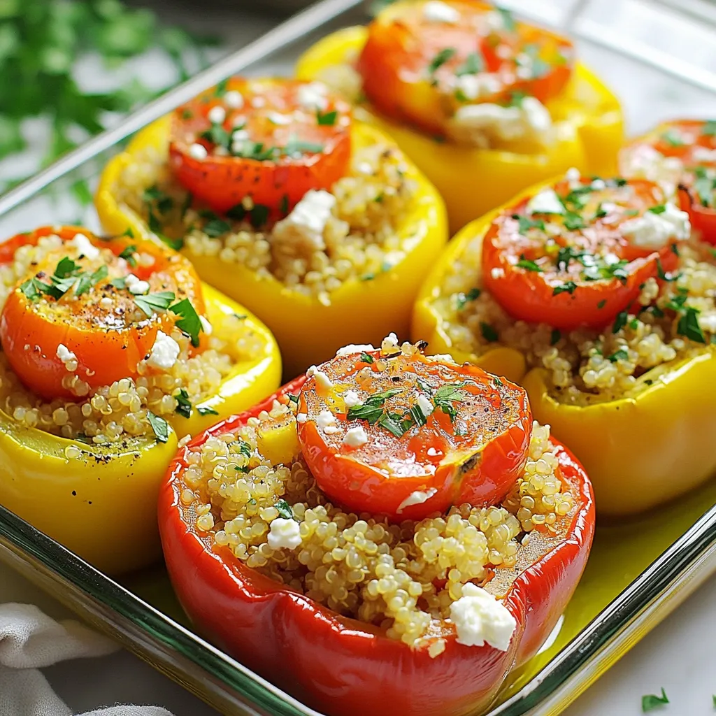 Here’s what you need for Mediterranean stuffed peppers: - 4 large bell peppers (red, yellow, or green) - 1 cup quinoa, rinsed - 2 cups vegetable broth (or water) - 1 cup cherry tomatoes, halved - 1 cup canned chickpeas, drained and rinsed - 1/2 cup kalamata olives, pitted and chopped - 1/2 cup feta cheese, crumbled - 1 teaspoon dried oregano - 1 teaspoon garlic powder - Salt and pepper, to taste - 2 tablespoons olive oil - Fresh parsley, chopped (for garnish) You can easily swap ingredients to suit your taste: - Use brown rice or couscous instead of quinoa for a different grain. - If you’re not a fan of chickpeas, try black beans or lentils. - Replace feta with goat cheese or omit it for a vegan option. - Add spinach or zucchini for extra veggies in the filling. - Use fresh herbs like basil or mint instead of dried oregano. Mediterranean stuffed peppers are not just tasty; they’re also good for you. Here’s a brief breakdown: - Calories: About 300 per serving - Protein: 12g - Carbohydrates: 45g - Fat: 10g - Fiber: 8g These peppers pack a punch of nutrients, thanks to the veggies, quinoa, and chickpeas. They are high in fiber and provide healthy fats, making them a balanced meal option. {{ingredient_image_1}} Start by preheating your oven to 375°F (190°C). Next, take four large bell peppers. You can choose red, yellow, or green ones based on your taste. Cut off the tops and scoop out the seeds and membranes. This will make room for the tasty filling. Brush the outside of each pepper with olive oil. Place them upright in a baking dish. This step helps them cook evenly. In a medium saucepan, combine one cup of rinsed quinoa with two cups of vegetable broth or water. Bring the mixture to a boil. Once boiling, reduce the heat and cover the pot. Let it simmer for about 15 minutes. The liquid will absorb, and the quinoa will become fluffy. After cooking, remove it from heat and let it sit for a few minutes. Use a fork to fluff the quinoa gently. In a large bowl, mix the cooked quinoa with one cup of halved cherry tomatoes, one cup of drained and rinsed chickpeas, and half a cup of chopped kalamata olives. Add half a cup of crumbled feta cheese, one teaspoon of dried oregano, and one teaspoon of garlic powder. Season with salt and pepper to taste. Stir everything until well combined. Now, take the quinoa mixture and spoon it into each bell pepper, filling them generously. To get the best peppers, choose large ones. Look for vibrant colors. The skin should feel firm and smooth. Cut the tops off carefully. Remove the seeds inside, as they can be bitter. Brush the outside with olive oil. This adds flavor and helps the peppers brown nicely. You can boost flavor with herbs and spices. Try adding fresh basil or mint for a fresh taste. A splash of lemon juice brightens the dish. You could also mix in some cooked sausage or ground turkey for protein. For a spicy kick, add red pepper flakes. Don’t skip preheating the oven. This ensures even cooking. Overstuffing the peppers can cause spills. Fill them generously, but leave a little space at the top. Make sure to cover the baking dish with foil at first. This traps steam and helps the peppers cook through. Finally, let them cool a bit before serving. This makes them easier to handle. Pro Tips Choose Colorful Peppers: Select a variety of bell pepper colors for a visually appealing dish. Red, yellow, and orange peppers tend to be sweeter, while green peppers have a slightly more bitter taste. Prep in Advance: You can prepare the quinoa filling a day ahead and store it in the refrigerator. This saves time on the day you plan to serve the stuffed peppers. Customize Your Filling: Feel free to add or substitute ingredients based on your preference. Spinach, zucchini, or even ground meat can be excellent additions to the filling mixture. Check for Doneness: Ensure the peppers are tender but still hold their shape by testing them with a fork. Overcooking can lead to a soggy texture. {{image_2}} You can add different proteins to your stuffed peppers. Ground turkey or chicken works well. If you prefer beef, lean ground beef adds flavor. For a seafood twist, try shrimp or crab. These options give the dish a hearty feel. Cook the protein before mixing it with the quinoa and veggies. This step ensures everything is safe to eat. For a vegetarian twist, leave out the feta cheese. Replace it with a vegan cheese or avocado. You can also add more beans, like black beans or lentils. These options add protein and fiber. If you want it vegan, use vegetable broth instead of chicken broth. This keeps the dish plant-based and still tasty. Seasonal veggies add color and flavor to your stuffed peppers. In spring, try zucchini or asparagus. Summer offers fresh corn or eggplant. Fall is great for adding diced butternut squash or mushrooms. Winter brings hearty greens like spinach or kale. Chop these veggies small and mix them in with the quinoa. This step makes your meal both fresh and vibrant. To store leftovers, let your stuffed peppers cool to room temperature. Place them in an airtight container. Keep them in the fridge for up to three days. This keeps them fresh and safe to eat. If you want to enjoy them later, freezing is a great option. For freezing, wrap each stuffed pepper tightly in plastic wrap. Then, place them in a freezer-safe bag or container. You can freeze them for up to three months. This keeps the flavors intact. When you’re ready to eat, thaw them in the fridge overnight before reheating. To reheat, you can use the oven or microwave. If using the oven, preheat it to 350°F (175°C). Place the peppers in a baking dish and cover with foil. Heat for about 20 minutes, or until warmed through. If you use a microwave, place a pepper in a microwave-safe dish. Heat for 2-3 minutes, checking to see if it is hot. Enjoy your meal! Yes, you can make Mediterranean stuffed peppers ahead of time. Prepare the filling and stuff the peppers. Then, store them in the fridge. You can bake them later. This helps save time on busy days. Just remember to cover them well. They can stay fresh for about two days in the fridge. You can use other grains in this recipe. Brown rice works well and adds a nice texture. Farro is another great choice and gives a nutty flavor. If you want something gluten-free, try millet or cauliflower rice. These grains will fit right in with the other tasty ingredients. Yes, stuffed peppers are healthy. They are full of vitamins and minerals. The bell peppers provide fiber and vitamin C. The quinoa and chickpeas add protein and healthy carbs. Feta cheese gives flavor and calcium. This dish is balanced and great for a nutritious meal. In this blog post, we explored the key ingredients for Mediterranean stuffed peppers. You learned how to prepare bell peppers, cook quinoa, and mix your stuffing. I shared tips for perfect peppers and common mistakes to avoid. You can also modify the recipe for different diets and store leftovers effectively. Keep these ideas in mind as you try this tasty dish. With a little practice, you’ll master stuffed peppers and impress your friends and family. Enjoy your cooking journey!