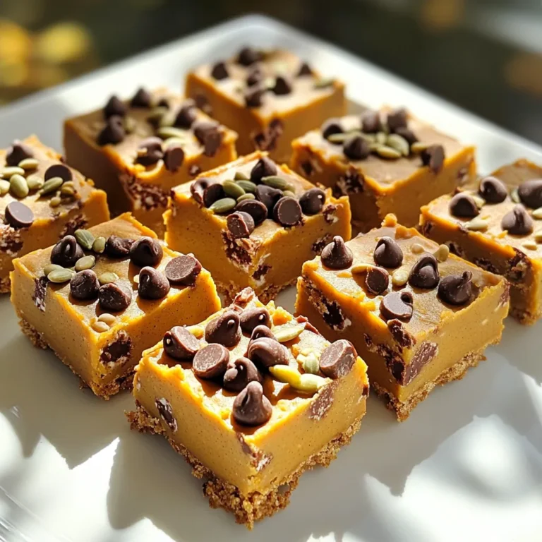 - 1 cup pumpkin puree - 1/2 cup creamy almond butter (or peanut butter) - 1/4 cup maple syrup - 2 teaspoons vanilla extract - 2 cups rolled oats - 1/2 teaspoon pumpkin pie spice - 1/4 teaspoon salt - 1/2 cup mini chocolate chips - 1/4 cup chopped nuts (walnuts or pecans) - Extra chocolate chips for topping Gathering the right ingredients is key to making these no bake pumpkin chocolate chip bars. The pumpkin puree gives them a rich and creamy base. Almond butter or peanut butter adds creaminess and flavor. Maple syrup sweetens the mix, while vanilla extract brings warmth. Next, rolled oats provide texture and help bind everything together. Pumpkin pie spice adds that classic fall flavor. A pinch of salt balances the sweetness perfectly. Finally, mini chocolate chips add delightful bites of chocolate. For those who want a twist, consider adding chopped nuts for crunch or extra chocolate chips on top. These ingredients make this treat not just tasty but also fun to customize. 1. In a large bowl, mix the pumpkin puree, almond butter, maple syrup, and vanilla extract. This creates a creamy base. 2. Next, add rolled oats, pumpkin pie spice, and salt to the bowl. Stir until the oats are well coated. 1. Now, fold in the mini chocolate chips and optional chopped nuts. This adds a nice crunch. 2. Line an 8x8 inch baking pan with parchment paper. Leave some paper over the edges for easy removal. 3. Pour the pumpkin-oat mixture into the pan. Use a spatula to press it down evenly. 1. Place the pan in the fridge. Let it chill for at least two hours until firm. 2. Once set, lift the bars out using the parchment paper. Cut them into squares and serve. To make sure you mix well, start with the wet ingredients. Use a big bowl for this step. Stir the pumpkin puree, almond butter, maple syrup, and vanilla extract until smooth. Then add the dry ingredients. This order helps the oats coat evenly. When you press down the mixture, use a spatula. Press firmly into the corners and make it level. This helps the bars hold together better. For a nice look, arrange the bars on a pretty platter. You can drizzle some extra almond butter on top. A sprinkle of pumpkin seeds adds color and crunch. These bars taste great with a warm drink. Try serving with hot apple cider or coffee. One mistake is oversaturating the mixture. If you add too much liquid, the bars may not set well. Stick to the recipe measurements for success. Another mistake is not chilling the bars long enough. They need at least two hours in the fridge. This helps them firm up for easy slicing. {{image_2}} You can change the taste of these bars easily. Add spices like cinnamon or nutmeg for warmth. Both spices enhance the pumpkin flavor well. You can also try different nut butters. Almond butter adds creaminess, while peanut butter gives a nutty kick. Each choice changes the flavor profile in fun ways. If you want a healthier sweetener, swap maple syrup for honey. Honey adds sweetness and has its own unique flavor. You can also make these bars gluten-free. Use certified gluten-free oats to ensure they fit your diet. This choice makes the bars safe for those with gluten sensitivities. Mixing in dried fruits or seeds can add texture and flavor. Try raisins or dried cranberries for a sweet bite. For crunch, add pumpkin seeds or sunflower seeds. If you love dark chocolate, use dark chocolate chips instead of mini ones. This change gives a richer taste and pairs nicely with pumpkin. To keep your bars fresh, store them in the fridge. Use an airtight container. This helps keep the bars soft and tasty. If you want to save them longer, you can freeze them. Wrap each bar in plastic wrap, then place them in a freezer bag. This way, they stay fresh for up to three months. These bars last about a week in the fridge. Check for signs of spoilage. Look for changes in color or smell. If they seem dry or hard, it's time to toss them out. To maintain the best quality, always store them in a cool place. If your bars feel too firm, you can soften them. Just let them sit at room temperature for a few minutes. You can also microwave them for about ten seconds. This makes them warm and chewy again. When serving leftovers, try drizzling some extra almond butter on top. It adds flavor and makes them look nice! Yes, you can use fresh pumpkin. Just make sure to cook and puree it first. This helps keep the texture right. Fresh pumpkin can add a nice flavor twist to your bars. If you don't have almond butter, peanut butter works well too. Sunflower seed butter is another good choice. These options keep the bars creamy and tasty. To make these bars vegan, use maple syrup and avoid honey. Make sure your chocolate chips are dairy-free. This way, all can enjoy these delicious treats. Yes, these bars freeze great! Just wrap them well in plastic wrap or foil. You can enjoy them later for a quick snack or dessert. These bars can last up to a week in the fridge. Keep them in an airtight container for best freshness. This makes them a perfect make-ahead treat! This recipe for pumpkin chocolate chip bars combines delicious simplicity and healthy ingredients. You learned about the key components like pumpkin puree, almond butter, and maple syrup. We also explored tips for making, serving, and storing these bars. Remember to avoid common mistakes, like not chilling long enough. With the right tweaks, you can make these bars fit your taste and dietary needs. Enjoy creating a treat that's both tasty and nutritious!