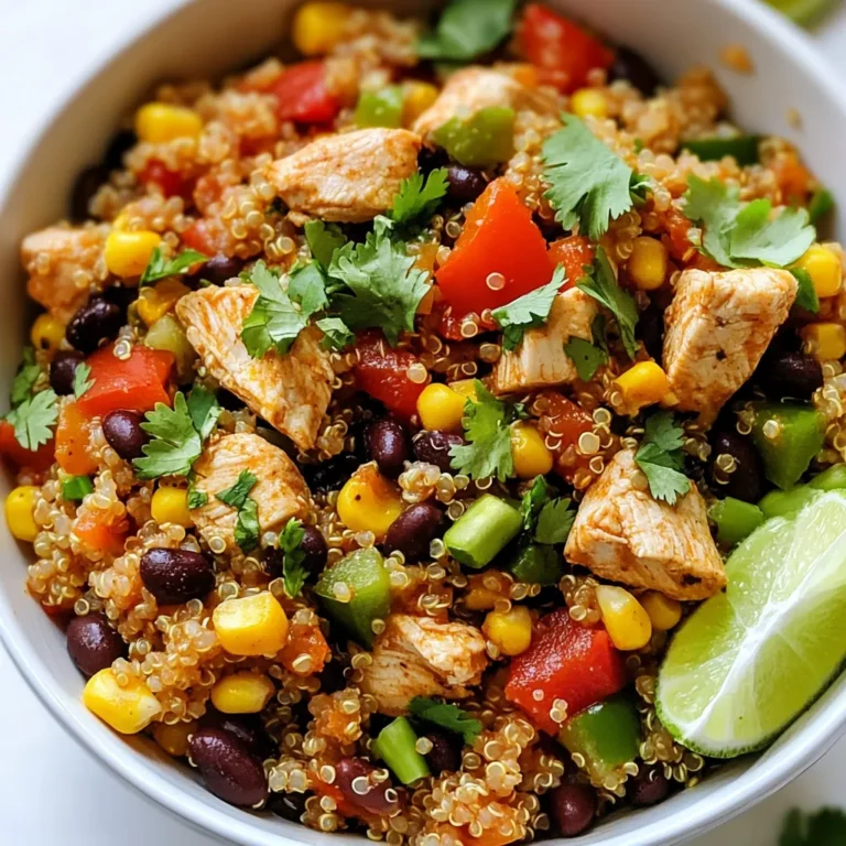 - 1 lb chicken breast, diced - 1 cup quinoa, rinsed - 2 cups chicken broth In this recipe, chicken breast is the star. It cooks quickly and adds great flavor. Quinoa is a healthy grain packed with protein. Rinsing the quinoa helps remove any bitter taste. Chicken broth enhances the dish and keeps it moist. - 1 can (15 oz) black beans, drained and rinsed - 1 can (15 oz) corn, drained - 1 red bell pepper, diced - 1 green bell pepper, diced - 1 medium onion, chopped - 2 cloves garlic, minced The black beans add fiber and protein. Corn gives a sweet crunch. Bell peppers bring color and taste. Onion and garlic add that savory base we all love. Together, these veggies make the dish vibrant and nutritious. - 1 tablespoon chili powder - 1 teaspoon cumin - 1 teaspoon paprika - 2 tablespoons olive oil - Salt and pepper to taste Chili powder gives the dish a warm kick. Cumin adds depth and earthiness. Paprika brings a sweet smokiness. Olive oil helps sauté the veggies and chicken, adding richness. Salt and pepper balance the flavors, making each bite delicious. {{ingredient_image_1}} 1. Heat 2 tablespoons of olive oil in a large skillet over medium heat. 2. Add 1 chopped onion and 2 minced garlic cloves. Sauté them until the onion is translucent, about 3-4 minutes. 3. Next, add 1 pound of diced chicken breast. Season it with salt, pepper, 1 tablespoon of chili powder, 1 teaspoon of cumin, and 1 teaspoon of paprika. 4. Cook the chicken until it is browned and fully cooked, about 5-7 minutes. 1. Stir in 1 cup of rinsed quinoa, 2 cups of chicken broth, 1 can of drained black beans, 1 can of drained corn, and 1 diced red bell pepper and 1 diced green bell pepper. 2. Bring the mixture to a boil. 3. Once boiling, reduce the heat to low. Cover the skillet and let it simmer for about 15 minutes. This allows the quinoa to cook and absorb most of the liquid. 4. After 15 minutes, remove the skillet from heat. Let it sit, covered, for another 5 minutes. This step helps the quinoa fluff up. 1. Fluff the quinoa gently with a fork. 2. Taste the dish and adjust the salt and pepper if needed. 3. Serve it hot, garnished with fresh chopped cilantro and lime wedges on the side. The lime adds a nice burst of flavor. To perfectly cook quinoa, rinse it under cold water first. This removes bitter saponins. Use a 2:1 ratio of liquid to quinoa. For every cup of quinoa, use two cups of chicken broth. Bring it to a boil, then cover and simmer for about 15 minutes. Fluff it with a fork after cooking to keep it light and airy. To ensure chicken is tender and juicy, cut it into small, even pieces. This helps it cook evenly. Season the chicken before adding it to the skillet. Searing it on medium-high heat locks in moisture. Cook until it’s browned and no longer pink inside, about 5-7 minutes. Try adding spices like cayenne for heat or smoked paprika for depth. A pinch of oregano can also add a nice twist. For toppings, consider crumbled feta or sliced avocado. Chopped green onions or a dollop of sour cream can enhance the dish too. Fresh lime juice adds brightness and balances flavors. For one-pan meals, a large skillet or sauté pan is key. It allows for even cooking and easy stirring. A wooden spoon or silicone spatula works well for mixing ingredients. Use a measuring cup for quinoa and liquids. A sharp knife makes chopping veggies quick and easy. Having a fork handy helps fluff the quinoa right before serving. Pro Tips Marinate the Chicken: For added flavor, marinate the diced chicken in lime juice and spices for at least 30 minutes before cooking. Use Homemade Broth: If possible, use homemade chicken broth for a richer, more robust flavor in your dish. Add Extra Veggies: Feel free to incorporate other vegetables like zucchini or spinach to boost the nutrition and texture of the skillet. Storage Tips: This dish stores well in the fridge for up to 3 days and can be frozen for up to a month, making it great for meal prep. {{image_2}} You can switch up the protein in this dish. Turkey or shrimp work great instead of chicken. For a vegetarian option, use chickpeas or tofu. Both will add protein and flavor. Quinoa stays the same, but feel free to experiment. Want more heat? Use jalapeños or add hot sauce. You can also mix in spices like cayenne pepper for a spicy kick. If you like veggies, toss in zucchini, spinach, or mushrooms. They add color and nutrition. You can serve this dish in many ways. Wrap it in warm tortillas for a fun meal. Or, try it over crisp lettuce as a salad. This makes it light and fresh, perfect for warm days. To keep your Southwest Chicken Quinoa Skillet fresh, refrigerate it within two hours. Place it in an airtight container. This helps prevent spoilage. Ensure the container is sealed tightly. You can store it in the fridge for up to four days. If you want to save it longer, freezing is a great option. For freezing, let it cool completely first. Then, transfer it to a freezer-safe container or bag. Label it with the date. This way, you can easily know when to use it. When reheating, you want to avoid drying out the dish. The best way is to use the stove or microwave. For the stove, add a splash of chicken broth or water to the skillet. Heat over low heat, stirring often. This keeps it moist. If using a microwave, place it in a microwave-safe bowl. Add a couple of tablespoons of water, cover it loosely, and heat in short bursts. Stir in between to ensure even heating. In the fridge, your Southwest Chicken Quinoa Skillet lasts about four days. If frozen, it can last up to three months. Just remember to label your containers. This helps you keep track of your meals. When you're ready to enjoy it again, use the reheating tips to bring it back to life! If you need a substitute for quinoa, try rice or couscous. Both are easy to find and cook well. If you want a gluten-free option, consider using millet or cauliflower rice. These options give you a similar texture and absorb flavors well. To check if the chicken is done, use a meat thermometer. The inside should reach 165°F. If you don’t have one, cut into the chicken. It should be white, not pink. Juices should run clear. This helps ensure it’s safe to eat. Yes! You can prepare the Southwest Chicken Quinoa Skillet in advance. Cook it fully, then let it cool. Store it in an airtight container in the fridge for up to three days. When you’re ready to eat, reheat it in a skillet over medium heat. This way, you’ll enjoy a quick and tasty meal! This blog focused on making a hearty, delicious one-pan meal. You learned about key ingredients like chicken, quinoa, and fresh veggies. Step-by-step, I guided you through preparation, cooking, and serving. I shared tips for cooking and flavoring, plus handy kitchen tools. You explored variations to mix it up, storage tips, and answers to common questions. Now, it’s your turn to make this meal your own. Enjoy cooking and sharing a tasty dish with those you love.