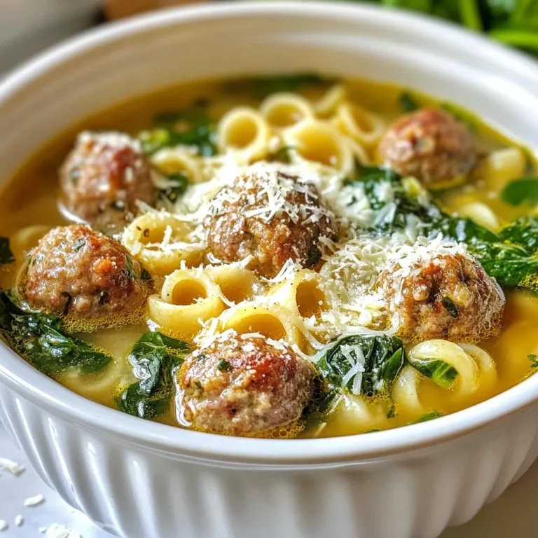 To make Italian Wedding Soup, you need key ingredients that bring flavor and comfort. Here’s what you’ll need: - 1 cup small pasta (like acini di pepe or tiny shells) - 1 tablespoon olive oil - 1 medium onion, finely chopped - 2 cloves garlic, minced - 1 carrot, diced - 1 celery stalk, diced - 6 cups chicken broth - 1 teaspoon dried oregano - 1 teaspoon dried basil - Salt and pepper to taste - 1 cup fresh spinach, roughly chopped - 1 cup cooked meatballs (beef and turkey mix recommended) - Grated Parmesan cheese for serving These ingredients create a warm and hearty soup that is perfect for gatherings or a cozy night in. You can add a few extra ingredients to change the flavor and texture. Here are some ideas: - 1 small zucchini, diced - 1 cup cannellini beans for added protein - 1/2 teaspoon red pepper flakes for a spicy kick - Fresh herbs like parsley or thyme for extra flavor Feel free to mix and match these optional ingredients based on your taste or what you have on hand. Toppings can elevate your Italian Wedding Soup. Here are some great options: - Grated Parmesan cheese - Freshly chopped parsley - Crusty bread on the side - A drizzle of olive oil These garnishes not only look good but also add layers of flavor to each bowl. Enjoy making your Italian Wedding Soup just the way you like it! {{ingredient_image_1}} Start by heating a tablespoon of olive oil in a large pot over medium heat. Once the oil is hot, add one finely chopped onion. Sauté it for about 3 to 4 minutes, until it turns soft and clear. Next, stir in two minced garlic cloves, one diced carrot, and one diced celery stalk. Cook these veggies for about 5 minutes. This mix adds great flavor to the soup. Now, pour in 6 cups of chicken broth. Bring it to a gentle simmer. Add a teaspoon of dried oregano and a teaspoon of dried basil. Season it with salt and pepper to match your taste. Remember to taste the broth and adjust the seasoning if needed. When your broth is simmering, it’s time to add the pasta. Use a cup of small pasta like acini di pepe or tiny shells. Cook the pasta according to the package instructions, which usually takes about 6 to 8 minutes. While the pasta cooks, it's time to add the meatballs. I recommend a mix of beef and turkey for the best flavor. Stir in the cooked meatballs when the pasta is almost done. This ensures they heat through without overcooking. Add 1 cup of roughly chopped fresh spinach to the pot. Cook for another 2 to 3 minutes. You want the spinach to wilt but still stay bright green. Once everything is ready, remove the pot from heat. Let it sit for a few minutes. This helps the soup thicken slightly. Serve your Italian wedding soup hot, and don’t forget to sprinkle some grated Parmesan cheese on top for extra flavor. Enjoy your comforting bowl of soup! To cook the pasta just right, choose small shapes like acini di pepe or tiny shells. These shapes fit well in the soup. Bring a pot of salted water to a boil. Cook the pasta until it's al dente, about 6 to 8 minutes. Drain the pasta and add it to your soup at the end. This keeps it from getting too soft. If you want, you can cook the pasta right in the soup. Just remember to check it often. For the best meatballs, I like to use a mix of beef and turkey. This blend gives a nice flavor and texture. You can make your own meatballs or buy pre-cooked ones. If you choose to make them, mix ground meat with breadcrumbs, egg, and spices. Bake or fry them until they are golden brown. This step adds depth to the soup. If you buy them, look for meatballs that have good seasoning. To boost the soup's taste, use dried oregano and basil. These herbs bring out the classic Italian flavor. I add them early in the cooking process so their flavors infuse the broth. Don’t forget to taste your soup! Adjust the salt and pepper as needed. You can also add a pinch of red pepper flakes for a bit of heat. Fresh herbs like parsley or thyme can be added at the end for a bright finish. Pro Tips Use Homemade Broth: For the best flavor, use homemade chicken broth instead of store-bought. It adds depth and richness to the soup. Perfect Pasta Cooking: To prevent the pasta from becoming mushy, cook it separately and add it to each bowl just before serving. Meatball Variations: Experiment with different meats or even vegetarian meatballs for a unique twist on traditional Italian wedding soup. Add a Zest: A squeeze of fresh lemon juice just before serving can brighten the flavors and enhance the overall taste of the soup. {{image_2}} You can make a tasty vegetarian version of Italian wedding soup. Start by swapping meatballs for plant-based options. Use lentils or chickpeas for protein. For the broth, choose vegetable broth instead of chicken broth. This change keeps the soup rich and full of flavor. Add mushrooms for a meaty texture. You can also toss in some tofu for added protein. Use the same herbs to keep that classic Italian taste. If you want to try different meatballs, you have many options. You can use chicken or pork for lighter meatballs. For a spicy kick, mix in some Italian sausage. If you’re feeling adventurous, try adding cheese to the meat mix. This adds flavor and makes the meatballs juicy. You can even make them gluten-free using oats or almond flour. Each type of meatball gives the soup a unique twist. While spinach is a classic choice, other greens work well too. Kale adds a hearty texture and is packed with nutrients. Swiss chard brings a mild, sweet flavor. You can also use arugula for a peppery bite. Try mixing different greens for a colorful dish. Adding the greens at the end keeps them fresh and vibrant. Each green adds its own flair, making the soup even more enjoyable. To keep your Italian wedding soup fresh, let it cool first. Use an airtight container to store it in the fridge. This soup lasts about three to four days. If you plan to eat it later, don’t add the pasta yet. The pasta can soak up too much broth and become mushy. Freezing is a great way to save leftovers. Pour the cooled soup into freezer-safe containers. Leave some space at the top for expansion. This soup can stay good in the freezer for up to three months. When you're ready to eat it, just thaw it in the fridge overnight. To reheat, pour the soup into a pot over low heat. Stir it often to keep it from sticking. If the soup seems thick, add a splash of chicken broth or water. Heat until it's warm but not boiling. This keeps the flavors fresh and tasty. Enjoy your comforting bowl of soup again! Italian Wedding Soup comes from Italy. The name might confuse some. It does not come from actual weddings. The term "wedding" refers to the way flavors pair together. This soup blends meat and greens in a warm, tasty dish. It reflects the mix of cultures in Southern Italy. Families often enjoy it during special occasions. Yes, you can make Italian Wedding Soup in a slow cooker! It’s simple. Start by sautéing the onion, garlic, carrot, and celery in a pan. After that, transfer them to the slow cooker. Add chicken broth, oregano, and basil. Let it cook on low for about 6 hours. When ready, stir in the pasta, meatballs, and spinach. Cook for an extra 30 minutes. This method makes the soup rich and tasty. To make Italian Wedding Soup gluten-free, swap the pasta. Use gluten-free pasta made from rice or corn. Be sure to check the labels. You can also use zoodles, which are spiralized zucchini. This gives you a fresh twist. The rest of the ingredients are usually gluten-free. Always check if the broth has gluten. Enjoy your cozy, gluten-free soup! Italian Wedding Soup combines rich flavors and warm ingredients. We explored essential and optional ingredients, plus tasty toppings. I shared easy steps to prepare the soup, cook pasta, and make meatballs. You learned key tips to cook pasta perfectly and select quality meatballs. We even looked at fun variations, like vegetarian options and different greens. Lastly, proper storage ensures you enjoy this dish later. With these details, you can create a delicious Italian Wedding Soup that warms the heart. Enjoy your cooking!
