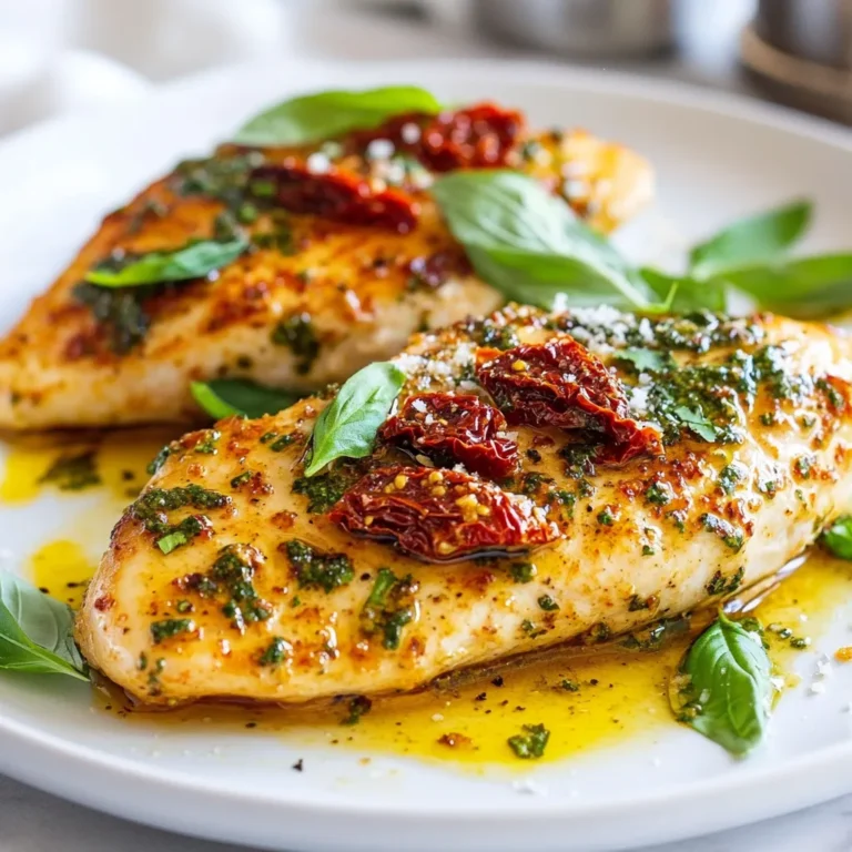 - 4 boneless, skinless chicken breasts - 1 cup sun-dried tomatoes (packed in oil), chopped - 1/2 cup fresh basil leaves - 1/2 cup grated Parmesan cheese - 1/3 cup pine nuts, toasted - 1/4 cup olive oil - 2 garlic cloves, minced The main ingredients of this dish create a burst of flavor. The sun-dried tomatoes bring a rich sweetness that pairs well with the chicken. Fresh basil adds a bright note, while Parmesan gives a savory touch. Pine nuts add crunch and depth. - Salt and pepper - Juice of 1 lemon Seasoning is key. Salt and pepper enhance all the flavors. Lemon juice brightens the dish and adds freshness. Each element works together to make the chicken shine. - Extra basil leaves - Additional Parmesan cheese Garnishes are small but impactful. Extra basil leaves add color and freshness. A sprinkle of Parmesan on top provides a nice finishing touch. These simple additions make the meal look beautiful and inviting. {{ingredient_image_1}} To make the pesto, you need a food processor. First, add the sun-dried tomatoes, fresh basil, grated Parmesan, pine nuts, garlic, and lemon juice. Pulse these until they are finely chopped. This should take just a few seconds. Now, while the processor runs, slowly pour in the olive oil. This helps achieve a smooth texture. Stop the processor and taste the pesto. Adjust the salt and pepper to your liking. You want a burst of flavor in every bite. Next, you need to prepare the chicken. Preheat your oven to 375°F (190°C). While it heats, take your chicken breasts and pat them dry using paper towels. This helps the seasoning stick better. Then, sprinkle salt and pepper on both sides of the chicken. This simple step adds great flavor to the meat. Now, let’s cook the chicken. Heat a large oven-safe skillet over medium-high heat. Add a little olive oil to the pan. Once hot, place the chicken breasts in the skillet. Sear them for about 3-4 minutes on each side until they become golden brown. This gives a nice crust to the chicken. After searing, remove the skillet from heat. Spread the sun-dried tomato pesto over each chicken breast. Make sure to cover them evenly. Transfer the skillet to the preheated oven. Bake for 20-25 minutes. Check the internal temperature; it should reach 165°F (74°C). Once cooked, let the chicken rest for a few minutes before serving. Enjoy your flavorful meal! To ensure your chicken reaches the right internal temperature, use a meat thermometer. The chicken should hit 165°F (74°C) to be safe. Always check the thickest part of the breast. This way, you avoid dry chicken and keep it juicy. For the best flavor in your pesto, use fresh ingredients. Fresh basil and good-quality sun-dried tomatoes make a big difference. Blend them well to get a smooth mix. Add salt and pepper little by little. Taste as you go to find your perfect balance. Pair this dish with sides like pasta, rice, or a fresh salad. These options complement the rich flavors of the chicken. You can also add roasted veggies for extra color and nutrition. For an appealing presentation, garnish with extra basil leaves and a sprinkle of Parmesan cheese. This adds a nice touch to your plate. A vibrant salad beside the chicken brightens the meal. Avoid overcooking the chicken. If you cook it too long, it becomes dry and tough. Keep an eye on the cooking time to keep it tender. Make sure to season adequately. Don’t skip the salt and pepper. They enhance the flavors of the chicken and pesto, making each bite delicious. Pro Tips Use Fresh Ingredients: Always opt for fresh basil and high-quality sun-dried tomatoes for a more vibrant flavor in your pesto. Toast Pine Nuts: Toasting the pine nuts enhances their flavor and adds a delightful crunch to the pesto. Let Chicken Rest: Allowing the chicken to rest after baking helps retain its juices, making it more tender and flavorful. Experiment with Sides: This dish pairs wonderfully with a variety of sides; try it with creamy risotto or zesty quinoa for a twist. {{image_2}} You can easily change some ingredients in this dish. If you don’t have pine nuts, try using walnuts or almonds. They add a nutty flavor and crunch. For a vegan or vegetarian option, swap the chicken for grilled tofu or eggplant. Use nutritional yeast instead of Parmesan cheese to keep the cheesy taste. Want to make it more exciting? Experiment with different herbs. Try adding parsley or oregano for a new taste. You can also add some red pepper flakes for heat. A little lemon zest can brighten the dish too. Just a pinch can make a big difference. This pesto chicken is not just for dinner. You can create a Sun-Dried Tomato Pesto Pasta dish by mixing cooked pasta with the pesto. It’s a great way to use any leftovers. For meal prep, cut the chicken into strips and store it in containers. This makes for easy lunches throughout the week. To keep your Sun-Dried Tomato Pesto Chicken fresh, store leftovers in an airtight container. Place cooled chicken in the fridge within two hours of cooking. This helps prevent bacteria growth. Leftovers can last up to three days in the fridge. Always check for any off smells or changes in texture before eating. You can freeze the chicken and pesto separately. This keeps the flavors fresh. Wrap the chicken tightly in plastic wrap, then place it in a freezer bag. For pesto, store it in a small container, leaving space for expansion. Chicken can last up to three months in the freezer. Pesto can last about six months. When ready to eat, thaw the chicken in the fridge overnight. Reheat the chicken in the oven or on the stove. Warm the pesto in a small pot or microwave before serving. You can prepare the chicken ahead of time. Season and sear it as directed, then cool it. Store it in the fridge for up to two days. This makes weeknight dinners quick and easy. Portion the pesto into small containers. This way, you can grab what you need for meals. It adds flavor to any dish and keeps cooking fun! You can use fresh tomatoes, but the taste will change. Sun-dried tomatoes have a rich, sweet flavor. Fresh tomatoes add moisture but lack the intense taste. If you use fresh ones, consider roasting them first. This helps deepen their flavor and makes them more similar to sun-dried tomatoes. The best way to know is by checking the internal temperature. Use a meat thermometer. The chicken should reach 165°F (74°C). If you don’t have a thermometer, cut into the chicken. The meat should be white and juices should run clear, not pink. This dish pairs well with many sides. You can serve it with pasta, rice, or a fresh salad. Roasted vegetables also add color and flavor. Try adding extra basil leaves and Parmesan cheese for a nice touch. You can make Sun-Dried Tomato Pesto Chicken in about 40 minutes. It takes about 15 minutes to prep and 25 minutes to cook. This makes it a quick option for dinner. Yes, you can make this dish low-carb. Skip the pasta or rice. Instead, serve the chicken with a large salad or steamed vegetables. You can also use zucchini noodles for a fun twist. This blog post covers a delicious recipe for Sun-Dried Tomato Pesto Chicken. We looked at the key ingredients, like chicken, sun-dried tomatoes, and basil. I shared step-by-step instructions on making the pesto and preparing the chicken. Important cooking tips can help you avoid mistakes that could ruin your dish. You can also personalize this meal with variations or serving options. Enjoy experimenting with flavors and find your favorite way to serve this dish! Happy cooking!