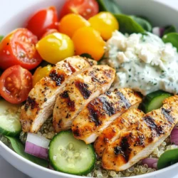 For Greek Chicken Gyro Bowls, you need these main ingredients: - 2 boneless, skinless chicken breasts - 1 cup cooked quinoa or brown rice - 1 cup cherry tomatoes, halved - 1 cucumber, diced - ½ red onion, finely sliced - 1 cup fresh spinach or mixed greens - ½ cup feta cheese, crumbled - Tzatziki sauce (store-bought or homemade) These ingredients create a delicious and vibrant bowl. The chicken gives protein, while quinoa or rice adds fiber. Fresh veggies add color and crunch, making it a feast for your eyes and taste buds. The marinade is key for flavor. Here’s what you’ll need: - 3 tablespoons olive oil - 2 cloves garlic, minced - 1 teaspoon dried oregano - 1 teaspoon dried thyme - Juice of 1 lemon - Salt and pepper to taste Combine these in a bowl. The olive oil keeps the chicken moist. The garlic and herbs add depth. Lemon juice brightens the taste, making it fresh. This marinade will soak into the chicken, making it tender and tasty. You can customize your gyro bowls with these optional toppings: - Extra cherry tomatoes - Sliced olives - Avocado slices - Fresh herbs like dill or parsley These toppings add more flavor and texture. They also make your bowl look stunning! Feel free to mix and match based on what you love. Each bowl can be a personal creation. {{ingredient_image_1}} To start, grab a bowl. Add 3 tablespoons of olive oil. Then, toss in 2 minced garlic cloves. Next, add 1 teaspoon of dried oregano and 1 teaspoon of dried thyme. Squeeze in the juice of 1 lemon. Season with salt and pepper. Mix the marinade well. Now, take the 2 chicken breasts. Coat them in the marinade. Make sure they are covered evenly. Cover the bowl and refrigerate it. Let the chicken marinate for at least 30 minutes. For more flavor, you can marinate it for up to 2 hours. Once your chicken has marinated, it’s time to cook. Preheat your grill or skillet over medium-high heat. Remove the chicken from the marinade. Place it on the grill or skillet. Cook for 5 to 7 minutes on each side. You want the chicken to reach an internal temperature of 165°F (75°C). After cooking, let the chicken rest for a few minutes. This step is key for juicy chicken. Now that your chicken is ready, let’s build the bowls. Start with a scoop of cooked quinoa or brown rice in each bowl. Next, slice the cooked chicken into strips. Place the chicken on top of the grain base. Now, add halved cherry tomatoes and diced cucumber. Sprinkle on some finely sliced red onion. Then, add fresh spinach or mixed greens. To finish, crumble feta cheese over each bowl. Don’t forget a generous dollop of tzatziki sauce. This sauce adds a cool and creamy touch. For a vibrant look, arrange the ingredients in colorful sections. Marinating chicken adds flavor and keeps it moist. Use a bowl to mix olive oil, minced garlic, oregano, thyme, lemon juice, salt, and pepper. Place the chicken in the marinade, making sure it is well-coated. Cover the bowl and refrigerate for at least 30 minutes. For even better taste, marinate for up to 2 hours. This allows the chicken to absorb the flavors deeply. Cook the marinated chicken over medium-high heat. This method ensures even cooking and keeps the chicken juicy. Grill or skillet-cook the chicken for 5-7 minutes on each side. Use a meat thermometer to check if it reaches 165°F (75°C). Once done, let the chicken rest for a few minutes. This resting time helps the juices redistribute throughout the meat for a tender bite. A vibrant bowl makes the meal more inviting. Start with a scoop of cooked quinoa or brown rice as the base. Arrange the chicken slices on one side. Place halved cherry tomatoes, diced cucumber, red onion slices, and fresh spinach in colorful sections. Sprinkle crumbled feta cheese on top for added flavor and texture. Finish with a generous dollop of tzatziki sauce. A sprig of fresh dill or parsley adds a beautiful touch. Pro Tips Marination Time: Allow the chicken to marinate for at least 2 hours for deeper flavors, or overnight if possible. Grilling Tips: Ensure your grill or skillet is preheated properly to get a nice sear on the chicken, which locks in juices. Fresh Ingredients: Use fresh herbs and vegetables for the best flavor and nutritional value in your gyro bowls. Serving Suggestions: Serve with warm pita bread on the side for a more authentic Greek experience. {{image_2}} You can easily swap chicken for other proteins. Shrimp is a great choice. Cook shrimp for just 2-3 minutes on each side. Tofu works well too. Press and cube it, then marinate like the chicken. Cook until golden brown. These swaps keep the dish fresh and fun. Quinoa and brown rice both taste great in gyro bowls. Quinoa is light and fluffy. It cooks quickly and adds protein. Brown rice is heartier and nutty. It takes longer to cook but is filling. Try both to see which you like best. Mixing them can also add texture. Tzatziki is classic, but you can try other sauces. A lemon tahini dressing adds creaminess with a tangy twist. You can also mix yogurt with herbs for a fresh taste. Drizzle balsamic glaze over your bowl for a sweet finish. Experiment with flavors to make each meal unique. You can store leftover Greek Chicken Gyro Bowls in an airtight container. Make sure to let the bowls cool down before sealing them. This helps keep the flavors fresh. Store them in the fridge for up to three days. If you want to keep them longer, consider freezing. To reheat your gyro bowls, use the microwave for quick results. Heat them for about 1-2 minutes. If you prefer, you can use a skillet. Warm them over low heat for better taste. Add a splash of water to keep the chicken moist. Don’t forget to add the tzatziki sauce after reheating for that fresh flavor. Freezing is a great way to prep ahead. You can freeze the chicken and quinoa or rice separately. Place them in freezer-safe bags. Label the bags with the date. They will last up to three months in the freezer. When ready to eat, thaw them overnight in the fridge. Then reheat as needed. Yes, you can easily make tzatziki sauce at home. It's simple and fresh. Just mix plain yogurt, grated cucumber, minced garlic, a splash of lemon juice, salt, and some dill. Stir until it’s smooth. You can adjust the garlic and lemon to suit your taste. This sauce adds a cool touch to your gyro bowls. Plus, it tastes better when it’s fresh. The marinade should sit for at least 30 minutes. This allows the chicken to soak in all those tasty flavors. If you have more time, let it marinate for up to 2 hours. The longer it sits, the more flavor it gains. Just remember to keep it in the fridge while it marinates. This keeps the chicken safe and fresh. You can serve many sides with Greek Chicken Gyro Bowls. Some great options include: - Pita bread for a traditional touch - A simple Greek salad with olives and feta - Roasted veggies for added color and taste - Hummus for an extra dip These sides can round out your meal and make it more filling. They also add more flavors and textures to enjoy. In this article, I covered how to create delicious Greek Chicken Gyro Bowls. We explored key ingredients, marinade tips, and cooking methods to make your chicken juicy. I also shared creative ways to present your dishes and variations to mix things up. Remember, storage matters too! Properly store leftovers for later enjoyment. With these tips, you'll impress your family and friends with tasty meals that are easy to prepare. Enjoy your cooking journey and savor every bite of these flavorful bowls.