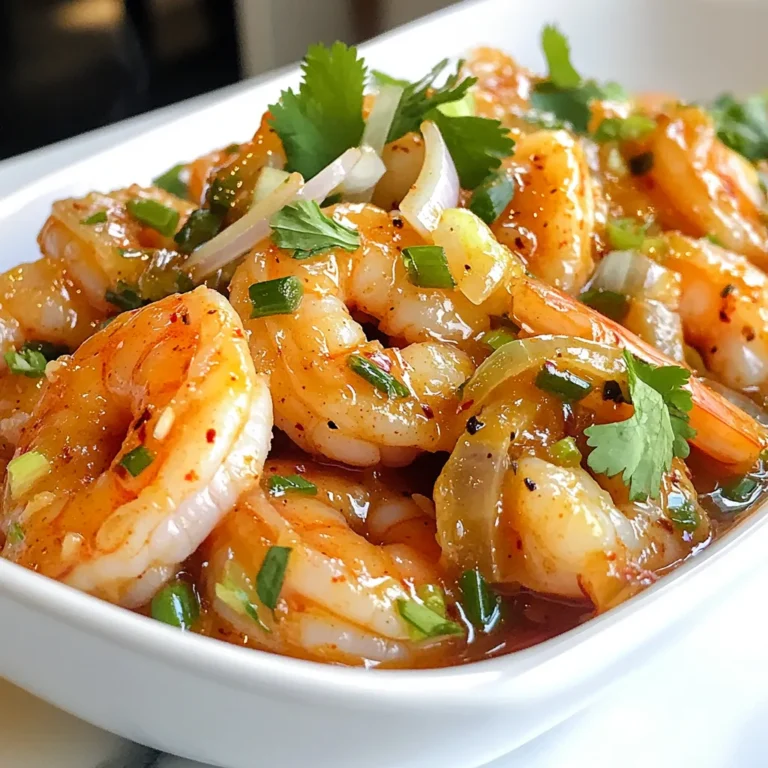 To make sweet chili garlic shrimp, gather these key items: - 1 pound large shrimp, peeled and deveined - 3 cloves garlic, minced - 1/4 cup sweet chili sauce - 1 tablespoon soy sauce - 1 tablespoon lime juice - 1 tablespoon olive oil - 1 teaspoon fresh ginger, grated - 1/2 teaspoon red pepper flakes (adjust to taste) - Salt and pepper to taste These ingredients work together to create a sweet and savory flavor. The shrimp soak up all the tasty goodness. For a fresh touch, consider these garnishes: - 2 green onions, sliced - Fresh cilantro leaves (optional) Garnishes add color and freshness. They elevate the dish and make it more appealing. If you lack some ingredients, here are a few swaps: - Use frozen shrimp if fresh is not available. - Replace soy sauce with tamari for a gluten-free option. - Swap lime juice with lemon juice for a different zing. - Use garlic powder instead of fresh garlic, if needed. These substitutions keep the dish tasty, even if you don't have everything on hand. {{ingredient_image_1}} To make the marinade, grab a bowl. Add 1/4 cup of sweet chili sauce. Then, toss in 1 tablespoon of soy sauce and 1 tablespoon of lime juice. Next, add 3 cloves of minced garlic and 1 teaspoon of grated fresh ginger. For a little kick, include 1/2 teaspoon of red pepper flakes. Stir all these ingredients together until well mixed. This mix will give the shrimp a tasty sweet and spicy flavor. Now, it's time for the shrimp. Use 1 pound of large shrimp that are peeled and deveined. Place the shrimp in the bowl with the marinade. Make sure each shrimp gets covered well. Once they are coated, cover the bowl with plastic wrap. Put it in the fridge for 15 to 30 minutes. This step helps the shrimp soak up all the great flavors. Heat a large skillet on medium-high heat and add 1 tablespoon of olive oil. When the oil is hot, add the marinated shrimp in a single layer. You may need to cook them in batches. Let them cook for about 2 to 3 minutes on one side. They should turn pink and opaque. After that, flip the shrimp over. Cook for another 2 to 3 minutes. Make sure they are fully cooked but not rubbery. Season with salt and pepper to taste. Once done, take them off the heat and garnish with sliced green onions and optional cilantro leaves. Serve them over jasmine rice or with some sautéed veggies for a great meal! To make sweet chili garlic shrimp perfectly, start with a hot skillet. Heat the olive oil before adding the shrimp. This helps the shrimp cook fast and keeps them juicy. Cook in batches if needed. Crowding the pan makes the shrimp steam instead of sear. Each shrimp should get a nice sear for that great flavor. You can control the heat with red pepper flakes. If you like it spicy, add more flakes. For less heat, reduce the amount. The sweet chili sauce adds a nice balance. This sauce is sweet but has a kick too. Taste your marinade first. Adjust it to fit your taste before marinating the shrimp. Serve your sweet chili garlic shrimp over jasmine rice. The rice soaks up the tasty sauce. You can also pair it with sautéed vegetables. Broccoli and bell peppers work well. They add color and crunch to your meal. For a fresh touch, add a squeeze of lime on top before serving. This brightens the dish and adds zest. Pro Tips Marinate Longer for More Flavor: For an even bolder taste, let the shrimp marinate for up to an hour. This allows the flavors to penetrate the shrimp more deeply. Adjust Spice Level: If you prefer a milder dish, reduce the amount of red pepper flakes or leave them out entirely. You can always add a sprinkle when serving for those who enjoy heat. Use Fresh Shrimp: Whenever possible, opt for fresh shrimp instead of frozen. Fresh shrimp have a better texture and flavor, making your dish even more delightful. Don't Overcook the Shrimp: Keep a close eye on the shrimp while cooking; they only need about 4-6 minutes total. Overcooking can lead to a rubbery texture. {{image_2}} You can switch up the flavors with different sauces. Try teriyaki or hoisin sauce for a sweet twist. For a tangy kick, use a mix of barbecue sauce and honey. If you want a spicy bite, add sriracha or chili paste. Each sauce creates a unique taste for your shrimp. If shrimp isn't your favorite, you can use other proteins. Chicken breast works well with this recipe. Cut it into small pieces and marinate just like the shrimp. Tofu is a great plant-based option. Use firm tofu, cut into cubes, and marinate for the same time. Cook it until golden brown for a tasty dish. For a vegetarian version, try using vegetables. Bell peppers, zucchini, and broccoli can soak up the marinade nicely. Marinate them just like the shrimp. You can also use a mix of mushrooms for a meaty texture. These options bring flavor and color to your meal, making it just as delightful. To keep your sweet chili garlic shrimp fresh, place leftovers in a sealed container. Store them in the fridge. They can last up to three days. Make sure they cool down first. This keeps them safe and tasty. When ready to eat, check for any odd smell or color before reheating. You can freeze sweet chili garlic shrimp for longer storage. Put the shrimp in a freezer-safe bag. Remove as much air as possible before sealing. Label the bag with the date. They can stay fresh for up to three months. When you want to use them, move the bag to the fridge to thaw overnight. Reheat leftovers gently to keep them juicy. You can use a skillet over medium heat. Add a splash of water or broth to keep them moist. Stir often until heated through. You can also use the microwave. Heat them in short bursts, checking often to avoid overcooking. Yes, you can use frozen shrimp. Just remember to thaw them first. Place the shrimp in a bowl of cold water for about 15-20 minutes. This method helps them thaw quickly and safely. After thawing, pat the shrimp dry with a paper towel. This step ensures the marinade sticks well to the shrimp. To make the dish spicier, add more red pepper flakes. You can also use fresh chopped chili peppers. If it’s still not spicy enough, try a dash of hot sauce. Adjust according to your taste. Remember, spice can build up, so add a little at a time. Some great sides include jasmine rice or fried rice. These pair well with the shrimp's sweet and spicy flavors. You can also serve it with sautéed vegetables like bell peppers or broccoli. A simple green salad with a light dressing works well too. These sides create a balanced meal and enhance the shrimp's taste. This blog post walks you through making Sweet Chili Garlic Shrimp. You learned about key ingredients, optional garnishes, and how to switch items if needed. I shared step-by-step instructions for marinating and cooking shrimp. I also included tips for cooking techniques and heat adjustments. You explored sauce variations, storage tips, and answers to common questions. Remember, cooking should be fun and creative. Enjoy experimenting with new flavors and variations. Happy cooking!