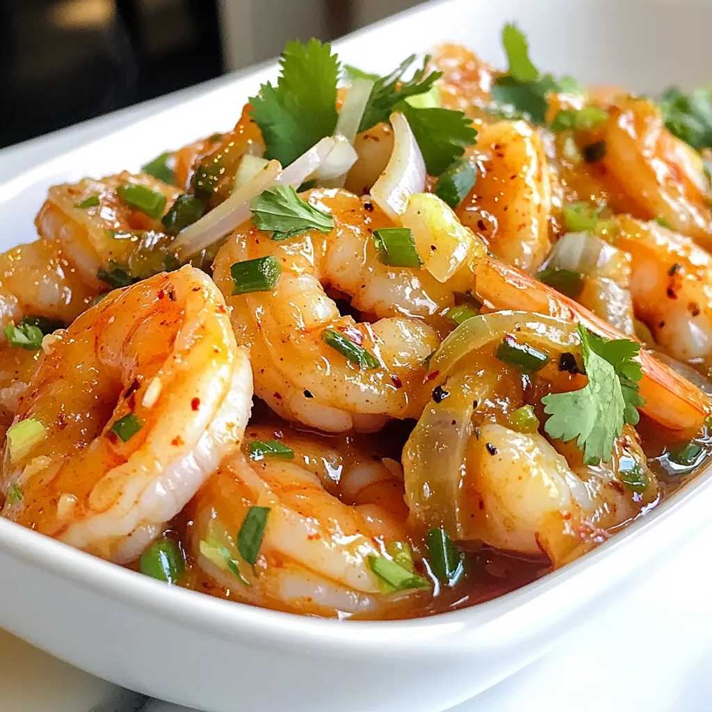 To make sweet chili garlic shrimp, gather these key items: - 1 pound large shrimp, peeled and deveined - 3 cloves garlic, minced - 1/4 cup sweet chili sauce - 1 tablespoon soy sauce - 1 tablespoon lime juice - 1 tablespoon olive oil - 1 teaspoon fresh ginger, grated - 1/2 teaspoon red pepper flakes (adjust to taste) - Salt and pepper to taste These ingredients work together to create a sweet and savory flavor. The shrimp soak up all the tasty goodness. For a fresh touch, consider these garnishes: - 2 green onions, sliced - Fresh cilantro leaves (optional) Garnishes add color and freshness. They elevate the dish and make it more appealing. If you lack some ingredients, here are a few swaps: - Use frozen shrimp if fresh is not available. - Replace soy sauce with tamari for a gluten-free option. - Swap lime juice with lemon juice for a different zing. - Use garlic powder instead of fresh garlic, if needed. These substitutions keep the dish tasty, even if you don't have everything on hand. {{ingredient_image_1}} To make the marinade, grab a bowl. Add 1/4 cup of sweet chili sauce. Then, toss in 1 tablespoon of soy sauce and 1 tablespoon of lime juice. Next, add 3 cloves of minced garlic and 1 teaspoon of grated fresh ginger. For a little kick, include 1/2 teaspoon of red pepper flakes. Stir all these ingredients together until well mixed. This mix will give the shrimp a tasty sweet and spicy flavor. Now, it's time for the shrimp. Use 1 pound of large shrimp that are peeled and deveined. Place the shrimp in the bowl with the marinade. Make sure each shrimp gets covered well. Once they are coated, cover the bowl with plastic wrap. Put it in the fridge for 15 to 30 minutes. This step helps the shrimp soak up all the great flavors. Heat a large skillet on medium-high heat and add 1 tablespoon of olive oil. When the oil is hot, add the marinated shrimp in a single layer. You may need to cook them in batches. Let them cook for about 2 to 3 minutes on one side. They should turn pink and opaque. After that, flip the shrimp over. Cook for another 2 to 3 minutes. Make sure they are fully cooked but not rubbery. Season with salt and pepper to taste. Once done, take them off the heat and garnish with sliced green onions and optional cilantro leaves. Serve them over jasmine rice or with some sautéed veggies for a great meal! To make sweet chili garlic shrimp perfectly, start with a hot skillet. Heat the olive oil before adding the shrimp. This helps the shrimp cook fast and keeps them juicy. Cook in batches if needed. Crowding the pan makes the shrimp steam instead of sear. Each shrimp should get a nice sear for that great flavor. You can control the heat with red pepper flakes. If you like it spicy, add more flakes. For less heat, reduce the amount. The sweet chili sauce adds a nice balance. This sauce is sweet but has a kick too. Taste your marinade first. Adjust it to fit your taste before marinating the shrimp. Serve your sweet chili garlic shrimp over jasmine rice. The rice soaks up the tasty sauce. You can also pair it with sautéed vegetables. Broccoli and bell peppers work well. They add color and crunch to your meal. For a fresh touch, add a squeeze of lime on top before serving. This brightens the dish and adds zest. Pro Tips Marinate Longer for More Flavor: For an even bolder taste, let the shrimp marinate for up to an hour. This allows the flavors to penetrate the shrimp more deeply. Adjust Spice Level: If you prefer a milder dish, reduce the amount of red pepper flakes or leave them out entirely. You can always add a sprinkle when serving for those who enjoy heat. Use Fresh Shrimp: Whenever possible, opt for fresh shrimp instead of frozen. Fresh shrimp have a better texture and flavor, making your dish even more delightful. Don't Overcook the Shrimp: Keep a close eye on the shrimp while cooking; they only need about 4-6 minutes total. Overcooking can lead to a rubbery texture. {{image_2}} You can switch up the flavors with different sauces. Try teriyaki or hoisin sauce for a sweet twist. For a tangy kick, use a mix of barbecue sauce and honey. If you want a spicy bite, add sriracha or chili paste. Each sauce creates a unique taste for your shrimp. If shrimp isn't your favorite, you can use other proteins. Chicken breast works well with this recipe. Cut it into small pieces and marinate just like the shrimp. Tofu is a great plant-based option. Use firm tofu, cut into cubes, and marinate for the same time. Cook it until golden brown for a tasty dish. For a vegetarian version, try using vegetables. Bell peppers, zucchini, and broccoli can soak up the marinade nicely. Marinate them just like the shrimp. You can also use a mix of mushrooms for a meaty texture. These options bring flavor and color to your meal, making it just as delightful. To keep your sweet chili garlic shrimp fresh, place leftovers in a sealed container. Store them in the fridge. They can last up to three days. Make sure they cool down first. This keeps them safe and tasty. When ready to eat, check for any odd smell or color before reheating. You can freeze sweet chili garlic shrimp for longer storage. Put the shrimp in a freezer-safe bag. Remove as much air as possible before sealing. Label the bag with the date. They can stay fresh for up to three months. When you want to use them, move the bag to the fridge to thaw overnight. Reheat leftovers gently to keep them juicy. You can use a skillet over medium heat. Add a splash of water or broth to keep them moist. Stir often until heated through. You can also use the microwave. Heat them in short bursts, checking often to avoid overcooking. Yes, you can use frozen shrimp. Just remember to thaw them first. Place the shrimp in a bowl of cold water for about 15-20 minutes. This method helps them thaw quickly and safely. After thawing, pat the shrimp dry with a paper towel. This step ensures the marinade sticks well to the shrimp. To make the dish spicier, add more red pepper flakes. You can also use fresh chopped chili peppers. If it’s still not spicy enough, try a dash of hot sauce. Adjust according to your taste. Remember, spice can build up, so add a little at a time. Some great sides include jasmine rice or fried rice. These pair well with the shrimp's sweet and spicy flavors. You can also serve it with sautéed vegetables like bell peppers or broccoli. A simple green salad with a light dressing works well too. These sides create a balanced meal and enhance the shrimp's taste. This blog post walks you through making Sweet Chili Garlic Shrimp. You learned about key ingredients, optional garnishes, and how to switch items if needed. I shared step-by-step instructions for marinating and cooking shrimp. I also included tips for cooking techniques and heat adjustments. You explored sauce variations, storage tips, and answers to common questions. Remember, cooking should be fun and creative. Enjoy experimenting with new flavors and variations. Happy cooking!