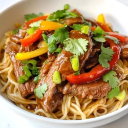 - 8 oz. rice noodles - 1 lb. flank steak, thinly sliced against the grain - 2 tablespoons vegetable oil - 3 cloves garlic, minced - 1-inch piece ginger, grated - 1/4 cup soy sauce - 2 tablespoons brown sugar - 1 tablespoon hoisin sauce - 1 teaspoon sesame oil - Salt and pepper to taste To make Mongolian beef noodles, gather these key items. The rice noodles serve as the base. Flank steak brings rich flavor. The seasonings and sauces create a bold taste. You'll need garlic, ginger, soy sauce, brown sugar, hoisin sauce, and sesame oil. - 1 bell pepper, sliced - 1-2 green onions, sliced (for garnish) - 1/2 cup chopped fresh cilantro (for garnish) You can add bell pepper for extra crunch. Green onions and cilantro add freshness on top. These ingredients elevate the dish and give it more color. - Gluten-free options: Use gluten-free soy sauce and rice noodles. - Vegetarian alternatives: Substitute beef with tofu or mushrooms. If you need gluten-free options, swap regular soy sauce for gluten-free. For a vegetarian dish, tofu or mushrooms work well as a protein swap. These changes keep the dish tasty while meeting dietary needs. {{ingredient_image_1}} To start, soak the rice noodles in warm water. Let them sit for about 20-30 minutes. This helps soften the noodles. Drain the noodles and set them aside for later. Next, we’ll cook the flank steak. Heat a large skillet or wok over medium-high heat. Add 2 tablespoons of vegetable oil. Once the oil is hot, add the thinly sliced flank steak. Make sure not to overcrowd the skillet. Sear the beef for about 2-3 minutes. You want it browned and cooked through. After that, remove the beef from the skillet and set it aside. Now, it’s time to add flavor. In the same skillet, add 3 cloves of minced garlic and 1-inch grated ginger. Stir-fry these for about 30 seconds until they smell great. If you like, toss in sliced bell pepper. Cook this for another 1-2 minutes until it’s tender. Return the cooked beef to the skillet. Pour in the sauce mixture made of soy sauce, brown sugar, hoisin sauce, and sesame oil. Cook everything together for about 2-3 minutes. Stir well to coat the beef and bell pepper. Now, add the drained rice noodles to the skillet. Toss everything to combine and heat through for about 2 minutes. Season with salt and pepper to taste. Finally, serve hot, garnished with sliced green onions and chopped fresh cilantro. Enjoy your meal! - Avoiding overcrowding the skillet: Cook the flank steak in batches. If you add too much meat at once, it will steam instead of sear. This can make the beef tough. Sear each batch for 2-3 minutes until browned. - Perfecting the noodle texture: Soak the rice noodles in warm water for 20-30 minutes. This softens them before adding to the skillet. Drain them well to prevent excess water from making your dish soggy. - Adjusting sweetness and saltiness: You can change the flavor of your sauce to fit your taste. If you prefer a sweeter dish, add more brown sugar. For a saltier kick, increase the soy sauce. Taste as you go to find the right balance. - Best practices for presentation: Garnish with sliced green onions and chopped cilantro. This adds color and fresh flavor. A sprinkle of sesame seeds can also enhance the look. Serve your dish in a wide bowl for a beautiful display. Pro Tips Slice Against the Grain: This ensures the flank steak remains tender and easy to chew. Cutting against the grain shortens the muscle fibers. Soaking Noodles: Soaking rice noodles in warm water helps them soften evenly. Avoid boiling them to prevent overcooking and sticking. High Heat for Searing: Cooking the beef at a high temperature allows for a nice sear, enhancing flavor while keeping the interior juicy. Add Fresh Herbs Last: Incorporating fresh cilantro and green onions at the end preserves their vibrant flavor and color, making the dish more appealing. {{image_2}} You can switch the beef for chicken or pork. Chicken breast works well. Slice it thinly like the beef. Use the same cooking methods. Pork also fits nicely. A pork tenderloin can add a new taste. Just remember to adjust cooking times as needed. For a meat-free dish, use plant-based proteins. Tofu is a great choice. Press it to remove water, then cut it into cubes. Tempeh is another option. It has a firmer texture and absorbs flavors well. You can also try seitan for a chewy bite. Not a fan of rice noodles? You have options! Try egg noodles for a richer flavor. Soba noodles add a nutty taste and are healthy. If you're looking for gluten-free, use zucchini noodles. They add freshness and a fun twist to the dish. To store leftovers, let the dish cool completely. Place the Mongolian beef noodles in an airtight container. Make sure to keep it in the fridge. This way, it stays fresh and tasty. Consume the leftovers within three days for the best flavor. If you want to freeze the noodles, first cool them completely. Place the beef noodles in a freezer-safe container. It’s best to separate the sauce and noodles if possible. To reheat, thaw in the fridge overnight. Warm them in a skillet over low heat or in the microwave. Add a splash of water or broth to keep them moist. Mongolian beef noodles last about three to four days in the fridge. In the freezer, they can last up to three months. After that, the texture and taste may change. Always check for signs of spoilage before eating. The best beef cut for Mongolian Beef Noodles is flank steak. Flank steak has great flavor and a nice texture. It cooks quickly and stays tender when sliced thin. You should always cut against the grain. This helps make each bite easy to chew. You can also try sirloin or ribeye if you want something different. These cuts are also tasty and tender. Yes, you can make this dish gluten-free! First, swap out regular soy sauce for a gluten-free version. There are many brands that offer gluten-free soy sauce. You can also find gluten-free hoisin sauce. This will keep the flavors while removing gluten. Just make sure to check labels for any hidden gluten. The rice noodles used are generally gluten-free, so you’re good there! You will know the noodles are cooked when they are soft but still slightly firm. Soak the rice noodles in warm water for about 20-30 minutes. After soaking, taste a noodle to check its texture. It should be pliable and easy to bite. If you cook them too long, they can become mushy. Always rinse them in cold water to stop the cooking process before adding them to your dish. This blog post guided you through making delicious Mongolian Beef Noodles. We covered essential ingredients like rice noodles and flank steak. You learned step-by-step instructions, cooking tips, and helpful variations for different diets. Don’t forget the importance of great garnishing for a fun presentation! These recipes and tips will help you create a meal everyone will enjoy. Now, go ahead and cook up your own tasty version!