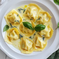 - 2 cups all-purpose flour - 3 large eggs - 1 teaspoon salt - 1 tablespoon olive oil To make the dough, we need some basic items. The flour gives structure. The eggs add richness, and the olive oil keeps it smooth. Salt enhances the flavors. - 1 cup ricotta cheese - 2 cups fresh spinach, chopped - 1/2 cup grated Parmesan cheese - 1 teaspoon garlic powder - 1/2 teaspoon nutmeg - Salt and pepper to taste For the filling, ricotta cheese brings creaminess. Fresh spinach adds color and nutrients. Parmesan gives a savory kick. Garlic powder and nutmeg add depth. We season with salt and pepper to make it pop. - 1 cup heavy cream - Fresh basil leaves for garnish For the sauce, we use heavy cream for a rich base. It coats the ravioli beautifully. Fresh basil leaves add a bright touch on top. This sauce ties everything together. {{ingredient_image_1}} - First, combine 2 cups of all-purpose flour and 1 teaspoon of salt in a bowl. - Next, create a well in the middle and mix in 3 large eggs and 1 tablespoon of olive oil. - Use a fork to blend the mixture until it forms a ball. Then, knead it by hand for about 5 to 7 minutes. The dough should feel smooth and elastic. Wrap it in plastic wrap and let it rest for 30 minutes. - In a medium bowl, mix 1 cup of ricotta cheese with 2 cups of chopped spinach. - Add 1/2 cup of grated Parmesan cheese, 1 teaspoon of garlic powder, and 1/2 teaspoon of nutmeg. - Season with salt and pepper to your taste. This mix will give your ravioli a creamy and rich flavor. - After resting, divide the dough into four parts. - Roll out one piece at a time until it is thin. Use a pasta machine or a rolling pin, and dust with flour to prevent sticking. - Cut the rolled dough into long strips. Place teaspoons of the filling about 2 inches apart on one strip. - Moisten the edges with water, fold the dough over, and press to seal. Cut between each ravioli with a sharp knife. - Bring a large pot of salted water to a boil. - Carefully drop the ravioli into the water. Cook for 3 to 4 minutes. They are done when they float to the top. - Use a slotted spoon to remove the ravioli and place them on a plate. - In a saucepan, add 1 cup of heavy cream over medium heat. - Simmer for 3 to 5 minutes until the cream thickens slightly. - Season with salt and pepper to enhance the flavor. - Gently toss the cooked ravioli in the creamy sauce until they are well coated. - Serve on plates and garnish with fresh basil leaves. This adds a nice touch and flavor to the dish. To make great ravioli, the dough must have the right feel. It should be smooth and elastic. Here are some tips for perfecting it: - Use a scale to measure 2 cups of flour for accuracy. - Mix flour and salt well before adding eggs and oil. - Knead the dough for about 5-7 minutes. - Let it rest for 30 minutes. This step helps the gluten relax. Common mistakes include using too much flour or not kneading enough. If your dough is too dry, add a tiny bit of water. If too wet, sprinkle in more flour slowly. You can get creative with your filling! Here are some ideas to try: - Swap spinach for kale or arugula for a different taste. - Add mushrooms or ricotta for a richer flavor. - Toss in herbs like thyme or parsley for freshness. To customize your flavors, think about different cheeses. Feta adds a tangy kick, while mozzarella gives a classic taste. Cooking ravioli can be tricky, but here are best practices: - Always boil salted water. This adds flavor to your pasta. - Gently drop ravioli into the pot to avoid splashing. - Cook them for 3-4 minutes. They are done when they float. To avoid sticking, stir gently right after adding them to the water. Also, use a slotted spoon to remove them, letting excess water drain off. Pro Tips Use Fresh Ingredients: Always opt for fresh spinach and high-quality ricotta cheese for the best flavor and texture in your ravioli. Don’t Overfill: When forming the ravioli, be careful not to overfill them. Too much filling can cause the ravioli to burst while cooking. Seal Properly: Ensure the edges of the ravioli are sealed well to prevent the filling from leaking out during cooking. A little water on the edges can help with sealing. Cook in Batches: To avoid overcrowding the pot, cook the ravioli in batches. This ensures they cook evenly and don’t stick together. {{image_2}} You can change the taste of your ravioli by adding herbs. Try fresh basil or parsley for a bright flavor. Oregano gives a nice touch of warmth. You can also use thyme or rosemary for depth. Spices can bring out new flavors too. A pinch of red pepper flakes adds some heat. For a hint of sweetness, sprinkle in some cinnamon. Experimenting with herbs and spices can make your dish unique. While the creamy sauce is rich, you can switch it up. A garlic cream sauce pairs well with the ravioli. Add some lemon zest for a zingy twist. If you prefer tomato-based sauces, try marinara or a vodka sauce. These sauces can balance the richness of the filling. You can even add fresh vegetables to your sauce for extra flavor and nutrition. While spinach and ricotta are classic, you can try new fillings. Ground meat, like beef or chicken, adds heartiness. Mushroom fillings offer a unique earthy flavor. For vegetarian options, consider roasted red peppers or artichokes. You could also use a vegan filling with tofu and nutritional yeast. This makes the dish suitable for various diets. To store uncooked ravioli, place them in a single layer on a floured tray. This keeps them from sticking together. Once they dry for about 30 minutes, transfer them to an airtight container. They can last in the fridge for about two days. For cooked ravioli, let them cool down first. Then, place them in a container with a lid. They will stay fresh for up to three days. Reheat them gently to keep their shape. To freeze uncooked ravioli, follow the same steps as refrigerating. After drying, place them on a tray and freeze until solid. Then, transfer them to a freezer bag. They can last for up to three months. When you want to eat them, do not thaw. Just drop the frozen ravioli into boiling water. They will cook in about 5-6 minutes, a minute longer than fresh ravioli. To keep leftover sauce fresh, store it in a clean jar with a lid. It can last for up to a week in the fridge. Always check for signs of spoilage before using. For longer storage, you can freeze the sauce. Pour it into ice cube trays or freezer bags. This way, you can thaw only what you need. The sauce will last for up to three months in the freezer. It takes about 30 minutes to prep. Cooking adds another 3 to 4 minutes. So, total time is around 1 hour. This includes resting your dough, mixing the filling, and making the sauce. Yes, you can make ravioli in advance! Prepare the ravioli and place them on a baking sheet. Make sure they do not touch each other. Cover them with plastic wrap. You can keep them in the fridge for one day. For longer storage, freeze them. Just remember to cook them straight from frozen. You can serve this dish with a fresh salad. A simple arugula salad works great. Garlic bread also pairs well. For something warm, try sautéed veggies. These sides add color and balance to your meal. Yes, you can use gluten-free flour. Almond flour or a gluten-free blend works well. Just remember, the texture may change a bit. It's best to follow a specific gluten-free pasta recipe for the dough. Absolutely! Look for high-quality fresh or frozen ravioli. Opt for those with spinach and ricotta filling for the best match. This saves time and still tastes great. Just follow the cooking instructions on the package. Making Creamy Spinach Ricotta Ravioli is a rewarding process. You learned about the key ingredients, how to prepare the dough, and create a delicious filling. We explored different sauce options and variations to add flavor. Storing tips ensure your ravioli stays fresh for longer. Enjoy this comforting dish with your own twist. The joy of making ravioli yourself brings happiness to any meal. So, gather your ingredients and start your cooking adventure!
