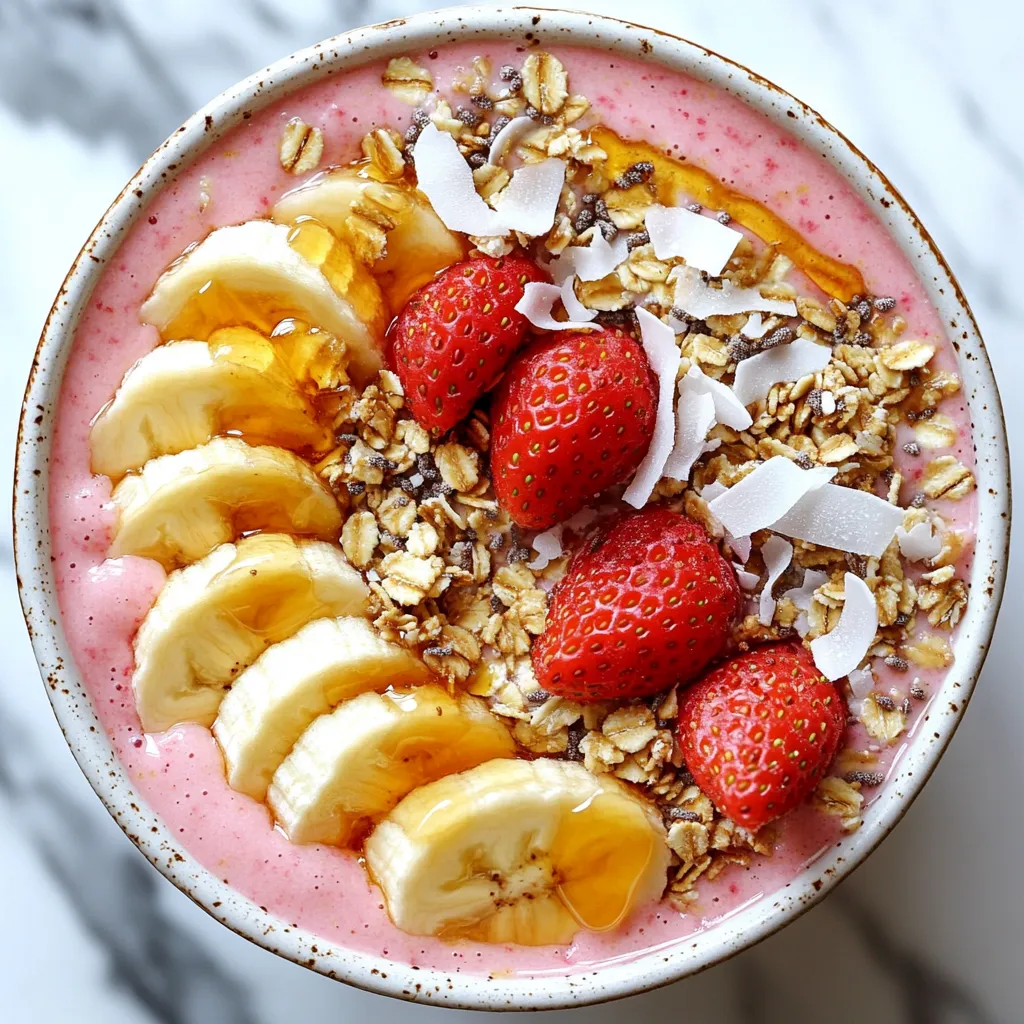 - 1 cup frozen strawberries - 1 ripe banana, sliced - 1/2 cup Greek yogurt - 1/2 cup unsweetened almond milk - 1 tablespoon honey or maple syrup - 1 tablespoon chia seeds The essential ingredients make this smoothie bowl tasty and easy. Frozen strawberries give it a thick texture. A ripe banana adds natural sweetness. Greek yogurt brings creaminess and protein. Almond milk helps blend it all smoothly. Honey or maple syrup sweetens the mix. Chia seeds add fiber and a little crunch. - Fresh strawberries - Banana slices - Granola - Shredded coconut For toppings, fresh strawberries and banana slices add color and flavor. Granola gives a nice crunch. Shredded coconut adds a tropical touch. You can mix and match these for a fun look. - Nut butters - Seeds - Additional fruits Optional add-ons let you be creative. Nut butters add protein and richness. Extra seeds boost nutrition. You can use other fruits like mango or blueberries for new flavors. These choices make your smoothie bowl unique! {{ingredient_image_1}} - Measure out 1 cup of frozen strawberries. - Slice one ripe banana into pieces for blending and topping. - In your blender, add the frozen strawberries, sliced banana, 1/2 cup Greek yogurt, and 1/2 cup almond milk. - Add 1 tablespoon of honey and 1 tablespoon of chia seeds. - Blend everything on high until it turns smooth and creamy. - If the mix is too thick, add more almond milk until it’s just right. - Carefully pour the smoothie mixture into a bowl. - Get creative! Top it with sliced fresh strawberries, banana slices, granola, shredded coconut, and a drizzle of honey. - Serve right away to enjoy the fresh flavors. To get the right thickness in your smoothie bowl, use unsweetened almond milk. Start with half a cup, but you can add more if needed. If you want a thicker bowl, add less milk. Using frozen strawberries is key. They help chill the smoothie and make it creamy. Fresh strawberries can make the mix too runny. For a sweeter taste, try natural sweeteners like honey or maple syrup. These options blend well and taste great. You can also add a handful of spinach or kale. This adds nutrients without changing the taste. It’s a simple way to make your smoothie bowl healthier. Arranging your toppings can be fun! Try to layer sliced strawberries and bananas in a pattern. Add granola in small piles for texture. A sprinkle of shredded coconut adds a nice touch. Using colorful bowls makes your smoothie bowl pop. Bright colors make it more appealing and fun to eat. Pro Tips Use Ripe Bananas: The riper the banana, the sweeter and creamier your smoothie bowl will be. Look for bananas with brown spots for optimal sweetness. Adjust Consistency: If you prefer a thicker smoothie bowl, use less almond milk. For a thinner consistency, add more milk until you reach your desired texture. Chill Your Bowl: For an extra refreshing experience, chill your bowl in the freezer for a few minutes before serving. This keeps your smoothie bowl cold and enjoyable. Experiment with Toppings: Feel free to customize your toppings! Add nuts, seeds, or other fruits to enhance the flavor and texture of your smoothie bowl. {{image_2}} You can easily make this smoothie bowl vegan. Just swap Greek yogurt for silken tofu or coconut yogurt. Both options give a nice creaminess. For sweeteners, use maple syrup or agave nectar instead of honey. This keeps the bowl plant-based and still tasty. Want to switch it up? Add spinach or kale for a green smoothie. These greens boost nutrients without changing the taste much. You can also use tropical fruits like mango or pineapple. These fruits add sweetness and a fun twist to your bowl. Mix-ins can enhance your smoothie bowl. Add protein powder for an extra boost, perfect for post-workout. Oats or seeds like flax or pumpkin seeds give great texture. They also add fiber, making your bowl more filling and satisfying. To store unused smoothie, pour it into a sealed container. Keep it in the fridge. It stays fresh for up to two days. After that, it may lose flavor and texture. Always check for any odd smells before you drink it. If you want to save portions for later, freeze the smoothie. Use ice cube trays or small containers. This method is great for quick snacks. When you want to enjoy it again, thaw it in the fridge overnight. For best texture, avoid using a microwave to thaw. To refresh a refrigerated smoothie, stir it well. If it’s too thick, add a splash of almond milk. Blend it again if needed. This helps bring back its creamy texture. Enjoy it chilled for a refreshing treat! To make your smoothie bowl thicker, try these tips: - Use more frozen strawberries. - Add less almond milk. - Blend in a banana that is not too ripe. - Chia seeds help thicken the mix as they expand. If you want a creamier texture, use more yogurt. Each small change can make a big difference. Yes, you can use fresh strawberries, but the texture will change. Fresh berries make a lighter smoothie. Frozen strawberries add thickness and chill the bowl. If using fresh, add ice cubes to help keep it cold. The flavor will still be great, but remember it might be thinner. If you need a substitute for Greek yogurt, try these options: - Plain yogurt or regular yogurt works well. - Use a dairy-free yogurt, like almond or coconut yogurt. - Silken tofu is a good non-dairy choice. These options still give creaminess and taste. Each choice adds its own flavor, so pick what you like! This blog post covered how to make a tasty Strawberry Banana Smoothie Bowl. We discussed essential ingredients, blending, and creative toppings. You can adjust thickness and flavor as you like. Variations let you explore new tastes, while storage tips help keep leftovers fresh. Enjoy this healthy treat your way. Get creative and have fun making your smoothie bowl!