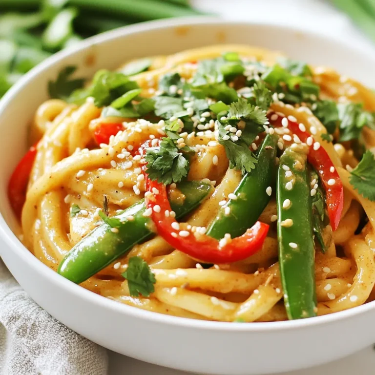 - Udon Noodles and Sauces - 8 oz udon noodles - 1/2 cup creamy peanut butter - 2 tablespoons soy sauce - 1 tablespoon rice vinegar - 1 tablespoon sesame oil - 1 tablespoon sriracha (adjust to taste) - Fresh Vegetables and Garnishes - 1 cup snap peas, trimmed - 1 red bell pepper, thinly sliced - 2 cloves garlic, minced - 1-inch piece of ginger, grated - 1 green onion, sliced (for garnish) - 1 tablespoon toasted sesame seeds (for garnish) - Fresh cilantro leaves (for garnish) - Optional Sweeteners - 1 tablespoon honey or maple syrup Gather these items before you start cooking. The udon noodles form the base of the dish. The creamy peanut butter gives a rich, nutty flavor. Soy sauce adds saltiness, while rice vinegar brings brightness. Sesame oil enhances the taste with its unique aroma. Sriracha adds heat, so adjust it to your liking. For veggies, snap peas and red bell pepper add crunch and color. Garlic and ginger give depth to the sauce. Green onions, sesame seeds, and cilantro offer fresh garnishes that make the dish pop. If you like a hint of sweetness, include honey or maple syrup. This blend of ingredients creates a delightful mix of flavors and textures. Enjoy making this dish! {{ingredient_image_1}} Start by boiling water in a large pot. Once boiling, add the udon noodles. Cook them according to the package instructions, usually around 8-10 minutes. When they are soft, drain the noodles and rinse them under cold water. This stops the cooking and keeps them from sticking. Set the noodles aside while you prepare the sauce. In a mixing bowl, measure out the creamy peanut butter and add it. Next, pour in the soy sauce, rice vinegar, and sesame oil. Add the sriracha, honey, minced garlic, and grated ginger. Whisk everything together until smooth. If your sauce is too thick, add a little warm water to make it easier to mix. This sauce packs a punch with flavor and spice! Heat a skillet over medium heat and add the snap peas and red bell pepper. Sauté these for about 3-4 minutes. You want them to be tender-crisp, so don’t overcook them. The bright colors add a fun look to your dish! Now, it’s time to bring everything together. Add the cooked udon noodles to the skillet with the sautéed vegetables. Pour the peanut sauce over the noodles. Gently toss everything together until the noodles and veggies are well coated. Cook for another 2-3 minutes to heat everything through. Once done, transfer the spicy peanut udon noodles to a serving dish. Garnish with sliced green onion, toasted sesame seeds, and fresh cilantro leaves. Enjoy this tasty dish! To get the best texture in your noodles, cook them just right. Follow the package instructions for the udon noodles. Don't overcook them! After cooking, rinse the noodles under cold water. This helps stop the cooking process and keeps them firm. When you sauté them with the veggies, they will soak up the sauce but stay nice and chewy. If you want more heat, add extra sriracha to the peanut sauce. Start with one tablespoon and taste. You can always add more later. If it’s too spicy, balance it with honey or maple syrup. This will sweeten the dish and tone down the heat. Remember, you control the spice! One common mistake is not rinsing the noodles after cooking. This can make them sticky and mushy. Another mistake is adding the sauce too soon. Wait until you sauté the veggies. Mixing them too early can make the noodles clump together. Lastly, don’t skip the garnishes. They add flavor and make your dish look great! Pro Tips Adjust the Spice Level: Feel free to modify the amount of sriracha to suit your heat preference. Start with less and add more as needed. Veggie Variations: Experiment with other vegetables like broccoli, carrots, or bell peppers for added color and nutrition. Make Ahead: The peanut sauce can be made in advance and stored in the refrigerator for up to a week. Just give it a good stir before using. Serving Suggestions: These noodles pair well with grilled chicken, shrimp, or tofu for an extra protein boost. {{image_2}} You can add protein to make your spicy peanut udon noodles more filling. Chicken is a great choice. Use grilled or sautéed chicken for a tasty boost. Tofu works well too. Choose firm tofu, press it, and cube it before cooking. Shrimp is another option. Sauté shrimp until they turn pink and add them to the dish. Each protein adds its own flavor and texture. To keep your dish vegetarian or vegan, use tofu or skip the meat entirely. The peanut sauce is already plant-based. You can also add more vegetables for a hearty meal. Try mushrooms, carrots, or zucchini. These veggies can add crunch and color. Feel free to switch up the vegetables. Broccoli, bell peppers, and bok choy work great in this dish. They add nutrients and flavor. You can also play with spices. Try adding lime juice for a zesty kick or coconut milk for creaminess. Each change adds a new twist to this easy recipe. Enjoy experimenting to find your favorite combination! After you make your spicy peanut udon noodles, you might have some left. To store them, let the noodles cool down first. Then, place them in an airtight container. Keep the container in the fridge. The noodles can last for about three days. If you want to keep them fresh longer, store the sauce separately. This keeps the noodles from getting too soggy. When you're ready to enjoy the leftovers, you can reheat them easily. Place the noodles in a skillet over medium heat. Add a splash of water or a little oil to help them heat up. Stir gently until they are hot. You can also use the microwave. Put the noodles in a bowl and cover them with a damp paper towel. Heat for about one to two minutes, stirring halfway through. Freezing is a great option if you want to save your spicy peanut udon noodles for later. First, let them cool completely. Then, put the noodles in a freezer-safe bag. Try to remove as much air as possible before sealing the bag. You can freeze them for up to three months. When you're ready to eat, thaw them in the fridge overnight. Reheat as mentioned above. Enjoy your tasty meal any time! If you cannot find udon noodles, you have options. You can use soba noodles or rice noodles. Both choices offer a nice texture and flavor. Spaghetti works too, but it changes the taste. Choose according to your preference and what you have at home. Yes, you can make this dish ahead of time. Cook the noodles and store them in the fridge. Prepare the sauce and veggies separately. When you're ready to eat, heat them together. This keeps the noodles fresh and tasty. Udon noodles are not gluten-free. However, you can use gluten-free noodles instead. Look for rice noodles or gluten-free pasta. These options make the dish safe for gluten-sensitive diets. To reduce spiciness, use less sriracha in the sauce. You can also add more peanut butter to balance flavors. A splash of lime juice can help too. Make small changes until you find the right heat level for you. In this post, we covered how to make delicious spicy peanut udon noodles. We explored key ingredients, step-by-step cooking methods, and helpful tips. You learned about variations to suit your taste and how to store leftovers. Cooking can be fun and easy, and this recipe proves it. With practice, you’ll impress friends and family. So, grab your ingredients and start cooking today! Enjoy your meal and make it your own!