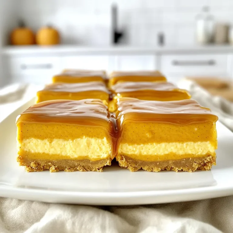 - 1 ½ cups graham cracker crumbs - ½ cup unsalted butter, melted - ¼ cup brown sugar - 1 teaspoon cinnamon - 16 oz cream cheese, softened - 1 cup pumpkin puree - 1 cup granulated sugar - 3 large eggs - 1 teaspoon vanilla extract - 1 teaspoon pumpkin spice - ½ teaspoon salt - 1 cup granulated sugar - 6 tablespoons unsalted butter, cut into cubes - ½ cup heavy cream - 1 teaspoon sea salt I love how simple these ingredients come together to create magic. For the crust, you need graham cracker crumbs, melted butter, brown sugar, and cinnamon. The graham crackers add a nice crunch, while the butter gives it richness. Brown sugar and cinnamon bring warmth to the mix. Next, for the cheesecake filling, grab cream cheese, pumpkin puree, granulated sugar, eggs, vanilla extract, pumpkin spice, and salt. Cream cheese is key; it gives that smooth texture. Pumpkin puree adds flavor and color, while eggs help it set perfectly. The spices make it taste like fall. Finally, you'll make the salted caramel sauce. This needs granulated sugar, unsalted butter, heavy cream, and sea salt. The sugar melts down to create that sweet, rich caramel. Butter adds creaminess, and heavy cream gives it a smooth finish. A touch of sea salt balances the sweetness just right. These ingredients work together to create a dessert that's both tasty and beautiful. You’ll love how they combine to make salted caramel pumpkin cheesecake bars that shine at any gathering. First, set your oven to 350°F (175°C). This is the perfect temperature for baking these bars. Next, take a 9x9 inch baking pan. Grease it well, then line it with parchment paper. This helps with easy removal later. In a mixing bowl, combine 1 ½ cups of graham cracker crumbs, ½ cup of melted unsalted butter, ¼ cup of brown sugar, and 1 teaspoon of cinnamon. Mix it until it looks like wet sand. Press this mixture firmly into the bottom of your prepared pan. Bake it for 8 to 10 minutes. You want it to be set. After baking, let it cool completely. Grab a large mixing bowl. Beat 16 oz of softened cream cheese with an electric mixer until it is smooth. Add in 1 cup of pumpkin puree, 1 cup of granulated sugar, 3 large eggs, 1 teaspoon of vanilla extract, 1 teaspoon of pumpkin spice, and ½ teaspoon of salt. Mix until it is creamy and well blended. Now, pour this filling over the cooled crust. Use a spatula to smooth the top. In a medium saucepan, heat 1 cup of granulated sugar over medium heat. Stir it constantly until it melts into a golden amber color. Once it melts, carefully add in 6 tablespoons of cubed unsalted butter. Whisk until smooth. Slowly pour in ½ cup of heavy cream while whisking. This helps to mix it well. Finally, sprinkle in 1 teaspoon of sea salt and mix again. After the cheesecake cools to room temperature, pour the salted caramel sauce over the top. Spread it evenly. Now, place the bars in the refrigerator for at least 2 hours. This allows them to set fully. Once chilled, remove the bars from the pan using the parchment paper. Cut them into squares. Drizzle any remaining caramel sauce over the top before serving. Enjoy! To make the best cheesecake bars, you must beat the cream cheese well. Start with softened cream cheese. This helps it mix smoothly and prevents lumps. Use an electric mixer on medium speed for about 2-3 minutes. You want it creamy and light. Using room temperature ingredients is also key. Let your eggs and pumpkin puree sit out before you bake. Cold ingredients can make your batter too thick. This step helps blend everything together nicely. When making salted caramel, avoid common mistakes. Don't walk away while the sugar melts. Stir constantly to keep it from burning. Watch for the sugar to turn a golden amber color. This is when it's ready for the butter and cream. If you want to try an easier method, use a microwave. Combine sugar and butter in a bowl. Heat in short bursts, stirring in between. Then add the cream slowly. For a beautiful presentation, garnish with whipped cream. A sprinkle of sea salt on top adds a nice touch. You can also serve with fresh apple slices or a scoop of vanilla ice cream. Try cutting the bars into fun shapes using cookie cutters. This makes them great for parties. Remember, a drizzle of extra caramel sauce can make these bars shine! {{image_2}} You can change the flavor of your salted caramel pumpkin cheesecake bars with some easy swaps. First, consider using different spices. Instead of pumpkin spice, try nutmeg or ginger for a new twist. You can even mix in a dash of cardamom for a warm, unique flavor. Next, think about alternative sweeteners. If you prefer a healthier option, use maple syrup or honey instead of granulated sugar. This can add a nice depth of flavor. Just remember, these swaps may change the texture a bit. If you need gluten-free options, you can use gluten-free graham crackers for the crust. They work just as well and still taste great. You can also make your crust with almond flour or ground oats. For dairy-free alternatives, use vegan cream cheese and coconut milk instead of heavy cream in the caramel. This way, everyone can enjoy the bars without missing out on flavor. Fall is all about flavor, so why not add other seasonal flavors? You can mix in some chopped pecans or walnuts for crunch. Or, add a swirl of apple butter to the cheesecake filling for a fruity surprise. For holiday variations, consider topping the bars with crushed peppermint for a festive look. You can also use eggnog spice instead of pumpkin spice for a holiday feel. These simple changes will make your bars special for any occasion. For short-term storage, keep your salted caramel pumpkin cheesecake bars in the fridge. Use an airtight container to keep them fresh. This way, they will last about 5 to 7 days. If you want to avoid sogginess, place a paper towel in the container. It will absorb moisture and keep the crust crispy. If you want to save some bars for later, freezing is a great option. First, cut the bars into squares and wrap each piece tightly in plastic wrap. Then, place them in a freezer-safe container or a zip-top bag. They can stay frozen for up to 3 months. When you are ready to eat them, take the bars out of the freezer. Let them thaw in the fridge overnight. This keeps them nice and creamy. Avoid thawing them at room temperature, as this can change their texture. You can tell cheesecake bars are done by checking the edges and the center. The edges should look firm, while the center should have a slight jiggle. This means it is still creamy and soft. If the center moves too much, it needs more time. Look for a light golden color on the edges for visual cues. Yes, you can make the salted caramel sauce ahead of time. Store it in an airtight container in the fridge for up to two weeks. To reheat, place it in a small saucepan over low heat. Stir it gently until it warms up and becomes smooth again. You can also use a microwave, heating in short bursts. These cheesecake bars pair well with whipped cream or a scoop of vanilla ice cream. Try serving them with coffee or hot cider for a cozy treat. You can also offer a slice of apple pie or pumpkin bread to complement the flavors. Enjoy these ideas to enhance your dessert spread! This recipe takes simple ingredients and turns them into a delicious treat. You learned how to make a tasty crust, creamy filling, and rich caramel sauce. Each step matters for the best results. Perfecting texture and choosing the right spices make all the difference. Consider trying different flavors or storage tips to enjoy this dish longer. Remember, your kitchen can be a place for creativity. Have fun with it! Enjoy sharing your yummy salted caramel pumpkin cheesecake bars with friends and family!