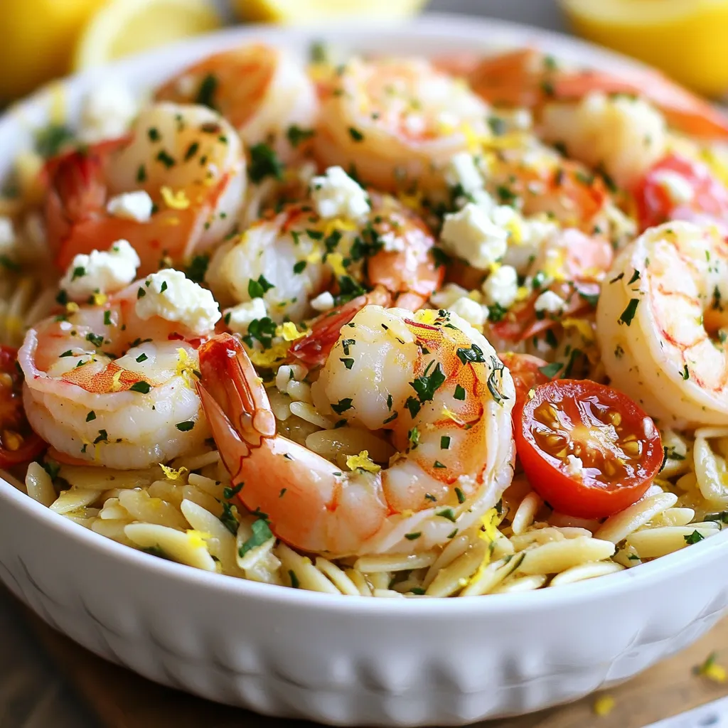 When making Lemon Garlic Shrimp Orzo, you need fresh and flavorful ingredients. Here’s what you will need: - 1 cup orzo pasta - 1 pound medium shrimp, peeled and deveined - 3 tablespoons olive oil - 4 cloves garlic, minced - 1 lemon (juice and zest) - 1 teaspoon red pepper flakes - 1/2 cup cherry tomatoes, halved - 1/4 cup fresh parsley, chopped - Salt and pepper to taste - 1/4 cup feta cheese, crumbled (optional) Each ingredient plays a key role in the dish. The orzo is the base, providing a comforting texture. The shrimp adds protein and flavor, while the garlic and lemon create a bright taste. Use fresh parsley for color and freshness. If you like cheese, feta gives a creamy touch. Feel free to mix things up. Try adding more veggies or different herbs. The beauty of this dish is how you can customize it to your taste. Each ingredient adds to the overall deliciousness of your meal. {{ingredient_image_1}} To cook orzo pasta correctly, start with a large pot of salted boiling water. Add 1 cup of orzo and cook it for about 8-10 minutes. Follow the package instructions for exact times. You want the orzo to be al dente. This means it should be tender but still have a slight bite. To achieve this texture, test the orzo a minute or two before the time is up. Drain the orzo and save 1/2 cup of the pasta water for later. Now, let’s sauté the shrimp. Heat 3 tablespoons of olive oil in a large skillet over medium heat. Once the oil is hot, add 4 cloves of minced garlic and 1 teaspoon of red pepper flakes. Sauté for about 1 minute until the garlic smells great but is not brown. Next, add 1 pound of medium shrimp to the skillet. Season them with salt and pepper. Cook the shrimp for 2-3 minutes on each side. They are ready when they turn pink and opaque. Be careful not to overcook them, as they can become tough. Now, it's time to combine everything. In the skillet with the shrimp, add the cooked orzo, 1/2 cup halved cherry tomatoes, the juice and zest of 1 lemon, and the reserved pasta water. Toss everything together gently. This helps the flavors mix well and ensures every bite is tasty. Make sure everything is heated through before serving. Finally, stir in 1/4 cup of chopped fresh parsley for a fresh touch. If you want, sprinkle 1/4 cup of crumbled feta cheese over the top before serving. Enjoy your Lemon Garlic Shrimp Orzo! To boost flavor, use fresh garlic and lemon. I love using minced garlic for its strong taste. Sauté garlic in olive oil until it smells great. Add lemon juice and zest for a bright kick. You can also adjust spice levels with red pepper flakes. Start with a teaspoon, then add more if you like heat. Serving is key for a great meal. Use a large, shallow bowl for the orzo. This gives it space to shine. Add extra parsley for a fresh touch. Lemon wedges on the side make it pop. They also let guests add more zing! Sauté shrimp with care. Ensure your skillet is hot, but not too hot. Cook shrimp for 2-3 minutes on each side. They should turn pink and opaque. When you drain orzo, save some pasta water. This water adds flavor and helps mix everything well. It’s a secret trick for creamy dishes! Pro Tips Use Fresh Shrimp: For the best flavor and texture, opt for fresh shrimp if available. Frozen shrimp can be used; just ensure they are fully thawed before cooking. Adjust the Heat: The amount of red pepper flakes can be tailored to your heat preference. Start with less and add more if you like a spicier dish. Reserve Pasta Water: Always save some pasta water before draining. It helps to create a creamy sauce when combined with the other ingredients. Garnish Wisely: Fresh herbs and a sprinkle of feta cheese not only enhance the flavor but also add a beautiful touch to your dish presentation. {{image_2}} You can switch up the shrimp for chicken or veggies. Chicken works great, adding a nice flavor. Just cut it into bite-sized pieces. Cook it until it's no longer pink. For veggies, try bell peppers, zucchini, or asparagus. These add color and crunch. You can also change the pasta. While orzo is perfect, you can use penne, fusilli, or even rice. Each type brings a new feel to the dish. Just follow the cooking times on the package for best results. Consider adding other herbs to boost flavor. Basil and thyme are great choices. They add depth and freshness. Simply chop them finely and stir them in at the end. Spices can also change the taste. A pinch of smoked paprika will add warmth. Cumin can bring earthiness. Experiment with what you love. Just start with a little, taste, and adjust as needed. This way, you can create your unique version of lemon garlic shrimp orzo! To keep your Lemon Garlic Shrimp Orzo fresh, let it cool to room temperature. Store leftovers in an airtight container. Place the container in the fridge. This dish stays good for up to three days. Make sure to check for any off smells or changes in texture before eating. You can freeze Lemon Garlic Shrimp Orzo for up to three months. To freeze, use a freezer-safe container or bag. Remove as much air as possible to avoid freezer burn. When ready to eat, thaw it in the fridge overnight. Reheat it gently in a skillet over low heat. Add a splash of water or broth to keep it moist. This way, your dish stays tasty and flavorful. You can keep leftovers of Lemon Garlic Shrimp Orzo in the fridge for about 3 days. Make sure to store it in an airtight container. This keeps it fresh and tasty. If you notice any odd smell or change in color, it’s best to toss it out. Yes, you can make Lemon Garlic Shrimp Orzo ahead of time! To meal prep, cook the orzo and shrimp as directed. Store them separately in the fridge. When you’re ready to eat, just reheat them together in a skillet. This way, the shrimp won’t get overcooked. To make a full meal, you can pair this dish with a light salad or steamed veggies. A crisp green salad with lemon vinaigrette works well. For drinks, try a chilled white wine or sparkling water with lemon. These pairings bring out the dish’s bright flavors. In this article, we covered the tasty Lemon Garlic Shrimp Orzo recipe. You learned about the ingredients, cooking methods, and tips for making it perfect. I shared variations and storage tips to help you enjoy leftovers. This dish is simple yet flavorful, making it a great choice for any meal. Try it out, and adjust the ingredients to fit your taste. Cooking can be fun and rewarding, so enjoy every step along the way!