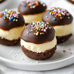 To make delicious chocolate dipped cheesecake bites, you'll need some key ingredients. Here’s the full list to get you started: - 8 oz cream cheese, softened - 1/2 cup powdered sugar - 1 teaspoon vanilla extract - 1/2 cup sour cream - 1/2 cup graham cracker crumbs - 1/2 cup semi-sweet chocolate chips - 1 tablespoon coconut oil - Sea salt for garnish - Optional toppings (sprinkles or crushed nuts) Each ingredient plays a vital role in creating these tasty treats. The cream cheese gives a rich and creamy flavor. The powdered sugar adds sweetness and smoothness. Vanilla extract brings a warm aroma to the bites. Sour cream adds a hint of tanginess that balances the sweetness. Adding graham cracker crumbs gives the bites a classic cheesecake crust flavor. The semi-sweet chocolate chips and coconut oil form a smooth, glossy coating that makes these bites irresistible. Lastly, the sea salt enhances the chocolate flavor and adds a nice contrast. You can also use sprinkles or crushed nuts for extra fun and crunch on top. Gather these ingredients, and you're ready to make a delightful dessert that everyone will love! {{ingredient_image_1}} To start, grab a mixing bowl. Beat 8 oz of softened cream cheese with an electric mixer. Mix until it's smooth and creamy. Next, add in 1/2 cup of powdered sugar and 1 teaspoon of vanilla extract. Mix until the ingredients blend well. Then, stir in 1/2 cup of sour cream. Keep mixing until it all looks smooth. Finally, gently fold in 1/2 cup of graham cracker crumbs. This adds texture and flavor to your bites. Now it's time to form the bites. Line a baking sheet with parchment paper. Use a small cookie scoop or your hands to make bite-sized balls. Each ball should be about one inch in size. Place these on the prepared baking sheet. Once you’ve formed all the bites, freeze them for 1 to 2 hours. They need to be firm so they hold shape later. While the cheesecake bites freeze, let's melt the chocolate. In a microwave-safe bowl, combine 1/2 cup of semi-sweet chocolate chips and 1 tablespoon of coconut oil. The coconut oil helps the chocolate melt smoothly. Microwave this mixture in 30-second intervals. Stir it after each interval. Keep heating until the chocolate is fully melted and smooth. After the cheesecake bites are firm, take them out of the freezer. Dip each bite into the melted chocolate. Make sure they are fully coated. Place the chocolate-dipped cheesecake bites back on the parchment paper. While the chocolate is still soft, sprinkle them with sea salt. You can also add crushed nuts or sprinkles for extra fun. Return the baking sheet to the freezer for 30 more minutes. This helps the chocolate set perfectly. To get a smooth cheesecake mixture, start with softened cream cheese. Cold cream cheese will be lumpy. Use an electric mixer and beat it until creamy. Then, add the powdered sugar and vanilla extract. Mix until everything blends well. Next, stir in the sour cream gently. This helps keep the mixture light. Finally, fold in the graham cracker crumbs. Do this slowly to keep air in the mix. Freezing is key for these bites. After forming the cheesecake balls, freeze them for 1-2 hours. This step makes them firm and easy to dip. If they are too soft, the chocolate will not coat well. After dipping in chocolate, freeze them again for 30 minutes. This allows the chocolate to set perfectly. For best results, use a flat baking sheet lined with parchment paper. It makes removal easy once frozen. Decorating these bites is fun! You can add toppings right after dipping in chocolate. Try sprinkling sea salt for a nice contrast. For more color and crunch, add sprinkles or crushed nuts. You can also drizzle extra melted chocolate on top. Fresh berries look great as a garnish too. Serve your bites on a decorative platter to impress your guests. Pro Tips Use Cold Cream Cheese: Ensure your cream cheese is softened but still cool to make it easier to mix without becoming too runny. Chill Before Dipping: Freezing the cheesecake bites for a bit longer can help them hold their shape better when dipping in chocolate. Customize Your Coating: Feel free to experiment with different types of chocolate or toppings like crushed candy or flavored sprinkles for a unique twist. Perfectly Melted Chocolate: Stir the chocolate chips every 30 seconds while melting to prevent burning and achieve a smooth consistency. {{image_2}} You can easily change the taste of your cheesecake bites. Try adding lemon juice or zest for a zesty kick. Almond extract gives a nutty flavor that pairs well with chocolate. For a richer taste, consider adding espresso powder. Each of these flavors can make your bites unique and fun. While semi-sweet chocolate is tasty, you can switch it up. White chocolate adds a sweet twist and looks beautiful. Dark chocolate offers a more intense flavor and pairs well with toppings. You can even use colored candy melts for festive occasions. Each coating brings a new look and taste to your bites. Garnishes can make your cheesecake bites shine. Drizzle some caramel sauce over the top for extra sweetness. Fresh fruit like strawberries or raspberries adds color and freshness. You can also use crushed nuts or colorful sprinkles for a fun touch. These garnishes enhance both the flavor and the visual appeal of your treats. To keep your cheesecake bites fresh, place them in an airtight container. This will prevent air from making them dry. You can also layer parchment paper between bites. This keeps them from sticking together. Store the container in the fridge for easy access. When stored properly, cheesecake bites can last up to three months in the freezer. Just make sure they are fully frozen before placing them in a container. If you want to enjoy them later, they freeze well. Just remember to label the container with the date. You don’t need to reheat cheesecake bites. They taste best cold or at room temperature. If they are frozen, let them sit for about 10 minutes before serving. This softens them slightly and makes for a delightful bite. Yes, you can use non-fat cream cheese. However, the texture may be less creamy. The bites might not be as rich, but they will still taste good. For the best flavor, I recommend using regular cream cheese. This gives you that smooth, luscious bite that everyone loves. To avoid cracking, make sure the cheesecake bites are very cold. After dipping in chocolate, let them sit on the parchment paper to set. You can also add a bit of coconut oil to the chocolate. This helps it stay smooth and flexible. A gentle touch when dipping also keeps the chocolate intact. You can find pre-made chocolate-dipped cheesecake bites at specialty dessert shops or bakeries. Some grocery stores may carry them in the frozen section. Look for local stores known for quality desserts. They often offer delicious options. - What’s the best way to serve these bites? Serve these bites on a pretty platter. Drizzle extra melted chocolate over them for flair. Garnish with fresh berries to add color and freshness. You can also sprinkle crushed nuts or sprinkles for extra texture. These bites are perfect for parties or special occasions. You now have a clear guide to making tasty cheesecake bites. We covered all the key steps, from mixing the filling to dipping in chocolate. I shared tips and even fun variations. Remember to store them well to keep them fresh. Enjoy trying different flavors and toppings to make them your own. These bites are easy to make and great for sharing. Now, go ahead and impress your friends and family with your delightful treats!
