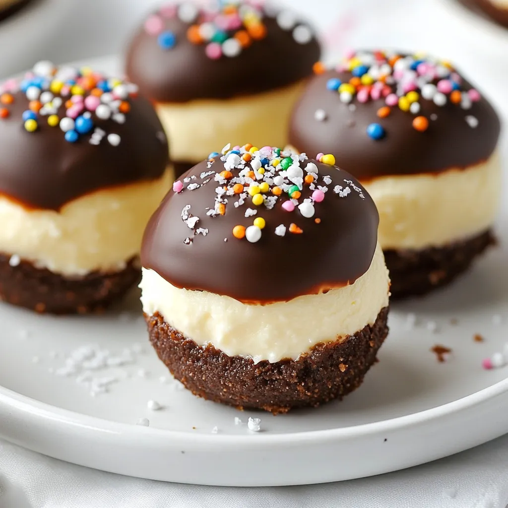 To make delicious chocolate dipped cheesecake bites, you'll need some key ingredients. Here’s the full list to get you started: - 8 oz cream cheese, softened - 1/2 cup powdered sugar - 1 teaspoon vanilla extract - 1/2 cup sour cream - 1/2 cup graham cracker crumbs - 1/2 cup semi-sweet chocolate chips - 1 tablespoon coconut oil - Sea salt for garnish - Optional toppings (sprinkles or crushed nuts) Each ingredient plays a vital role in creating these tasty treats. The cream cheese gives a rich and creamy flavor. The powdered sugar adds sweetness and smoothness. Vanilla extract brings a warm aroma to the bites. Sour cream adds a hint of tanginess that balances the sweetness. Adding graham cracker crumbs gives the bites a classic cheesecake crust flavor. The semi-sweet chocolate chips and coconut oil form a smooth, glossy coating that makes these bites irresistible. Lastly, the sea salt enhances the chocolate flavor and adds a nice contrast. You can also use sprinkles or crushed nuts for extra fun and crunch on top. Gather these ingredients, and you're ready to make a delightful dessert that everyone will love! {{ingredient_image_1}} To start, grab a mixing bowl. Beat 8 oz of softened cream cheese with an electric mixer. Mix until it's smooth and creamy. Next, add in 1/2 cup of powdered sugar and 1 teaspoon of vanilla extract. Mix until the ingredients blend well. Then, stir in 1/2 cup of sour cream. Keep mixing until it all looks smooth. Finally, gently fold in 1/2 cup of graham cracker crumbs. This adds texture and flavor to your bites. Now it's time to form the bites. Line a baking sheet with parchment paper. Use a small cookie scoop or your hands to make bite-sized balls. Each ball should be about one inch in size. Place these on the prepared baking sheet. Once you’ve formed all the bites, freeze them for 1 to 2 hours. They need to be firm so they hold shape later. While the cheesecake bites freeze, let's melt the chocolate. In a microwave-safe bowl, combine 1/2 cup of semi-sweet chocolate chips and 1 tablespoon of coconut oil. The coconut oil helps the chocolate melt smoothly. Microwave this mixture in 30-second intervals. Stir it after each interval. Keep heating until the chocolate is fully melted and smooth. After the cheesecake bites are firm, take them out of the freezer. Dip each bite into the melted chocolate. Make sure they are fully coated. Place the chocolate-dipped cheesecake bites back on the parchment paper. While the chocolate is still soft, sprinkle them with sea salt. You can also add crushed nuts or sprinkles for extra fun. Return the baking sheet to the freezer for 30 more minutes. This helps the chocolate set perfectly. To get a smooth cheesecake mixture, start with softened cream cheese. Cold cream cheese will be lumpy. Use an electric mixer and beat it until creamy. Then, add the powdered sugar and vanilla extract. Mix until everything blends well. Next, stir in the sour cream gently. This helps keep the mixture light. Finally, fold in the graham cracker crumbs. Do this slowly to keep air in the mix. Freezing is key for these bites. After forming the cheesecake balls, freeze them for 1-2 hours. This step makes them firm and easy to dip. If they are too soft, the chocolate will not coat well. After dipping in chocolate, freeze them again for 30 minutes. This allows the chocolate to set perfectly. For best results, use a flat baking sheet lined with parchment paper. It makes removal easy once frozen. Decorating these bites is fun! You can add toppings right after dipping in chocolate. Try sprinkling sea salt for a nice contrast. For more color and crunch, add sprinkles or crushed nuts. You can also drizzle extra melted chocolate on top. Fresh berries look great as a garnish too. Serve your bites on a decorative platter to impress your guests. Pro Tips Use Cold Cream Cheese: Ensure your cream cheese is softened but still cool to make it easier to mix without becoming too runny. Chill Before Dipping: Freezing the cheesecake bites for a bit longer can help them hold their shape better when dipping in chocolate. Customize Your Coating: Feel free to experiment with different types of chocolate or toppings like crushed candy or flavored sprinkles for a unique twist. Perfectly Melted Chocolate: Stir the chocolate chips every 30 seconds while melting to prevent burning and achieve a smooth consistency. {{image_2}} You can easily change the taste of your cheesecake bites. Try adding lemon juice or zest for a zesty kick. Almond extract gives a nutty flavor that pairs well with chocolate. For a richer taste, consider adding espresso powder. Each of these flavors can make your bites unique and fun. While semi-sweet chocolate is tasty, you can switch it up. White chocolate adds a sweet twist and looks beautiful. Dark chocolate offers a more intense flavor and pairs well with toppings. You can even use colored candy melts for festive occasions. Each coating brings a new look and taste to your bites. Garnishes can make your cheesecake bites shine. Drizzle some caramel sauce over the top for extra sweetness. Fresh fruit like strawberries or raspberries adds color and freshness. You can also use crushed nuts or colorful sprinkles for a fun touch. These garnishes enhance both the flavor and the visual appeal of your treats. To keep your cheesecake bites fresh, place them in an airtight container. This will prevent air from making them dry. You can also layer parchment paper between bites. This keeps them from sticking together. Store the container in the fridge for easy access. When stored properly, cheesecake bites can last up to three months in the freezer. Just make sure they are fully frozen before placing them in a container. If you want to enjoy them later, they freeze well. Just remember to label the container with the date. You don’t need to reheat cheesecake bites. They taste best cold or at room temperature. If they are frozen, let them sit for about 10 minutes before serving. This softens them slightly and makes for a delightful bite. Yes, you can use non-fat cream cheese. However, the texture may be less creamy. The bites might not be as rich, but they will still taste good. For the best flavor, I recommend using regular cream cheese. This gives you that smooth, luscious bite that everyone loves. To avoid cracking, make sure the cheesecake bites are very cold. After dipping in chocolate, let them sit on the parchment paper to set. You can also add a bit of coconut oil to the chocolate. This helps it stay smooth and flexible. A gentle touch when dipping also keeps the chocolate intact. You can find pre-made chocolate-dipped cheesecake bites at specialty dessert shops or bakeries. Some grocery stores may carry them in the frozen section. Look for local stores known for quality desserts. They often offer delicious options. - What’s the best way to serve these bites? Serve these bites on a pretty platter. Drizzle extra melted chocolate over them for flair. Garnish with fresh berries to add color and freshness. You can also sprinkle crushed nuts or sprinkles for extra texture. These bites are perfect for parties or special occasions. You now have a clear guide to making tasty cheesecake bites. We covered all the key steps, from mixing the filling to dipping in chocolate. I shared tips and even fun variations. Remember to store them well to keep them fresh. Enjoy trying different flavors and toppings to make them your own. These bites are easy to make and great for sharing. Now, go ahead and impress your friends and family with your delightful treats!