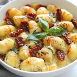 - 1 pound gnocchi - 1 cup sun-dried tomatoes - 2 cups heavy cream - 1 cup grated Parmesan cheese - 1 tablespoon olive oil - 3 cloves garlic, minced - 1 teaspoon Italian seasoning - Salt and pepper to taste - Fresh basil leaves for garnish Gathering the right ingredients is key to making delicious creamy sun-dried tomato gnocchi. You want to choose high-quality items for the best flavor. Start with gnocchi, which can be store-bought or homemade. The texture of gnocchi is soft and pillowy, making it perfect for sauce. Next, grab some sun-dried tomatoes. Look for those packed in oil for added flavor. They add a nice, tangy contrast to the creamy sauce. You’ll need heavy cream to make the sauce rich and smooth. The cream thickens nicely and coats the gnocchi perfectly. Don’t forget the Parmesan cheese; it adds a salty, nutty taste that brings everything together. For the aroma and depth of flavor, use fresh garlic and Italian seasoning. These two ingredients make the dish vibrant and fragrant. Lastly, have salt and pepper on hand to season to your liking and fresh basil leaves to make your dish pop with color. With these ingredients, you’ll create a dish that delights everyone at your table. Enjoy the cooking process and let each ingredient shine! {{ingredient_image_1}} - Bring a large pot of salted water to boil. - Add 1 pound of gnocchi and cook until they float. This usually takes about 2-3 minutes. Once they float, they are ready to drain. Set aside for later. - Heat 1 tablespoon of olive oil in a large skillet over medium heat. - Add 3 minced garlic cloves and sauté for about 30 seconds. You want the garlic to smell great. - Stir in 1 cup of chopped sun-dried tomatoes. Cook for another minute with 1 teaspoon of Italian seasoning. This adds a nice flavor. - Pour in 2 cups of heavy cream and stir to mix. - Bring the mixture to a gentle simmer. Let it cook for about 3-4 minutes. This helps the sauce thicken up. - Gradually add 1 cup of grated Parmesan cheese. Mix until the cheese melts into a creamy sauce. - Season with salt and pepper to taste. - Toss the cooked gnocchi into the creamy sauce. - Gently mix to coat each piece. - Heat everything together for an additional 1-2 minutes. This helps the flavors blend. To make your gnocchi sauce creamy, use heavy cream. It gives the sauce a rich, smooth feel. If you want to thicken the sauce, let it simmer a bit longer. This helps it become nice and thick. You can also add more cheese for extra creaminess. Parmesan cheese melts well and adds flavor. Store-bought gnocchi is quick and easy. Homemade gnocchi has a fresh taste and texture. If you choose store-bought, look for brands like De Cecco or Rana. These brands offer good quality gnocchi. If you have time, try making your own for the best taste. You can add different herbs and seasonings to boost flavor. Basil, thyme, or oregano work well. Experiment with crushed red pepper for a spicy kick. Sun-dried tomatoes come in oil or dry. When using dry tomatoes, soak them in water for a bit. This helps them soften and blend better into the sauce. Pro Tips Quality Ingredients: Use high-quality sun-dried tomatoes packed in oil for a richer flavor. This will enhance the overall taste of your dish. Don’t Overcook the Gnocchi: Keep a close eye on the gnocchi while cooking; they should only be boiled until they float, which indicates they are done. Overcooking can make them mushy. Adjusting Creaminess: If you prefer a lighter sauce, you can substitute half of the heavy cream with chicken or vegetable broth without sacrificing too much flavor. Garnish for Extra Flavor: Adding fresh basil not only enhances the presentation but also brings a fresh, aromatic flavor that complements the creamy sauce beautifully. {{image_2}} You can make this dish even better by adding protein. Try cooking diced chicken in the skillet before adding the sun-dried tomatoes. Cooked shrimp also works well, offering a sweet taste. If you prefer sausage, slice it and add it when cooking the garlic. For vegetarians, consider adding chickpeas or tofu. Both add protein without meat. To boost the nutrition, toss in some veggies. Spinach wilts nicely in the creamy sauce. Just add it right before you mix in the gnocchi. Mushrooms add earthiness, while bell peppers bring a sweet crunch. You can also use seasonal veggies like zucchini or asparagus. These additions keep the dish fresh and colorful. If you need gluten-free gnocchi, look for brands made from potatoes or cauliflower. You can also make your own using gluten-free flour. For the sauce, all ingredients are naturally gluten-free. Just check labels for added gluten in store-bought items. Enjoy this creamy dish without worry! To keep your creamy sun-dried tomato gnocchi fresh, store it in the fridge. Place it in an airtight container. This helps to keep it from drying out or absorbing other flavors. Make sure the dish is cooled to room temperature before sealing it. Enjoy leftovers within three days for the best taste. When reheating, we want to keep the creamy texture. A gentle method works best. Use a skillet over low heat. Add a splash of cream or water to help with moisture. Stir often to prevent sticking. You can also use the microwave. Heat it in short bursts, stirring in between. This way, your gnocchi stays creamy and delicious. Yes, you can freeze creamy gnocchi! However, the texture might change a bit. To freeze, let the dish cool completely. Then, place it in a freezer-safe container. Make sure to leave some space at the top for expansion. To thaw, move it to the fridge overnight. Reheat gently on the stove or in the microwave for the best results. This way, you can enjoy a taste of Italy anytime! Making homemade gnocchi is simple. Here are the steps: - Ingredients: You need 2 pounds of potatoes, 1 cup of all-purpose flour, and 1 egg. - Cook the Potatoes: Boil the potatoes until tender. - Mash: Peel and mash the potatoes until smooth. - Mix: In a bowl, combine the mashed potatoes, flour, and egg. - Knead: Gently knead the dough until it forms a soft ball. - Shape: Roll the dough into long ropes and cut into small pieces. - Form the Gnocchi: Press each piece with a fork for texture. - Cook: Boil the gnocchi until they float. Yes, you can use other types of pasta. Here are some great options: - Penne: A sturdy pasta that holds sauce well. - Farfalle: Its butterfly shape adds fun to the dish. - Fusilli: Twisted shape captures the sauce nicely. - Rigatoni: Large tubes for a hearty bite. These pastas will work well with the creamy sun-dried tomato sauce. You can serve several tasty side dishes with gnocchi. Consider these options: - Garlic Bread: A crunchy side that pairs well with creamy dishes. - Mixed Green Salad: Fresh greens with a light dressing add brightness. - Roasted Vegetables: Carrots or asparagus will add color and flavor. - Grilled Chicken: A protein option that complements the dish nicely. These sides will enhance your meal and create a delightful dining experience. This creamy sun-dried tomato gnocchi combines simple ingredients for a delicious dish. You learned how to create a rich sauce, cook gnocchi, and combine flavors. Experimenting with proteins and veggies can make your dish unique. Use the storage tips to keep leftovers tasty. Enjoy making this meal your own! Each step leads to a satisfying plate. Dishes like this can transform any dinner into a feast.