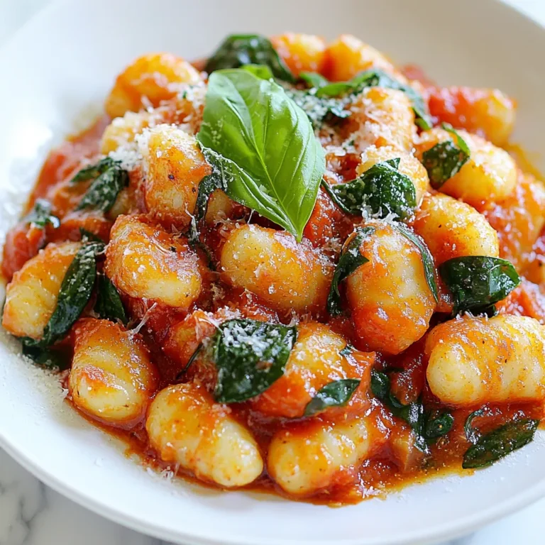 - 1 package (16 oz) potato gnocchi - 2 tablespoons olive oil - 3 cloves garlic, minced - 1 can (14 oz) crushed tomatoes - 1 cup heavy cream - 1 teaspoon dried basil - 1 teaspoon dried oregano - Salt and pepper to taste - 1 cup fresh spinach, chopped - ½ cup grated Parmesan cheese - Fresh basil leaves for garnish If you don’t have potato gnocchi, try using ricotta gnocchi or even pasta. For olive oil, you can use canola oil or avocado oil. In place of heavy cream, try coconut cream or a mix of milk and butter. If you want a fresh herb flavor, use fresh basil and oregano instead of dried. For a dairy-free option, swap Parmesan cheese with nutritional yeast. Choose gnocchi that feels slightly firm. Look for fresh garlic that has no soft spots. When picking tomatoes, go for a brand with no added sugars or preservatives. Heavy cream should be thick and rich; check the label for high-fat content. For spinach, choose bright green leaves with no wilting. Fresh basil should feel vibrant and aromatic. Always check expiration dates on all packaged items for the best quality. {{ingredient_image_1}} Start by boiling water in a large pot. Add a pinch of salt to the water. Once the water boils, add the potato gnocchi. Cook them until they float, which usually takes about 2 to 3 minutes. This means they are done! Carefully drain the gnocchi and set them aside. It is important to let them rest while you make the sauce. In a large skillet, heat 2 tablespoons of olive oil over medium heat. Add 3 cloves of minced garlic. Sauté the garlic for about 1 minute until it smells good. Next, pour in 1 can of crushed tomatoes. Bring the mixture to a gentle simmer. Then, stir in 1 cup of heavy cream. Add 1 teaspoon each of dried basil and dried oregano, along with salt and pepper to taste. Let the sauce simmer for about 5 minutes. This will help all the flavors mix well. Now it’s time to bring everything together! Add the cooked gnocchi to the skillet. Gently stir to coat the gnocchi in the creamy tomato sauce. Next, fold in 1 cup of chopped fresh spinach. Allow the spinach to cook for about 2 to 3 minutes until it wilts. Finally, remove the skillet from heat. Sprinkle ½ cup of grated Parmesan cheese on top. This will melt slightly and add creaminess. Serve hot and garnish with fresh basil leaves for a lovely touch. To make the sauce creamy, always use heavy cream. It blends well with tomatoes. If you want a lighter version, try half-and-half. You can also add cream cheese for extra richness. Stir it in slowly to avoid lumps. Always let the sauce simmer. This helps all the flavors mix well. For more flavor, add extra herbs. Fresh basil or parsley works great. A dash of red pepper flakes adds a nice kick. You can also toss in some sautéed mushrooms or bell peppers for depth. If you love cheese, try adding more Parmesan. It melts nicely and adds depth to the dish. Use a large skillet for this recipe. A non-stick skillet makes it easier to stir. A cast-iron skillet retains heat well, giving a nice finish. Make sure to have a wooden spoon handy for mixing. For best results, use a lid when simmering. It helps the sauce thicken and keeps it warm. Pro Tips Use Fresh Ingredients: For the best flavor, use fresh garlic and high-quality canned tomatoes. Fresh spinach adds a vibrant taste and texture. Customize Your Seasoning: Feel free to adjust the dried herbs to your liking. Adding a pinch of red pepper flakes can give your dish a nice kick! Don’t Overcook the Gnocchi: Keep an eye on the gnocchi while boiling; they are done when they float to the surface. Overcooking can make them mushy. Serve Immediately: This dish is best enjoyed fresh and hot. If you need to reheat leftovers, do so gently to maintain the creaminess. {{image_2}} If you want a vegetarian dish, this recipe is perfect. The creamy tomato gnocchi skillet already shines with its rich flavors and textures. You can boost the veggie power by adding more fresh vegetables. Try diced bell peppers, mushrooms, or zucchini. They add great taste and color to your meal. You can also swap the Parmesan cheese for a vegan alternative. Nutritional yeast makes a nice cheese substitute. Adding protein can make this dish more filling. You can use cooked chicken or sausage for extra flavor. If you opt for chicken, grill or sauté it first. Cut it into bite-sized pieces, then add it to the skillet with the gnocchi. For sausage, slice it and cook it until brown before adding the sauce. Both options work well with the creamy tomato sauce. If you need a gluten-free dish, you have choices. Look for gluten-free gnocchi made from potato or rice flour. They taste just as good! You can also use gluten-free pasta for a similar effect. Just make sure to check the cooking times, as they may differ from regular gnocchi. This way, you can enjoy a creamy tomato gnocchi skillet without worries. To store leftovers, let the creamy tomato gnocchi cool first. Then, place it in an airtight container. Make sure to seal it well. Store in the fridge for up to three days. If you want to keep it fresh longer, consider freezing. When you are ready to eat, you can reheat the gnocchi. Use a skillet over low heat. Add a splash of water or extra cream to keep it moist. Stir gently until it is hot throughout. You can also use a microwave. Heat it in short bursts, stirring in between. If you want to freeze the gnocchi, do it before adding the cream. Cook the gnocchi and let it cool. Place it in a freezer-safe bag. Lay it flat to save space. When you want to use it, thaw it in the fridge overnight. Then, make the sauce fresh when you’re ready to eat. This keeps the gnocchi and sauce tasting great! Yes, you can use store-bought gnocchi. It’s quick and easy. Most grocery stores offer fresh or frozen options. Just cook it according to the package. This saves time and gives you great taste. To add spice, you can use red pepper flakes. Just sprinkle some into the sauce while it simmers. Start with a small amount and taste. You can always add more spice if you like heat. Another option is to add diced jalapeños for a fresh kick. Gnocchi pairs well with many sides. A simple green salad brings freshness. Garlic bread is great for dipping into the creamy sauce. Roasted vegetables add color and flavor. You can also serve it with a light soup for a full meal. You’ve learned about how to choose and use great ingredients for gnocchi. I shared tips for cooking the gnocchi and making a tasty tomato sauce. Plus, I discussed ways to change up the recipe for different diets. Now, you can store your leftovers easily and even make meal prep simpler. Keep these tips in mind, and you’ll enjoy flavorful gnocchi every time. Happy cooking!