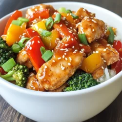 - 500g boneless chicken breast - 1 red bell pepper, sliced - 1 yellow bell pepper, sliced - 1 cup broccoli florets - 1 medium carrot, julienned - 3 cloves garlic, minced - 1 tablespoon fresh ginger, minced - ½ cup sweet chili sauce - 2 tablespoons soy sauce - 2 tablespoons cornstarch - 2 tablespoons vegetable oil - Salt and pepper to taste I love using fresh, colorful veggies in this dish. The red and yellow bell peppers add sweetness. Broccoli gives a nice crunch, while carrots bring a vibrant color. - Chopped green onions - Sesame seeds Garnishes like green onions and sesame seeds make the dish look pretty. They also add extra flavor that brightens each bite. - Cornstarch: You can use arrowroot or potato starch for gluten-free options. - Vegetable oil: Olive oil or coconut oil can work too. For a twist, try using different oils. Each brings its unique taste to the dish. Cornstarch helps thicken sauces and gives chicken a crispy texture. {{ingredient_image_1}} First, take 500g of boneless chicken breast and slice it into thin strips. In a bowl, combine the chicken strips with 2 tablespoons of cornstarch, salt, and pepper. Mix well to coat the chicken evenly. This step helps the chicken become tender and adds flavor. Set the chicken aside for about 15 minutes to let the flavors soak in. Heat 1 tablespoon of vegetable oil in a large skillet or wok over medium-high heat. Add the marinated chicken to the skillet. Stir-fry the chicken until it turns golden brown and is cooked through, which takes about 5-7 minutes. Once done, remove the chicken from the skillet and set it aside. In the same skillet, add another tablespoon of vegetable oil. Toss in 3 cloves of minced garlic and 1 tablespoon of minced ginger. Cook these for about 30 seconds until they smell great. Next, add your sliced red bell pepper, yellow bell pepper, 1 cup of broccoli florets, and 1 medium carrot that you’ve julienned. Stir-fry these vegetables for 3-4 minutes until they are tender but still crisp. Now, return the cooked chicken to the skillet with the vegetables. Pour in ½ cup of sweet chili sauce and 2 tablespoons of soy sauce. Stir everything together to ensure an even coating. Cook for an additional 2-3 minutes until everything is heated through. Taste your stir fry and adjust the seasoning with more salt and pepper if needed. Remove the skillet from the heat. Garnish your dish with chopped green onions and sesame seeds before serving. Enjoy your Sweet Chili Chicken Stir Fry! Marinating your chicken is key. It adds depth and helps the flavors meld. Use cornstarch, salt, and pepper for a great coating. Let the chicken sit for about 15 minutes. This time allows the chicken to soak up all that goodness. When stir-frying, keep the heat high. A hot skillet gives you that nice sear. Stir frequently to avoid burning. To keep your veggies crunchy, add them at the right time. Start with garlic and ginger for flavor. Then add bell peppers, broccoli, and carrots. Cook them for about 3-4 minutes. This keeps them tender but still crisp. Each veggie has a different cook time. Bell peppers need less time than broccoli. Serving matters! Use a large bowl or individual plates. This makes the dish feel special. Pair the stir fry with steamed jasmine rice or quinoa. Both add a nice base. A wedge of lime on the side gives a zesty kick. Garnish with green onions and sesame seeds. This adds color and crunch to your meal. Pro Tips Marinate for Flavor: Allow the chicken to marinate for at least 15 minutes. This helps the cornstarch adhere better and enhances the flavor. High Heat is Key: Stir-frying requires high heat to cook quickly. Make sure your skillet or wok is hot before adding the ingredients. Vegetable Crunch: To maintain the crispness of your vegetables, stir-fry them just until tender-crisp. Overcooking can make them soggy. Customize Your Sauce: Feel free to adjust the amount of sweet chili sauce and soy sauce according to your taste for a more personalized flavor. {{image_2}} For Sweet Chili Chicken Stir Fry, you can try different proteins. Shrimp cooks quickly and adds a nice flavor. Tofu is a great vegetarian choice. If you prefer beef, use thinly sliced flank steak for a hearty meal. You can also mix up your veggies. Try snap peas, zucchini, or even mushrooms for variety. Each swap brings a new twist to the dish. Want to kick up the flavor? Add red pepper flakes for some heat. A squeeze of fresh lime juice brightens up the dish. For a different taste, try using teriyaki sauce or hoisin sauce instead of sweet chili sauce. These sauces can change the flavor profile while keeping it delicious. If you need gluten-free options, use tamari instead of soy sauce. Cornstarch is naturally gluten-free, so it works well for thickening. For a vegetarian version, swap the chicken with tofu. You can keep all the other ingredients the same, and you will have a tasty meal that fits your needs. To store leftovers, let the stir fry cool down first. Place it in an airtight container. This keeps the food fresh and tasty. You can store it in the fridge for 3-4 days. Make sure to reheat it well before eating. To freeze your stir fry, use a freezer-safe container. Leave a little space at the top for expansion. Label it with the date. You can freeze it for up to three months. When you're ready to eat, thaw it overnight in the fridge. To reheat, warm it in a skillet over medium heat until hot. Use leftover ingredients creatively. Toss them into salads or omelets. You can also make wraps or sandwiches. Meal prep is easy with stored stir fry. Just heat it up for lunch or dinner. This way, you enjoy your meal and save time! Making Sweet Chili Chicken Stir Fry takes about 30 minutes. This includes: - Prep time: 15 minutes - Cook time: 15 minutes You can quickly gather the ingredients and prep the chicken. It cooks fast, so you can enjoy a tasty meal in no time! Yes, you can make this recipe in advance. Here are some tips: - Cook the chicken and veggies: You can stir-fry them and store in the fridge. - Reheat when ready: Just heat it in a pan until warm. - Sauce on the side: Keep the sweet chili sauce separate until serving for the best taste. This way, you save time and still enjoy a fresh meal. You can serve this stir fry with several tasty sides. Here are some great options: - Steamed jasmine rice - Quinoa - Noodles - Fresh lime wedges Garnish with chopped green onions and sesame seeds for extra flavor. These sides make your meal more filling and delicious! In this post, we explored how to make a delicious Sweet Chili Chicken Stir Fry. We covered the key ingredients, marinating tips, and cooking techniques to ensure rich flavor and perfect texture. You learned about alternate ingredients and how to store leftovers. Stir-frying is not just quick but fun. With practice, you can create your own tasty versions. Enjoy experimenting and sharing delicious meals with family or friends! Your kitchen can become a place for delightful flavors and shared moments.