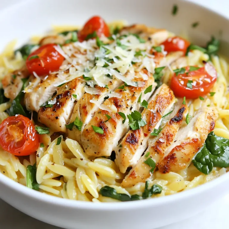 - 1 cup orzo pasta - 2 boneless, skinless chicken breasts (about 1 pound) - 3 tablespoons olive oil, divided - 4 cloves garlic, minced - Zest of 1 lemon - 1/4 cup fresh lemon juice - 2 cups chicken broth - 1 cup baby spinach - 1/2 cup cherry tomatoes, halved - 1/4 cup grated Parmesan cheese - Salt and pepper to taste - Fresh parsley, chopped (for garnish) Using precise measurements helps me create the best flavors. For this dish, I use: - 1 cup of orzo pasta, which cooks well and absorbs flavor. - 2 chicken breasts provide enough protein for four servings. - 3 tablespoons of olive oil keep the chicken moist and add depth. - 4 cloves of garlic give a strong, savory taste. - The zest and juice from 1 lemon brightens the dish. - I use 2 cups of chicken broth for a rich base. - 1 cup of baby spinach adds color and nutrients. - 1/2 cup of halved cherry tomatoes brings sweetness. - 1/4 cup of grated Parmesan cheese gives a creamy finish. - Salt and pepper enhance all the flavors. - Fresh parsley on top adds a fresh touch. Quality matters in cooking. I always choose fresh ingredients. Look for: - Good orzo pasta that cooks evenly. - Chicken breasts that are plump and firm. - High-quality olive oil for better taste. - Fresh garlic, as it has a stronger flavor than dried. - A fragrant lemon for zest and juice. - Low-sodium chicken broth to control salt levels. - Fresh spinach that is vibrant and crisp. - Ripe cherry tomatoes for natural sweetness. - Freshly grated Parmesan cheese, which melts better. - Fresh parsley, as it adds a pop of color and flavor. This attention to detail makes my lemon garlic orzo with chicken truly special. {{ingredient_image_1}} Start by boiling 4 cups of salted water in a medium pot. Add 1 cup of orzo pasta to the pot. Cook according to the package instructions, which usually takes about 8 to 10 minutes. You want it to be al dente, so keep an eye on it. Once done, drain the orzo and set it aside. While the orzo cooks, take 2 boneless, skinless chicken breasts. Lightly season them with salt and pepper on both sides. Heat 1 tablespoon of olive oil in a large skillet over medium heat. When hot, add the chicken breasts. Cook for 6 to 7 minutes on each side. Check that the internal temperature reaches 165°F (75°C). The chicken should look golden brown. Remove it from the skillet, let it rest for a few minutes, and then slice it into strips. Using the same skillet, add 2 tablespoons of olive oil. Then, add 4 cloves of minced garlic. Sauté the garlic for about 30 seconds. You want the garlic fragrant but not brown. Next, stir in the zest of 1 lemon and 1/4 cup of lemon juice. Pour in 2 cups of chicken broth and bring it to a simmer. Lower the heat and let the mixture reduce for about 3 to 4 minutes. Now, add the cooked orzo, 1 cup of baby spinach, and 1/2 cup of halved cherry tomatoes to the skillet. Toss everything together. Let the spinach wilt slightly for about 2 to 3 minutes. Finally, stir in 1/4 cup of grated Parmesan cheese until it melts. Add salt and pepper to taste. Arrange the sliced chicken on top, and garnish with chopped parsley before serving. Enjoy your flavorful dish! To make perfect orzo, start with a big pot of salted water. Use at least four cups of water for one cup of orzo. This helps the pasta cook evenly. Stir the orzo right after adding it to the boiling water. This keeps it from sticking together. Cook it for about 8-10 minutes until it is firm but soft, called al dente. Once done, drain it right away to avoid overcooking. For juicy chicken, choose boneless, skinless breasts. Season them well with salt and pepper. Heat the skillet until it is hot, then add olive oil. Cook each side for 6-7 minutes until the chicken is golden brown and reaches 165°F (75°C). Let it rest before slicing. This keeps the juices inside, making each bite tender and flavorful. Garlic and lemon give this dish a fresh taste. Use fresh garlic and mince it finely. Sauté it for just 30 seconds to release its aroma. If you cook it too long, it may burn and taste bitter. Adding lemon zest and juice brightens the dish. Use the zest from one lemon for a strong flavor, and fresh juice for a tangy kick. Mix these ingredients well to coat the orzo and chicken evenly in the sauce. Pro Tips Use Fresh Ingredients: Whenever possible, opt for fresh garlic, lemon, and spinach to enhance the flavors of your dish significantly. Perfect Chicken Cooking: Use a meat thermometer to ensure your chicken is cooked perfectly to 165°F (75°C) for a juicy texture. Customizable Veggies: Feel free to add other vegetables like bell peppers or zucchini to the orzo for added color and nutrition. Resting Time: Let the chicken rest for a few minutes after cooking to retain its juices and prevent dryness when slicing. {{image_2}} You can easily turn this dish into a vegetarian meal. Simply swap the chicken for firm tofu or chickpeas. Tofu adds a nice texture. It absorbs the lemon and garlic flavors well. Use the same cooking method, sautéing until golden. If you choose chickpeas, add them directly to the garlic-lemon sauce. They cook quickly and provide protein. This option keeps the dish hearty and satisfying. If chicken is not your thing, try other proteins. Shrimp works wonderfully in this dish. Sauté shrimp for just a few minutes until they turn pink. Salmon is another tasty choice. Bake or grill it separately and serve it on top of the orzo. For a leaner option, use turkey breast. Simply follow the same cooking steps as for chicken. Each protein brings its own flavor to the dish. You can boost the healthiness of this meal by adding more vegetables. Bell peppers or zucchini add color and crunch. Sauté them with the garlic for a few minutes. Broccoli or asparagus also work well. Just chop them into bite-sized pieces and add them to the orzo. These additions enhance both nutrition and taste. Feel free to mix and match your favorite veggies. To store your Lemon Garlic Orzo with Chicken, let it cool first. Place it in an airtight container. You can keep it in the fridge for up to three days. Make sure it is sealed well to avoid drying out. When you are ready to eat, take the leftovers out. You can reheat them in a bowl in the microwave. Heat for one to two minutes, stirring halfway through. If you want, add a splash of chicken broth to keep it moist. Alternatively, you can reheat it on the stove. Just add a little oil to a pan and warm it over low heat. If you want to freeze this dish, make sure it is cool first. Portion it into smaller containers. This way, you can thaw only what you need. It will last in the freezer for up to three months. To defrost, leave it in the fridge overnight. You can reheat it as mentioned before. If you can't find orzo, use any small pasta. Good options include ditalini, couscous, or even rice. Each choice will give a different twist to the dish. Use whole grain pasta for extra fiber. It keeps the meal healthy and satisfying. Yes, you can make this dish ahead. Cook the orzo and chicken, then store them separately. This keeps the orzo from getting mushy. When ready to eat, reheat both and combine them. Add spinach and tomatoes just before serving for freshness. This dish is quite healthy. It has lean chicken, spinach, and tomatoes. These provide protein, vitamins, and minerals. The olive oil adds healthy fats. Use less cheese if you want to cut calories. Overall, it’s a balanced meal that tastes great. This blog post covered how to make flavorful Lemon Garlic Orzo with Chicken. You learned about the key ingredients, like quality garlic and lemon. I provided step-by-step instructions for cooking the orzo and chicken. I also offered useful tips for perfecting flavors and suggested variations to suit your taste. Remember, leftovers can be stored or frozen for later use. Cooking can be fun and easy! Enjoy your delicious dish and feel free to get creative. Your kitchen adventures await!