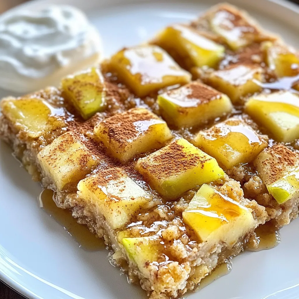 To make Apple Cinnamon Baked Oatmeal, gather these fresh ingredients: - 2 cups rolled oats - 1 teaspoon baking powder - 1 teaspoon ground cinnamon - ½ teaspoon salt - 2 cups milk (dairy or plant-based) - ½ cup maple syrup or honey - 1 teaspoon vanilla extract - 2 large apples, peeled, cored, and chopped (preferably Granny Smith or Honeycrisp) - ½ cup raisins or chopped nuts (such as walnuts or pecans, optional) - 2 tablespoons melted coconut oil or butter - Extra cinnamon for sprinkling These ingredients come together for a dish that is warm and comforting. The apples add a sweet and tart flavor. The oats provide a hearty base. You can choose your milk type to fit your diet. Maple syrup or honey adds natural sweetness. You can also add optional ingredients like raisins or nuts. They add texture and extra flavor. If you love a crunch, nuts are a great choice. If you prefer a chew, go for raisins. Both options make this dish even better. Use the best ingredients you can find. Fresh apples and quality oats make a big difference. Enjoy the process of gathering your ingredients. It’s the first step to a delicious meal! {{ingredient_image_1}} 1. Preheat the oven. Start by setting your oven to 350°F (175°C). This step is key for even baking. While it heats, grab your 8x8-inch baking dish. Grease it lightly with coconut oil or butter. This helps the oatmeal come out easily. 2. Combine dry ingredients. In a large bowl, mix together the rolled oats, baking powder, ground cinnamon, and salt. Stir well to ensure everything is combined. This mixture sets the base for your baked oatmeal. 3. Mix wet ingredients. In another bowl, whisk the milk, maple syrup (or honey), vanilla extract, and melted coconut oil. This blend adds flavor and moisture. Make sure it is well mixed so the flavors spread evenly. 4. Combine wet and dry. Pour the wet mixture into the dry mix. Stir gently until just combined. Be careful not to over-mix. Now, fold in the chopped apples and optional raisins or nuts. This adds texture and natural sweetness. 5. Spread the mixture. Transfer the oatmeal mixture into the greased baking dish. Spread it out evenly. This ensures it bakes uniformly. 6. Add extra cinnamon. Sprinkle a little extra cinnamon on top. This boosts the aroma and flavor while baking. 7. Bake. Place the dish in the preheated oven. Bake for 30-35 minutes. Check for doneness when the top is golden brown and the oats are set. 8. Cool and serve. Once baked, remove it from the oven. Let it cool for a few minutes. This helps the squares hold their shape when you cut them. 9. Cut and enjoy. Slice into squares. Serve warm, adding a drizzle of maple syrup or a splash of milk on top for extra delight. To get the best texture in your Apple Cinnamon Baked Oatmeal, follow these tips: - Use rolled oats. They give a nice, chewy bite. Quick oats can turn mushy. - Check your baking time. Ovens vary, so watch for a golden top. - Let it cool for a few minutes before serving. This helps it set and makes cutting easier. When choosing a baking dish, an 8x8-inch glass or ceramic dish works well. It helps the dish bake evenly. If you want to make a larger batch, a 9x13-inch dish is perfect. Just adjust the baking time to ensure it cooks through. For spice variations, feel free to mix it up! Try adding nutmeg for warmth or ginger for a little kick. You can also add chopped walnuts or pecans for added crunch. If you want a sweeter touch, sprinkle brown sugar on top before baking. This creates a caramelized crust that is delicious! These tips will help you make the best Apple Cinnamon Baked Oatmeal. Enjoy every warm, comforting bite! Pro Tips Use Fresh Apples: For the best flavor and texture, opt for fresh, crisp apples like Granny Smith or Honeycrisp, which hold up well during baking. Customize Your Sweetness: Adjust the amount of maple syrup or honey based on your taste preference or the sweetness of the apples used. Make Ahead: Prepare the mixture the night before and refrigerate. Just bake it in the morning for a quick, delicious breakfast. Experiment with Add-ins: Feel free to add other ingredients like shredded carrots, cranberries, or different nuts for a unique twist on the classic recipe. {{image_2}} To make this dish gluten-free, use certified gluten-free oats. These oats are processed in a way that avoids cross-contamination with gluten. For texture, you might want to add a bit of almond flour. This helps create a moist, chewy feel that many love in baked oatmeal. For a vegan version, swap dairy milk for plant-based milk like almond or oat milk. Both add great flavor. Instead of honey, use maple syrup or agave nectar as a sweetener. This keeps the dish sweet while staying plant-based. Get creative with fruits! You can add bananas or mixed berries for a fresh twist. Each fruit brings its own taste and texture. Nuts are another fun addition. Try walnuts or pecans, which add crunch and richness. Don't be afraid to mix and match flavors! To store your apple cinnamon baked oatmeal, let it cool first. Then, cut it into squares. Place them in an airtight container. This keeps the oatmeal fresh in the fridge for up to five days. If you want to keep it longer, freezing is a great option. Wrap each square in plastic wrap and then place them in a freezer-safe bag. This way, they stay tasty for up to three months. When you're ready to eat, just take out what you need. Reheating baked oatmeal is easy and keeps it nice. You can use the microwave or the oven. For the microwave, place a square on a plate. Heat it for 30 seconds to 1 minute. Check if it's warm enough. If not, heat it a bit more. For the oven, preheat it to 350°F (175°C). Place the oatmeal squares on a baking sheet. Heat for about 10 minutes. This helps keep the texture soft and chewy. Enjoy your warm and comforting dish! What type of apples are best for this recipe? I recommend using Granny Smith or Honeycrisp apples. These apples add a nice tartness and hold their shape well during baking. Their sweet-tart flavor pairs perfectly with the warm spices in this dish. Can I use quick oats instead of rolled oats? You can use quick oats, but the texture will change. Quick oats will create a softer, mushier dish. Rolled oats give a heartier, chewier bite. Stick with rolled oats for the best result. How can I make this dish more nutritious? To boost nutrition, you can add chia seeds or flaxseeds. These seeds add healthy fats and fiber. Adding extra fruits, like berries or bananas, also increases vitamins and minerals. Can I double the recipe, and how will that affect baking time? Yes, you can double the recipe. Use a larger baking dish, like a 9x13-inch pan. The baking time may increase by 5 to 10 minutes. Always check for doneness by looking for a golden top and set oats. We covered a simple and tasty apple cinnamon baked oatmeal recipe. You learned about ingredients, baking steps, and storage tips. I shared ways to customize the dish, from gluten-free to vegan options. The right ingredients lead to great flavor. Make it your own by adding fruits or spices. With these tips, you’ll have a delicious breakfast ready to enjoy. Now, it’s your turn to bake and share!