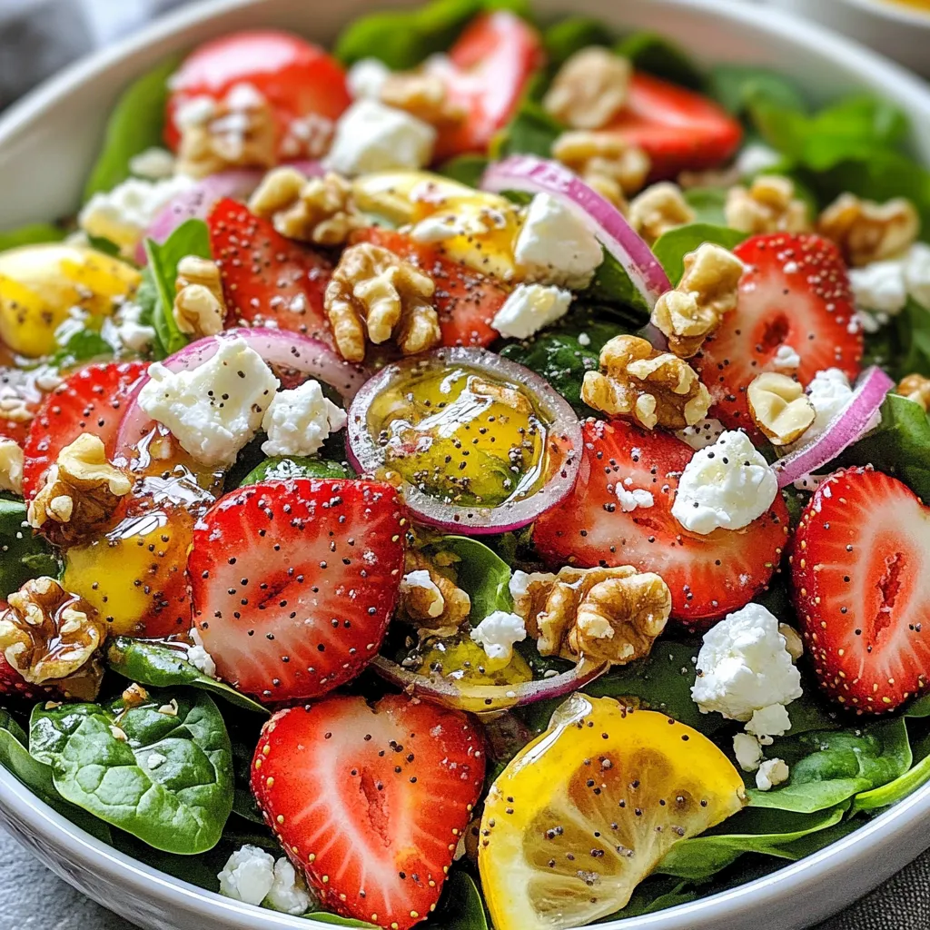 - 6 cups fresh baby spinach, washed and dried - 2 cups strawberries, hulled and sliced - 1/4 cup red onions, thinly sliced Fresh produce forms the heart of this salad. Baby spinach provides a soft, leafy base. It is rich in vitamins and adds vibrant color. Strawberries bring sweet, juicy bursts that contrast nicely with the spinach. Their bright red color makes the dish pop. Red onions add a sharp bite and beautiful color. Their thin slices blend well without overpowering other flavors. - 1/2 cup feta cheese, crumbled - 1/4 cup walnuts, toasted and roughly chopped Feta cheese adds a creamy texture. Its salty flavor balances the sweetness of strawberries. Crumbled feta also enhances the salad's visual appeal. Walnuts add crunch and healthy fats. Toasting them brings out their nutty flavor. They provide a satisfying contrast against the soft spinach and juicy strawberries. - 1/3 cup olive oil - 1/4 cup apple cider vinegar - 2 tablespoons honey - 1/4 cup poppy seeds - Salt and pepper to taste The dressing ties everything together. Olive oil creates a smooth base, while apple cider vinegar adds tang. Honey brings sweetness, helping to balance all flavors. Poppy seeds add a fun crunch and visual interest. Seasoning with salt and pepper enhances the overall taste. This simple dressing complements the fresh ingredients perfectly. {{ingredient_image_1}} Begin by making the dressing. In a small bowl, whisk together the olive oil, apple cider vinegar, honey, poppy seeds, salt, and pepper. You want this to blend well. Taste it to see if it needs more salt or pepper. Adjust as needed. This dressing brings a sweet and tangy flavor to the salad. Now, let’s put the salad together. Start with a large salad bowl and add the fresh baby spinach as your base. Next, layer on the sliced strawberries. They should cover the spinach nicely. Add the crumbled feta cheese next. Then, sprinkle the thinly sliced red onions over the top. Finally, add the toasted walnuts for a nice crunch. Once all the ingredients are in the bowl, drizzle the prepared dressing over the salad. Toss gently to mix everything. This helps ensure each bite has a bit of all the flavors. For a beautiful presentation, serve the salad in a large bowl or on individual plates. Garnish with extra strawberries and a few walnuts on top. This not only looks great but also adds extra flavor. Enjoy the salad right after tossing it for the best taste and freshness. To make a great Strawberry Spinach Poppyseed Salad, start with ripe strawberries. Look for berries that are bright red and slightly firm. If they smell sweet, they are likely perfect. Avoid those with dark spots or signs of mold. Next, choose fresh spinach. Baby spinach is best for this salad. It should be vibrant green and crisp. If the leaves are wilted or yellow, pick another bag. Fresh ingredients make your salad taste better. When making the dressing, you can use different sweeteners. Honey is a classic choice, but maple syrup works well too. For a lower-calorie option, try agave nectar. Each sweetener adds a unique flavor. Balancing the acidity is key. Use apple cider vinegar, but you can swap it for balsamic vinegar for a richer taste. Just remember to adjust the sweetness if you change the vinegar. Aim for a tangy yet sweet dressing. Dress your salad right before serving. This keeps the spinach crisp and prevents sogginess. If you dress it too early, the salad loses its fresh look and taste. For storing leftovers, keep the dressing separate. Use an airtight container for the salad. This way, it stays fresh for one day. If you mix everything together, it will not taste as good the next day. Pro Tips Fresh Ingredients: Always use fresh spinach and strawberries for the best flavor and texture in your salad. Toasting Walnuts: Toast the walnuts in a dry skillet over medium heat for 5-7 minutes to enhance their flavor. Dressing Timing: Dress the salad just before serving to keep the spinach crisp and vibrant. Cheese Variation: For a different flavor profile, try using goat cheese instead of feta cheese. {{image_2}} You can add grilled chicken for a hearty touch. Simply grill the chicken until cooked through. Slice it and lay it over the salad. This will make it a filling meal. Shrimp is another great option. Sauté shrimp in a pan with a bit of olive oil. Cook until they turn pink. Place them on top of your salad for added flavor. If you follow a vegan diet, swap feta cheese for avocado. This keeps the creaminess. You can also add chickpeas for protein. They will make the salad more filling and tasty. For gluten-free options, the basic recipe is already safe. Just make sure your dressing does not contain any gluten. Check labels on your ingredients to be sure. Try adding different fruits for a unique taste. Blueberries or mandarin oranges pair well. They add sweetness and color to the salad. You can also experiment with nuts and seeds. Swap walnuts for almonds or pecans. You could use sunflower seeds for a different crunch. This way, you can keep the salad fresh and exciting. You can store your Strawberry Spinach Poppyseed Salad in the fridge for about three days. To keep the salad fresh, use airtight containers. Glass containers work best, as they do not retain odors. If you use plastic, ensure it is BPA-free. Always store the dressing separately from the salad. This keeps the spinach crisp and fresh. When you're ready to eat, just drizzle the dressing over the salad. Toss it gently to combine. If you have leftovers, serve them cold. The salad tastes great chilled. I do not recommend freezing this salad. The spinach and strawberries lose their texture when frozen. If you want to freeze some of the ingredients, like walnuts, that works well. Just place them in a sealed bag. When you want to use them, thaw in the fridge. This way, you keep the best flavors and textures intact. Yes, you can make this salad ahead of time. However, it is best to keep some parts separate. You can prepare the dressing and store it in the fridge for up to a week. The greens and fruits should be fresh for best taste. I recommend mixing them just before serving. This way, the spinach stays crisp, and the strawberries remain juicy. If you want to prep ahead, chop the spinach, strawberries, and onions. Store them in an airtight container. Just remember to add the dressing right before eating. If you want a dairy-free option, you can use mashed avocado or a nut-based cheese. These options give a creamy texture and flavor. For a tangy taste, try using vegan feta made from almonds or cashews. You can also skip cheese entirely if you prefer. The salad will still be delicious without it. You can easily change this salad for the seasons. In summer, add fresh blueberries or peaches. In fall, try apples or pears. You can also swap walnuts for pecans or almonds based on what's available. In winter, use dried fruits like cranberries or raisins for sweetness. Mixing in seasonal ingredients keeps the salad fresh and exciting all year round. This article covered the key parts of making a tasty Strawberry Spinach Poppyseed Salad. We looked at fresh produce, dairy, and nuts for flavor. You learned how to make the dressing, assemble the salad, and serve it well. I shared tips for selecting the best items and perfecting your dressing. Don’t forget about variations to make it fit your needs or preferences! With these basics, you can enjoy this salad anytime. It's all about fresh taste and simple steps. Now, get creative and make it your own!