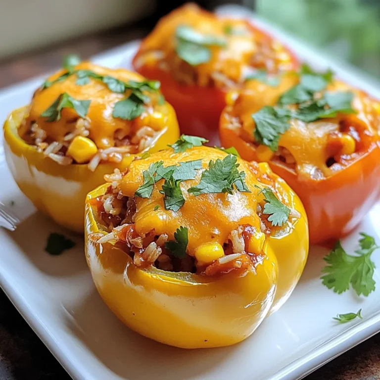 - 4 large bell peppers (any color) - 2 cups cooked chicken, shredded - 1 cup barbecue sauce (your favorite brand) - 1 cup cooked rice (white or brown) - 1 cup corn kernels (canned or frozen) - 1 cup shredded cheddar cheese - 1 teaspoon garlic powder - 1 teaspoon onion powder - Salt and pepper to taste - Fresh cilantro or parsley for garnish When making barbecue chicken stuffed peppers, gather all your ingredients first. The bell peppers can be red, green, yellow, or orange. Each color adds its own flavor. The chicken should be shredded well. I prefer using cooked rotisserie chicken for ease. Choose a barbecue sauce you enjoy. It adds the special flavor to the dish. Make sure your rice is cooked before mixing. You can use white or brown rice, depending on what you like. The corn can be fresh, canned, or frozen. Frozen corn works well for this recipe and is easy to use. For seasonings, garlic powder and onion powder give great taste. Adjust the salt and pepper to your liking. Lastly, fresh herbs like cilantro or parsley add a nice touch when you serve. - Baking dish - Mixing bowl - Aluminum foil - Knife and cutting board You will need a baking dish to hold the peppers while they cook. A mixing bowl helps combine all the filling ingredients. A knife and cutting board make it easy to prepare the peppers. You will also need aluminum foil to cover the dish when baking. This keeps the peppers moist and helps the cheese melt nicely. {{ingredient_image_1}} 1. Preheat the oven to 375°F (190°C). This heat is perfect for cooking the peppers. 2. Slice the tops off the bell peppers. Remove the seeds and membranes inside. Place the peppers upright in a baking dish. 1. In a large bowl, combine these ingredients: - 2 cups cooked chicken, shredded - 1 cup barbecue sauce (your favorite brand) - 1 cup cooked rice (white or brown) - 1 cup corn kernels (canned or frozen) - 1 teaspoon garlic powder - 1 teaspoon onion powder - Salt and pepper to taste 2. Mix well until the chicken and rice are evenly coated with sauce. 1. Carefully spoon the barbecue chicken mixture into each bell pepper. Fill them generously. 2. Top each stuffed pepper with a sprinkle of shredded cheddar cheese. 3. Cover the baking dish with aluminum foil. Bake in the preheated oven for 25 minutes. 4. After 25 minutes, remove the foil. Bake for an additional 10-15 minutes. The cheese should be bubbly, and the peppers should be tender. 5. Remove from the oven and let cool slightly before serving. Garnish with fresh cilantro or parsley for a pop of color. The total time to make these barbecue chicken stuffed peppers is 50 minutes. You will spend 15 minutes on prep. Cooking takes about 35 minutes. This quick time makes it easy to enjoy a tasty meal on busy nights. To make the flavor pop, try adding these spices: - 1 teaspoon smoked paprika for a nice smokiness. - 1 teaspoon cumin for warmth. - A pinch of cayenne if you like heat. These spices will bring depth and excitement to your dish. For a beautiful presentation, serve the stuffed peppers on a large platter. Drizzle extra barbecue sauce around the base for a pop of color. You can also garnish with fresh cilantro or parsley. Pair these peppers with a simple green salad or some crispy tortilla chips for a fun meal. Pro Tips Choose Colorful Peppers: Using a mix of bell pepper colors not only enhances the visual appeal but also adds a slight variation in flavor. Cooked Rice Tip: For added flavor, consider using seasoned or flavored rice, such as Spanish rice or garlic rice, to elevate the dish. Cheese Options: Experiment with different cheeses like pepper jack for a spicy kick or mozzarella for a milder flavor. Storage Tips: Store leftovers in an airtight container in the fridge for up to 3 days. Reheat in the oven for the best texture. {{image_2}} You can switch up the protein in this dish. Instead of chicken, try turkey. Ground turkey works great. You can also use tofu for a vegetarian option. Just crumble it and mix it with the other ingredients. Beans are another tasty choice. Black beans or kidney beans add protein and fiber. They also make the dish hearty and satisfying. Cheese adds a nice touch to the peppers. If you want to change it, try mozzarella. It melts well and has a mild flavor. You can also use pepper jack for a spicy kick. Feta cheese adds a tangy taste that pairs well with the barbecue sauce. If you prefer dairy-free, try vegan cheese. Many options melt just like regular cheese. You can control the spice level easily. If you like mild flavors, skip the hot sauce. You can add a tablespoon of honey for sweetness. For a spicy version, mix in some diced jalapeños. You can also use crushed red pepper flakes to heat it up. Adjust the amount to your taste. Always taste as you go to find the perfect balance. To store leftover stuffed peppers, let them cool first. Place them in an airtight container. You can keep them in the fridge for up to three days. If you want to enjoy them later, just reheat them in the oven or microwave. This keeps the flavors fresh and tasty. For freezing, wrap each stuffed pepper in plastic wrap. Then, place them in a freezer-safe bag or container. This helps prevent freezer burn. When ready to eat, thaw in the fridge overnight. Reheat them in the oven at 375°F (190°C) for about 25 minutes. This method keeps them juicy and delicious. In the fridge, stuffed peppers last about three days. In the freezer, they can stay fresh for up to three months. Keeping track of these times helps you enjoy your meal at its best. Always check for any signs of spoilage before eating. It takes about 50 minutes to cook stuffed peppers. This includes 15 minutes for prep and 35 minutes of baking time. First, preheat your oven to 375°F (190°C). Once you fill the peppers, cover them with foil and bake for 25 minutes. After that, remove the foil and bake for an extra 10 to 15 minutes. This way, the cheese will melt nicely, and the peppers will become tender. Yes, you can make these stuffed peppers ahead. To prep, fill the peppers and store them in the fridge before baking. You can also freeze them for later. Just make sure to wrap them well. To reheat, bake from frozen at 375°F (190°C) for about 45 to 50 minutes. If they are thawed, bake for 25 to 30 minutes. Barbecue chicken stuffed peppers pair well with many side dishes. You can serve them with a fresh green salad or a simple coleslaw. Cornbread or garlic bread also makes a great side. If you want something warm, try some roasted vegetables. These sides will complement the barbecue flavor nicely. Stuffed peppers are easy to make and packed with flavor. We covered the needed ingredients, like bell peppers, chicken, and barbecue sauce. I shared tips for baking, storing, and serving. You can also explore variations with different proteins and spices. These stuffed peppers are fun, tasty, and great for sharing. Try them for your next meal! They’re sure to please everyone at the table. Enjoy creating your own version of this simple dish.