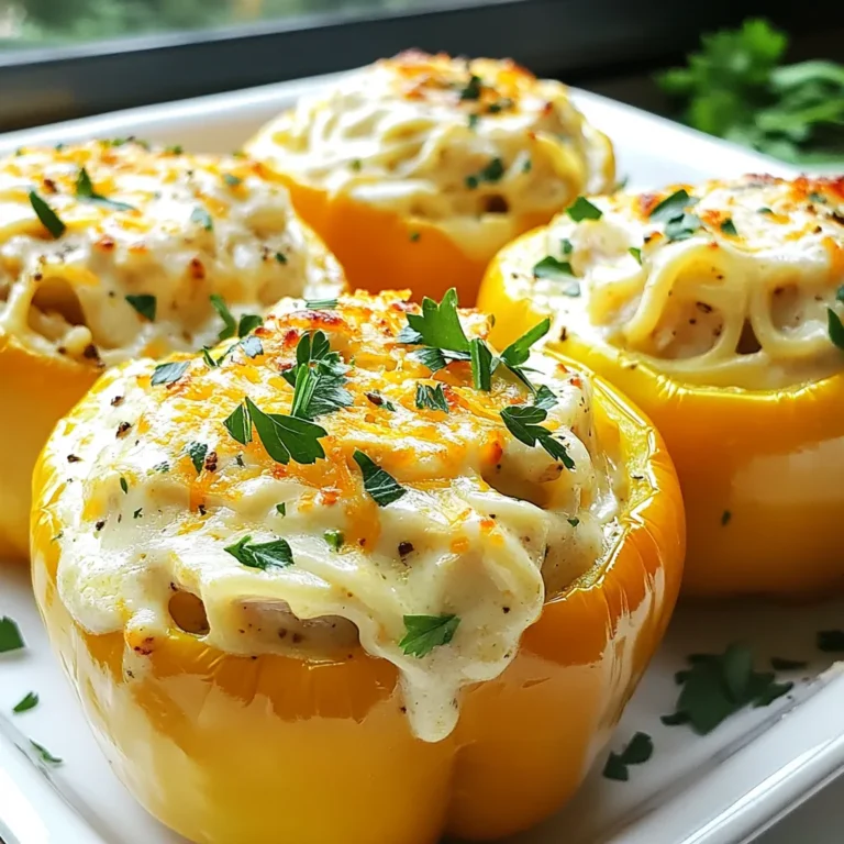 To make Cajun Chicken Alfredo Stuffed Peppers, gather these items: - 4 large bell peppers (any color) - 2 cups cooked chicken, shredded - 1 cup fettuccine pasta, cooked al dente - 1 cup heavy cream - 1 cup Parmesan cheese, grated - 2 tablespoons Cajun seasoning - 1 tablespoon olive oil - 1 cup diced tomatoes (fresh or canned) - 1 teaspoon garlic powder - Salt and pepper to taste - Fresh parsley, chopped (for garnish) These ingredients come together to create a rich, flavorful dish. The bell peppers are the perfect vessel to hold the creamy, spicy filling. The Cajun seasoning adds a kick, while the heavy cream and Parmesan create a luscious sauce. Each bite bursts with flavor and warmth. Make sure to have everything ready before you start. This way, the cooking process flows smoothly. Enjoy the vibrant colors and aromas as you prepare this delightful meal! {{ingredient_image_1}} First, preheat your oven to 375°F (190°C). This step warms the oven and helps cook the peppers right. Next, take your large bell peppers and cut off the tops. Remove the seeds and membranes, but keep the peppers whole. Rinse them under cool water to clean them well. In a big bowl, combine the shredded chicken, cooked fettuccine, and heavy cream. Then, add half of the grated Parmesan cheese. Sprinkle in the Cajun seasoning, diced tomatoes, garlic powder, salt, and pepper. Mix everything until each piece is well coated. This helps all the flavors blend nicely. Now, drizzle olive oil inside each pepper. Add a pinch of salt for taste. Stuff each pepper with the Cajun chicken Alfredo mixture. Pack it in well so it holds together. Stand the peppers upright in a baking dish. If they wobble, slice a small bit off the bottom for balance. Cover the dish with aluminum foil and bake for 25 minutes. After that, remove the foil and sprinkle the remaining Parmesan on top. Bake them uncovered for another 10 to 15 minutes. Look for bubbly, golden cheese. Once done, let the peppers cool a bit before serving. Garnish with chopped parsley for a fresh touch. Adjust your Cajun seasoning to suit your taste. Start with two tablespoons, then add more if you like it spicier. This mix is bold, but you control the heat! If you have leftover filling, use it for a quick meal. Spread it on a tortilla for a tasty wrap or mix it into a salad. Garnish your stuffed peppers with fresh parsley for a pop of color. You can also add diced tomatoes on top for extra freshness. Serve them with a side of garlic bread or a crisp salad. This makes the meal look beautiful and balanced. One mistake is overcooking the stuffed peppers. Bake them just until the cheese is bubbly and golden. Check them often to avoid mushy peppers. Another mistake is using incorrect ratios of ingredients. Make sure you measure everything right for the best flavor and texture. Pro Tips Choose the Right Peppers: Opt for firm bell peppers that can stand upright. Colors like red, yellow, or green add a vibrant touch to your dish. Cook Pasta Al Dente: Ensure your fettuccine is cooked al dente before mixing it into the stuffing, as it will continue to cook while baking. Experiment with Cajun Seasoning: Adjust the amount of Cajun seasoning based on your heat preference. Start with less if you're unsure, and add gradually. Let Them Rest: Allow the stuffed peppers to rest for a few minutes after baking. This helps the filling set, making them easier to serve. {{image_2}} If you want to switch things up, try using shrimp or turkey instead of chicken. Shrimp adds a nice seafood flavor and cooks quickly. Turkey is a lean option that still gives great taste. For a veggie twist, use black beans and corn. You can also add diced zucchini or mushrooms for more texture. These options make the dish fun and different every time. Cheese can change the whole dish. While Parmesan gives a rich taste, cheddar adds a sharp flavor. Mozzarella melts beautifully, making the peppers gooey and delicious. If you want to be bold, try spiced cheeses like pepper jack or herb cheeses like goat cheese. Mixing these can give a unique twist to your Cajun chicken Alfredo stuffed peppers. You can make stuffed peppers in different ways. For a slow cooker, place the stuffed peppers upright and cook on low for about 4 hours. This method makes them tender and full of flavor. Grilling them is another tasty option. Just wrap them in foil and place them on the grill. The smoky flavor will enhance the spices and cheese, making your meal even more delightful. To keep leftover stuffed peppers fresh, place them in the fridge. Use a tight container. They will last 3 to 4 days. If you want to store them longer, freezing is a great option. Wrap each pepper in plastic wrap and place them in a freezer-safe bag. They can stay in the freezer for up to 3 months. When you're ready to eat leftovers, the oven is the best method. Preheat to 350°F (175°C) and place the peppers in a baking dish. Cover with foil to keep them moist. Heat for about 20 minutes or until warm. You can also use a microwave, but it may change the texture. Heat on medium for about 2-3 minutes. Always check to ensure they are hot throughout. For busy nights, meal prep is a lifesaver. You can make the filling ahead of time. Store it in the fridge for up to 2 days. Stuff the peppers just before baking. This way, you can have a hot meal ready in no time. If you want single servings, cut the peppers in half. This makes it easy to pack for lunch or dinner. For stuffing, I recommend using large bell peppers. Red, yellow, or green all work well. Their sweetness adds flavor. Red peppers are the sweetest. Yellow and orange peppers are also tasty. Green peppers give a nice bite. Choose peppers that sit flat for easy stuffing. Yes, you can prep these stuffed peppers ahead. Prepare the filling and stuff the peppers. Wrap them in plastic wrap and keep them in the fridge. They can stay fresh for up to a day. When you are ready, bake them straight from the fridge. This dish pairs well with a fresh salad. A side of garlic bread is also great. You might enjoy some roasted veggies, too. For drinks, a cool iced tea or a light white wine works best. A citrusy lemonade can also be refreshing. This recipe for Cajun Chicken Alfredo Stuffed Peppers offers a delightful meal. You learned how to prep the peppers, make a creamy filling, and bake them perfectly. Remember, adjusting spices can enhance the flavor, and using fresh garnishes can make your dish pop. Avoid common mistakes, like overcooking, to ensure great results. With easy variations and storage tips, you can enjoy this meal again. Prepare ahead for quick dinners and impress your family. Enjoy your cooking journey and have fun exploring new flavors!