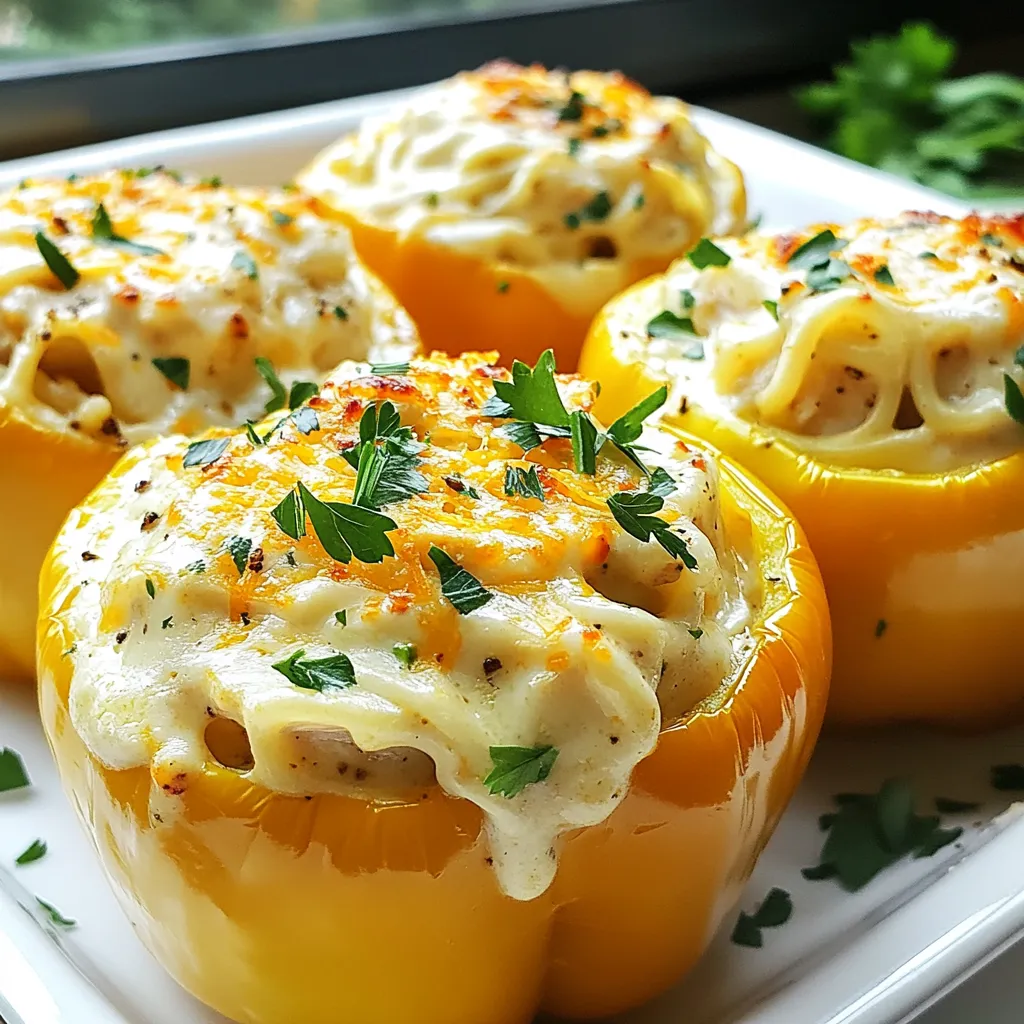 To make Cajun Chicken Alfredo Stuffed Peppers, gather these items: - 4 large bell peppers (any color) - 2 cups cooked chicken, shredded - 1 cup fettuccine pasta, cooked al dente - 1 cup heavy cream - 1 cup Parmesan cheese, grated - 2 tablespoons Cajun seasoning - 1 tablespoon olive oil - 1 cup diced tomatoes (fresh or canned) - 1 teaspoon garlic powder - Salt and pepper to taste - Fresh parsley, chopped (for garnish) These ingredients come together to create a rich, flavorful dish. The bell peppers are the perfect vessel to hold the creamy, spicy filling. The Cajun seasoning adds a kick, while the heavy cream and Parmesan create a luscious sauce. Each bite bursts with flavor and warmth. Make sure to have everything ready before you start. This way, the cooking process flows smoothly. Enjoy the vibrant colors and aromas as you prepare this delightful meal! {{ingredient_image_1}} First, preheat your oven to 375°F (190°C). This step warms the oven and helps cook the peppers right. Next, take your large bell peppers and cut off the tops. Remove the seeds and membranes, but keep the peppers whole. Rinse them under cool water to clean them well. In a big bowl, combine the shredded chicken, cooked fettuccine, and heavy cream. Then, add half of the grated Parmesan cheese. Sprinkle in the Cajun seasoning, diced tomatoes, garlic powder, salt, and pepper. Mix everything until each piece is well coated. This helps all the flavors blend nicely. Now, drizzle olive oil inside each pepper. Add a pinch of salt for taste. Stuff each pepper with the Cajun chicken Alfredo mixture. Pack it in well so it holds together. Stand the peppers upright in a baking dish. If they wobble, slice a small bit off the bottom for balance. Cover the dish with aluminum foil and bake for 25 minutes. After that, remove the foil and sprinkle the remaining Parmesan on top. Bake them uncovered for another 10 to 15 minutes. Look for bubbly, golden cheese. Once done, let the peppers cool a bit before serving. Garnish with chopped parsley for a fresh touch. Adjust your Cajun seasoning to suit your taste. Start with two tablespoons, then add more if you like it spicier. This mix is bold, but you control the heat! If you have leftover filling, use it for a quick meal. Spread it on a tortilla for a tasty wrap or mix it into a salad. Garnish your stuffed peppers with fresh parsley for a pop of color. You can also add diced tomatoes on top for extra freshness. Serve them with a side of garlic bread or a crisp salad. This makes the meal look beautiful and balanced. One mistake is overcooking the stuffed peppers. Bake them just until the cheese is bubbly and golden. Check them often to avoid mushy peppers. Another mistake is using incorrect ratios of ingredients. Make sure you measure everything right for the best flavor and texture. Pro Tips Choose the Right Peppers: Opt for firm bell peppers that can stand upright. Colors like red, yellow, or green add a vibrant touch to your dish. Cook Pasta Al Dente: Ensure your fettuccine is cooked al dente before mixing it into the stuffing, as it will continue to cook while baking. Experiment with Cajun Seasoning: Adjust the amount of Cajun seasoning based on your heat preference. Start with less if you're unsure, and add gradually. Let Them Rest: Allow the stuffed peppers to rest for a few minutes after baking. This helps the filling set, making them easier to serve. {{image_2}} If you want to switch things up, try using shrimp or turkey instead of chicken. Shrimp adds a nice seafood flavor and cooks quickly. Turkey is a lean option that still gives great taste. For a veggie twist, use black beans and corn. You can also add diced zucchini or mushrooms for more texture. These options make the dish fun and different every time. Cheese can change the whole dish. While Parmesan gives a rich taste, cheddar adds a sharp flavor. Mozzarella melts beautifully, making the peppers gooey and delicious. If you want to be bold, try spiced cheeses like pepper jack or herb cheeses like goat cheese. Mixing these can give a unique twist to your Cajun chicken Alfredo stuffed peppers. You can make stuffed peppers in different ways. For a slow cooker, place the stuffed peppers upright and cook on low for about 4 hours. This method makes them tender and full of flavor. Grilling them is another tasty option. Just wrap them in foil and place them on the grill. The smoky flavor will enhance the spices and cheese, making your meal even more delightful. To keep leftover stuffed peppers fresh, place them in the fridge. Use a tight container. They will last 3 to 4 days. If you want to store them longer, freezing is a great option. Wrap each pepper in plastic wrap and place them in a freezer-safe bag. They can stay in the freezer for up to 3 months. When you're ready to eat leftovers, the oven is the best method. Preheat to 350°F (175°C) and place the peppers in a baking dish. Cover with foil to keep them moist. Heat for about 20 minutes or until warm. You can also use a microwave, but it may change the texture. Heat on medium for about 2-3 minutes. Always check to ensure they are hot throughout. For busy nights, meal prep is a lifesaver. You can make the filling ahead of time. Store it in the fridge for up to 2 days. Stuff the peppers just before baking. This way, you can have a hot meal ready in no time. If you want single servings, cut the peppers in half. This makes it easy to pack for lunch or dinner. For stuffing, I recommend using large bell peppers. Red, yellow, or green all work well. Their sweetness adds flavor. Red peppers are the sweetest. Yellow and orange peppers are also tasty. Green peppers give a nice bite. Choose peppers that sit flat for easy stuffing. Yes, you can prep these stuffed peppers ahead. Prepare the filling and stuff the peppers. Wrap them in plastic wrap and keep them in the fridge. They can stay fresh for up to a day. When you are ready, bake them straight from the fridge. This dish pairs well with a fresh salad. A side of garlic bread is also great. You might enjoy some roasted veggies, too. For drinks, a cool iced tea or a light white wine works best. A citrusy lemonade can also be refreshing. This recipe for Cajun Chicken Alfredo Stuffed Peppers offers a delightful meal. You learned how to prep the peppers, make a creamy filling, and bake them perfectly. Remember, adjusting spices can enhance the flavor, and using fresh garnishes can make your dish pop. Avoid common mistakes, like overcooking, to ensure great results. With easy variations and storage tips, you can enjoy this meal again. Prepare ahead for quick dinners and impress your family. Enjoy your cooking journey and have fun exploring new flavors!