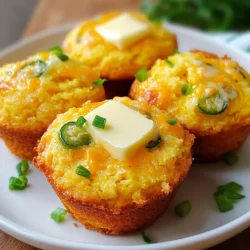To create Jalapeño Cheddar Cornbread Muffins, you need fresh, simple ingredients. Here’s what you’ll need: - 1 cup cornmeal - 1 cup all-purpose flour - 1 tablespoon baking powder - 1 teaspoon baking soda - ½ teaspoon salt - 1 cup buttermilk - 1/3 cup vegetable oil - 2 large eggs - 1 cup shredded sharp cheddar cheese - 2-3 jalapeños, finely chopped - ¼ cup honey (or maple syrup) Each ingredient plays a key role. The cornmeal gives a lovely texture. All-purpose flour helps the muffins rise nicely. Baking powder and baking soda work together to make the muffins fluffy. Salt brings out the flavors in your dish. Buttermilk adds a rich taste and moisture. Vegetable oil keeps the muffins soft. Eggs bind everything together, making a smooth batter. Cheddar cheese adds a sharp, savory kick. Jalapeños provide that spicy bite, but you can adjust the heat. Removing the seeds can tone it down. Lastly, honey or maple syrup adds a hint of sweetness, balancing the flavors. With these ingredients, you set the stage for a delicious treat. The balance of savory and sweet makes these muffins a standout. Enjoy the process, and let your creativity shine! {{ingredient_image_1}} Start by preheating your oven to 400°F (200°C). This step is key for even baking. While it heats, take a moment to grease a muffin tin with cooking spray or line it with paper liners. This will help the muffins release easily. Next, grab a large mixing bowl. In it, whisk together 1 cup cornmeal, 1 cup all-purpose flour, 1 tablespoon baking powder, 1 teaspoon baking soda, and ½ teaspoon salt. Mix well to blend all the dry ingredients. This ensures your muffins rise nicely. In another bowl, mix 1 cup buttermilk, 1/3 cup vegetable oil, 2 large eggs, and ¼ cup honey or maple syrup. Stir everything until it is smooth. This mixture adds moisture and sweetness to your muffins. Now, pour the wet mixture into the bowl with the dry ingredients. Stir gently until just combined. It’s okay if there are a few lumps. Overmixing can make the muffins tough, so be careful! Next, fold in 1 cup shredded sharp cheddar cheese and 2-3 finely chopped jalapeños. Make sure to remove the seeds if you prefer less heat. Mix until the cheese and jalapeños are evenly spread throughout the batter. Spoon the batter into the prepared muffin tin. Fill each cup about ¾ full to give them room to rise. Bake in the oven for 18-20 minutes. You know they're done when the tops are golden brown and a toothpick comes out clean. Once baked, let the muffins cool in the tin for 5 minutes. Then, transfer them to a wire rack to cool completely. Serve them warm with a pat of butter. For a fun twist, add chopped green onions or extra cheese on top! To make the best jalapeño cheddar cornbread muffins, focus on a few key steps: - Use fresh jalapeños for the best flavor. - Grate your own cheese for a creamier texture. - Measure your ingredients precisely for consistent results. - Mix the batter gently. Overmixing can lead to tough muffins. - Fill each muffin cup about three-quarters full. This allows room to rise. Avoid these common mistakes to ensure success: - Don’t skip the baking powder. It helps your muffins rise. - Resist the urge to skip the salt; it enhances flavor. - Keep an eye on bake time. Overbaking can dry out your muffins. - Avoid using too many jalapeños if you want milder muffins. - Don’t forget to cool them before diving in. This helps the texture set. For a tasty experience, serve your muffins warm: - Spread a little butter on top. - Pair them with chili for a cozy meal. - Garnish with chopped green onions or extra cheese. - Enjoy them alongside soup or salad for a complete dish. - Try them for breakfast with eggs and bacon. These tips will help you create delicious jalapeño cheddar cornbread muffins every time! Pro Tips Use Fresh Jalapeños: Fresh jalapeños will give your cornbread muffins a vibrant flavor. Make sure to choose firm, bright green peppers for the best taste. Cheese Variations: Experiment with different types of cheese, such as pepper jack or feta, for a unique twist on the classic cheddar flavor. Don’t Overmix: To ensure your muffins are light and fluffy, mix the wet and dry ingredients just until combined. A few lumps are perfectly fine! Serve Warm: These muffins are best enjoyed warm from the oven. Serve them with butter or your favorite spread for an extra treat! {{image_2}} You can easily make these muffins vegan. Just swap honey for maple syrup. Maple syrup adds sweet flavor and keeps the muffins moist. Use plant-based milk instead of buttermilk. Almond or oat milk works great. This change keeps the muffins soft and delicious. Want more heat? Try adding more jalapeños. You can use the seeds for an extra kick. If you love spice, mix in diced serrano peppers. Another option is to add a pinch of cayenne pepper. This will give your muffins a nice, spicy twist. Add different cheese for unique flavors. Pepper jack cheese offers a spicy twist. You could also mix in herbs. Chopped cilantro or green onions can brighten the flavor. For a smoky flavor, add some cooked bacon bits. Each change can make your muffins stand out! To keep your jalapeño cheddar cornbread muffins fresh, store them in an airtight container. Place them at room temperature for up to two days. If you want them to last longer, move them to the fridge. Just remember, the fridge may dry them out slightly. Freezing is a great option for these muffins. Allow them to cool completely first. Wrap each muffin in plastic wrap or foil. Then, place them in a freezer-safe bag. They can stay in the freezer for up to three months. When you're ready to enjoy them, just thaw them overnight in the fridge. To reheat the muffins, you have a few choices. For a quick fix, pop them in the microwave for about 20-30 seconds. If you prefer a crispy top, heat the oven to 350°F (175°C). Bake the muffins for about 10 minutes. This way, they regain their fresh-baked taste! Yes, you can use frozen jalapeños. They work well in this recipe. Just thaw them first and chop them finely. This keeps the flavor intact. To adjust the spice level, remove the seeds and membranes from the jalapeños. If you want more heat, add more chopped jalapeños. You can also mix in a pinch of cayenne pepper for an extra kick. If you don’t have buttermilk, mix one cup of milk with one tablespoon of lemon juice or vinegar. Let it sit for five minutes to thicken. This creates a similar tangy flavor. These muffins last about three days at room temperature. Store them in an airtight container to keep them fresh. You can also refrigerate them for up to a week. Yes, you can make mini muffins! Just adjust the baking time to about 10-12 minutes. Keep an eye on them to avoid burning. They will still taste amazing! To make these muffins gluten-free, use a gluten-free all-purpose flour blend. Ensure all ingredients are labeled gluten-free. Enjoy the same great taste without the gluten! This blog post guides you through making delicious cheese and jalapeño muffins. You learned the key ingredients, step-by-step instructions, and helpful tips for success. We explored variations, storage options, and answered common questions, ensuring you’ll be ready to bake. Enjoy experimenting with flavors and serving these muffins to friends and family. With practice, you'll make perfect muffins every time! Happy baking!