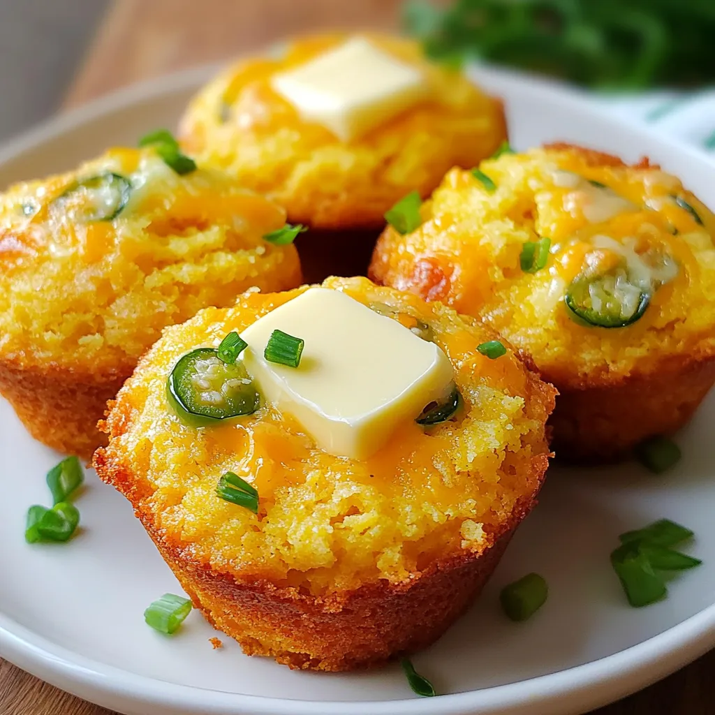To create Jalapeño Cheddar Cornbread Muffins, you need fresh, simple ingredients. Here’s what you’ll need: - 1 cup cornmeal - 1 cup all-purpose flour - 1 tablespoon baking powder - 1 teaspoon baking soda - ½ teaspoon salt - 1 cup buttermilk - 1/3 cup vegetable oil - 2 large eggs - 1 cup shredded sharp cheddar cheese - 2-3 jalapeños, finely chopped - ¼ cup honey (or maple syrup) Each ingredient plays a key role. The cornmeal gives a lovely texture. All-purpose flour helps the muffins rise nicely. Baking powder and baking soda work together to make the muffins fluffy. Salt brings out the flavors in your dish. Buttermilk adds a rich taste and moisture. Vegetable oil keeps the muffins soft. Eggs bind everything together, making a smooth batter. Cheddar cheese adds a sharp, savory kick. Jalapeños provide that spicy bite, but you can adjust the heat. Removing the seeds can tone it down. Lastly, honey or maple syrup adds a hint of sweetness, balancing the flavors. With these ingredients, you set the stage for a delicious treat. The balance of savory and sweet makes these muffins a standout. Enjoy the process, and let your creativity shine! {{ingredient_image_1}} Start by preheating your oven to 400°F (200°C). This step is key for even baking. While it heats, take a moment to grease a muffin tin with cooking spray or line it with paper liners. This will help the muffins release easily. Next, grab a large mixing bowl. In it, whisk together 1 cup cornmeal, 1 cup all-purpose flour, 1 tablespoon baking powder, 1 teaspoon baking soda, and ½ teaspoon salt. Mix well to blend all the dry ingredients. This ensures your muffins rise nicely. In another bowl, mix 1 cup buttermilk, 1/3 cup vegetable oil, 2 large eggs, and ¼ cup honey or maple syrup. Stir everything until it is smooth. This mixture adds moisture and sweetness to your muffins. Now, pour the wet mixture into the bowl with the dry ingredients. Stir gently until just combined. It’s okay if there are a few lumps. Overmixing can make the muffins tough, so be careful! Next, fold in 1 cup shredded sharp cheddar cheese and 2-3 finely chopped jalapeños. Make sure to remove the seeds if you prefer less heat. Mix until the cheese and jalapeños are evenly spread throughout the batter. Spoon the batter into the prepared muffin tin. Fill each cup about ¾ full to give them room to rise. Bake in the oven for 18-20 minutes. You know they're done when the tops are golden brown and a toothpick comes out clean. Once baked, let the muffins cool in the tin for 5 minutes. Then, transfer them to a wire rack to cool completely. Serve them warm with a pat of butter. For a fun twist, add chopped green onions or extra cheese on top! To make the best jalapeño cheddar cornbread muffins, focus on a few key steps: - Use fresh jalapeños for the best flavor. - Grate your own cheese for a creamier texture. - Measure your ingredients precisely for consistent results. - Mix the batter gently. Overmixing can lead to tough muffins. - Fill each muffin cup about three-quarters full. This allows room to rise. Avoid these common mistakes to ensure success: - Don’t skip the baking powder. It helps your muffins rise. - Resist the urge to skip the salt; it enhances flavor. - Keep an eye on bake time. Overbaking can dry out your muffins. - Avoid using too many jalapeños if you want milder muffins. - Don’t forget to cool them before diving in. This helps the texture set. For a tasty experience, serve your muffins warm: - Spread a little butter on top. - Pair them with chili for a cozy meal. - Garnish with chopped green onions or extra cheese. - Enjoy them alongside soup or salad for a complete dish. - Try them for breakfast with eggs and bacon. These tips will help you create delicious jalapeño cheddar cornbread muffins every time! Pro Tips Use Fresh Jalapeños: Fresh jalapeños will give your cornbread muffins a vibrant flavor. Make sure to choose firm, bright green peppers for the best taste. Cheese Variations: Experiment with different types of cheese, such as pepper jack or feta, for a unique twist on the classic cheddar flavor. Don’t Overmix: To ensure your muffins are light and fluffy, mix the wet and dry ingredients just until combined. A few lumps are perfectly fine! Serve Warm: These muffins are best enjoyed warm from the oven. Serve them with butter or your favorite spread for an extra treat! {{image_2}} You can easily make these muffins vegan. Just swap honey for maple syrup. Maple syrup adds sweet flavor and keeps the muffins moist. Use plant-based milk instead of buttermilk. Almond or oat milk works great. This change keeps the muffins soft and delicious. Want more heat? Try adding more jalapeños. You can use the seeds for an extra kick. If you love spice, mix in diced serrano peppers. Another option is to add a pinch of cayenne pepper. This will give your muffins a nice, spicy twist. Add different cheese for unique flavors. Pepper jack cheese offers a spicy twist. You could also mix in herbs. Chopped cilantro or green onions can brighten the flavor. For a smoky flavor, add some cooked bacon bits. Each change can make your muffins stand out! To keep your jalapeño cheddar cornbread muffins fresh, store them in an airtight container. Place them at room temperature for up to two days. If you want them to last longer, move them to the fridge. Just remember, the fridge may dry them out slightly. Freezing is a great option for these muffins. Allow them to cool completely first. Wrap each muffin in plastic wrap or foil. Then, place them in a freezer-safe bag. They can stay in the freezer for up to three months. When you're ready to enjoy them, just thaw them overnight in the fridge. To reheat the muffins, you have a few choices. For a quick fix, pop them in the microwave for about 20-30 seconds. If you prefer a crispy top, heat the oven to 350°F (175°C). Bake the muffins for about 10 minutes. This way, they regain their fresh-baked taste! Yes, you can use frozen jalapeños. They work well in this recipe. Just thaw them first and chop them finely. This keeps the flavor intact. To adjust the spice level, remove the seeds and membranes from the jalapeños. If you want more heat, add more chopped jalapeños. You can also mix in a pinch of cayenne pepper for an extra kick. If you don’t have buttermilk, mix one cup of milk with one tablespoon of lemon juice or vinegar. Let it sit for five minutes to thicken. This creates a similar tangy flavor. These muffins last about three days at room temperature. Store them in an airtight container to keep them fresh. You can also refrigerate them for up to a week. Yes, you can make mini muffins! Just adjust the baking time to about 10-12 minutes. Keep an eye on them to avoid burning. They will still taste amazing! To make these muffins gluten-free, use a gluten-free all-purpose flour blend. Ensure all ingredients are labeled gluten-free. Enjoy the same great taste without the gluten! This blog post guides you through making delicious cheese and jalapeño muffins. You learned the key ingredients, step-by-step instructions, and helpful tips for success. We explored variations, storage options, and answered common questions, ensuring you’ll be ready to bake. Enjoy experimenting with flavors and serving these muffins to friends and family. With practice, you'll make perfect muffins every time! Happy baking!