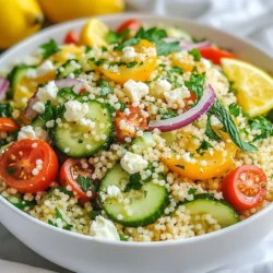 To make this bright and tasty Lemon Herb Couscous Salad, you need just a few key ingredients: - 1 cup couscous - 1 1/4 cups vegetable broth - 1/2 cup cherry tomatoes, halved - 1/2 cucumber, diced - 1/4 red onion, finely chopped - 1/4 cup parsley, chopped - 1/4 cup mint leaves, chopped - 1 lemon, zested and juiced - 3 tablespoons olive oil - Salt and pepper to taste These ingredients come together to create a fresh and flavorful dish that is perfect for any occasion. You can add a personal touch to your salad with some optional ingredients: - Feta cheese crumbles - Avocado, diced - Bell peppers, chopped - Olives, sliced Feel free to mix and match based on what you love or have on hand. Adding these extras can enhance both flavor and texture. If you have allergies or dietary restrictions, there are easy swaps you can make: - Swap couscous for quinoa or rice for a gluten-free option. - Use a different broth if you need it to be vegetarian or vegan. - Replace feta cheese with a dairy-free cheese or omit it altogether. These substitutions keep your salad delicious while catering to your needs. {{ingredient_image_1}} To cook couscous well, start with a medium saucepan. Bring 1 1/4 cups of vegetable broth to a boil. This step is key because the broth adds flavor. Once it boils, stir in 1 cup of couscous. Cover the saucepan and take it off the heat. Let it sit for 5 minutes. This helps the couscous soak up all the broth. After 5 minutes, fluff it with a fork. This makes the couscous light and airy. Set it aside to cool while you prepare the salad mix. In a large mixing bowl, combine your fresh ingredients. Start with 1/2 cup of halved cherry tomatoes. Next, add 1/2 cucumber, diced into small pieces. For a bit of crunch, include 1/4 red onion, finely chopped. Now, add 1/4 cup of chopped parsley and 1/4 cup of chopped mint leaves. These herbs will give the salad a bright flavor. Don’t forget to zest and juice 1 lemon. This adds a fresh, tangy taste that really shines through. Now it's time to bring everything together. Add the lemon zest and juice to your bowl of veggies. Pour in 3 tablespoons of olive oil, which makes the salad rich. Season it with salt and pepper to taste. Mix everything well so the flavors blend. Finally, gently fold in the fluffed couscous. Be careful not to mash it. If you like, sprinkle feta cheese crumbles on top before serving. This adds a creamy texture. Enjoy your vibrant Lemon Herb Couscous Salad! To make the best couscous salad, start with fresh ingredients. Use ripe cherry tomatoes and crisp cucumbers. They add great flavor and crunch. Always measure your broth carefully. The right amount helps the couscous cook perfectly. Let the couscous sit covered for five minutes. This time allows it to absorb all the broth. Fluff it gently with a fork. This keeps it light and airy. To boost flavor, try adding more herbs. Chopped basil or cilantro can bring new tastes. You can also mix in some olives for a briny kick. If you like spice, add diced jalapeños. Remember to taste as you go. Adjust salt and pepper to suit your liking. Feta cheese adds creaminess, but it is optional. Feel free to skip it or use a dairy-free version. Presentation makes a big difference. Serve the salad in a large bowl for sharing. For a fancy touch, use individual bowls. Garnish each serving with lemon wedges and fresh herb sprigs. This adds color and makes it look appealing. A sprinkle of extra feta can also enhance the look. Remember to enjoy your beautiful creation! Pro Tips Fresh Ingredients: Use fresh herbs and vegetables to enhance the vibrant flavors of the salad. Chill Before Serving: Allow the salad to chill in the refrigerator for at least 30 minutes for the flavors to meld together. Customizable Additions: Feel free to add other ingredients like bell peppers, olives, or chickpeas for added texture and nutrition. Perfect Lemon Zest: Use a microplane to finely zest the lemon, which will release more essential oils for a stronger flavor. {{image_2}} You can easily make this salad vegan. Just skip the feta cheese. It still tastes great without it. You might also want to add more veggies. Try adding bell peppers or roasted carrots. These will add flavor and color. A sprinkle of nutritional yeast can replace the cheese's creaminess. If you want to make this salad filling, add protein. Chickpeas work well; they are healthy and tasty. Just drain and rinse a can of chickpeas, then mix them in. You could also add grilled chicken or shrimp if you prefer meat. Tofu is another great option for a plant-based protein. Use seasonal vegetables for fresh flavors. In spring, add peas or asparagus. In summer, you can try zucchini or corn. Fall brings great squash options, like butternut or acorn. In winter, consider adding roasted root vegetables. This keeps your salad exciting and reflects what’s fresh. To store your leftover salad, place it in an airtight container. This keeps moisture in and prevents it from getting dry. If you added feta cheese, store it separately. Cheese can make the salad soggy. Keep the salad in the fridge for up to three days. Couscous can dry out easily. To keep it fresh, store it in a covered container. You can also lightly drizzle a bit of olive oil on the couscous. This helps retain moisture and flavor. If the couscous feels dry when you eat it again, add a splash of water. Warm it in the microwave for a few seconds to help it fluff up again. For easy meal prep, make a large batch of this salad. Divide it into portions in small containers. This makes it quick to grab when you are in a rush. You can also freeze the couscous separately. When you want to eat it, simply thaw and mix it with fresh veggies. This way, you enjoy the flavors while saving time on busy days. You can store Lemon Herb Couscous Salad in the fridge for up to three days. Make sure to keep it in an airtight container. The salad tastes fresh for a day or two, but the flavors will blend over time. If you add feta cheese, enjoy it within two days for the best taste. Yes, you can use other grains. Quinoa, farro, or bulgur are great options. Each grain will give a different texture. Quinoa is gluten-free and packed with protein. Farro adds a nutty flavor, and bulgur is quick to cook. Just adjust the cooking time based on the grain you choose. Lemon Herb Couscous Salad is light and nutritious. A serving has about 200 calories. It provides protein, fiber, and healthy fats. The salad is rich in vitamins from the veggies and herbs. Adding feta cheese will increase the protein and calcium content. This salad is great for a healthy meal or side dish. This article shared how to make a tasty Lemon Herb Couscous Salad. We covered required and optional ingredients, plus allergen swaps. Step-by-step instructions showed how to cook couscous and prepare your salad mix. I included tips for flavor, presentation, and storage. You can customize this salad to suit any taste or diet. Enjoy experimenting with seasonal veggies and protein sources. With these insights, you’re ready to create a delicious dish that keeps well for easy meals. Try it, and make it yours!