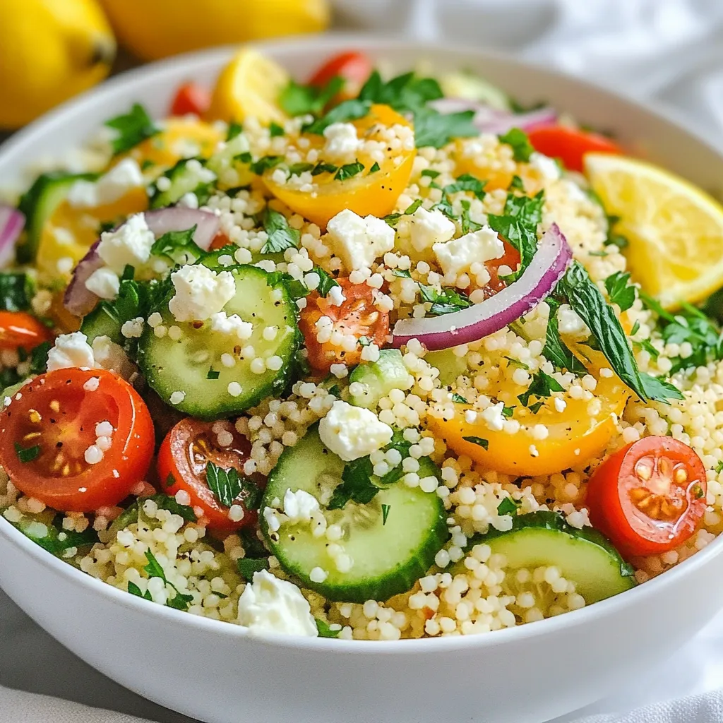 To make this bright and tasty Lemon Herb Couscous Salad, you need just a few key ingredients: - 1 cup couscous - 1 1/4 cups vegetable broth - 1/2 cup cherry tomatoes, halved - 1/2 cucumber, diced - 1/4 red onion, finely chopped - 1/4 cup parsley, chopped - 1/4 cup mint leaves, chopped - 1 lemon, zested and juiced - 3 tablespoons olive oil - Salt and pepper to taste These ingredients come together to create a fresh and flavorful dish that is perfect for any occasion. You can add a personal touch to your salad with some optional ingredients: - Feta cheese crumbles - Avocado, diced - Bell peppers, chopped - Olives, sliced Feel free to mix and match based on what you love or have on hand. Adding these extras can enhance both flavor and texture. If you have allergies or dietary restrictions, there are easy swaps you can make: - Swap couscous for quinoa or rice for a gluten-free option. - Use a different broth if you need it to be vegetarian or vegan. - Replace feta cheese with a dairy-free cheese or omit it altogether. These substitutions keep your salad delicious while catering to your needs. {{ingredient_image_1}} To cook couscous well, start with a medium saucepan. Bring 1 1/4 cups of vegetable broth to a boil. This step is key because the broth adds flavor. Once it boils, stir in 1 cup of couscous. Cover the saucepan and take it off the heat. Let it sit for 5 minutes. This helps the couscous soak up all the broth. After 5 minutes, fluff it with a fork. This makes the couscous light and airy. Set it aside to cool while you prepare the salad mix. In a large mixing bowl, combine your fresh ingredients. Start with 1/2 cup of halved cherry tomatoes. Next, add 1/2 cucumber, diced into small pieces. For a bit of crunch, include 1/4 red onion, finely chopped. Now, add 1/4 cup of chopped parsley and 1/4 cup of chopped mint leaves. These herbs will give the salad a bright flavor. Don’t forget to zest and juice 1 lemon. This adds a fresh, tangy taste that really shines through. Now it's time to bring everything together. Add the lemon zest and juice to your bowl of veggies. Pour in 3 tablespoons of olive oil, which makes the salad rich. Season it with salt and pepper to taste. Mix everything well so the flavors blend. Finally, gently fold in the fluffed couscous. Be careful not to mash it. If you like, sprinkle feta cheese crumbles on top before serving. This adds a creamy texture. Enjoy your vibrant Lemon Herb Couscous Salad! To make the best couscous salad, start with fresh ingredients. Use ripe cherry tomatoes and crisp cucumbers. They add great flavor and crunch. Always measure your broth carefully. The right amount helps the couscous cook perfectly. Let the couscous sit covered for five minutes. This time allows it to absorb all the broth. Fluff it gently with a fork. This keeps it light and airy. To boost flavor, try adding more herbs. Chopped basil or cilantro can bring new tastes. You can also mix in some olives for a briny kick. If you like spice, add diced jalapeños. Remember to taste as you go. Adjust salt and pepper to suit your liking. Feta cheese adds creaminess, but it is optional. Feel free to skip it or use a dairy-free version. Presentation makes a big difference. Serve the salad in a large bowl for sharing. For a fancy touch, use individual bowls. Garnish each serving with lemon wedges and fresh herb sprigs. This adds color and makes it look appealing. A sprinkle of extra feta can also enhance the look. Remember to enjoy your beautiful creation! Pro Tips Fresh Ingredients: Use fresh herbs and vegetables to enhance the vibrant flavors of the salad. Chill Before Serving: Allow the salad to chill in the refrigerator for at least 30 minutes for the flavors to meld together. Customizable Additions: Feel free to add other ingredients like bell peppers, olives, or chickpeas for added texture and nutrition. Perfect Lemon Zest: Use a microplane to finely zest the lemon, which will release more essential oils for a stronger flavor. {{image_2}} You can easily make this salad vegan. Just skip the feta cheese. It still tastes great without it. You might also want to add more veggies. Try adding bell peppers or roasted carrots. These will add flavor and color. A sprinkle of nutritional yeast can replace the cheese's creaminess. If you want to make this salad filling, add protein. Chickpeas work well; they are healthy and tasty. Just drain and rinse a can of chickpeas, then mix them in. You could also add grilled chicken or shrimp if you prefer meat. Tofu is another great option for a plant-based protein. Use seasonal vegetables for fresh flavors. In spring, add peas or asparagus. In summer, you can try zucchini or corn. Fall brings great squash options, like butternut or acorn. In winter, consider adding roasted root vegetables. This keeps your salad exciting and reflects what’s fresh. To store your leftover salad, place it in an airtight container. This keeps moisture in and prevents it from getting dry. If you added feta cheese, store it separately. Cheese can make the salad soggy. Keep the salad in the fridge for up to three days. Couscous can dry out easily. To keep it fresh, store it in a covered container. You can also lightly drizzle a bit of olive oil on the couscous. This helps retain moisture and flavor. If the couscous feels dry when you eat it again, add a splash of water. Warm it in the microwave for a few seconds to help it fluff up again. For easy meal prep, make a large batch of this salad. Divide it into portions in small containers. This makes it quick to grab when you are in a rush. You can also freeze the couscous separately. When you want to eat it, simply thaw and mix it with fresh veggies. This way, you enjoy the flavors while saving time on busy days. You can store Lemon Herb Couscous Salad in the fridge for up to three days. Make sure to keep it in an airtight container. The salad tastes fresh for a day or two, but the flavors will blend over time. If you add feta cheese, enjoy it within two days for the best taste. Yes, you can use other grains. Quinoa, farro, or bulgur are great options. Each grain will give a different texture. Quinoa is gluten-free and packed with protein. Farro adds a nutty flavor, and bulgur is quick to cook. Just adjust the cooking time based on the grain you choose. Lemon Herb Couscous Salad is light and nutritious. A serving has about 200 calories. It provides protein, fiber, and healthy fats. The salad is rich in vitamins from the veggies and herbs. Adding feta cheese will increase the protein and calcium content. This salad is great for a healthy meal or side dish. This article shared how to make a tasty Lemon Herb Couscous Salad. We covered required and optional ingredients, plus allergen swaps. Step-by-step instructions showed how to cook couscous and prepare your salad mix. I included tips for flavor, presentation, and storage. You can customize this salad to suit any taste or diet. Enjoy experimenting with seasonal veggies and protein sources. With these insights, you’re ready to create a delicious dish that keeps well for easy meals. Try it, and make it yours!