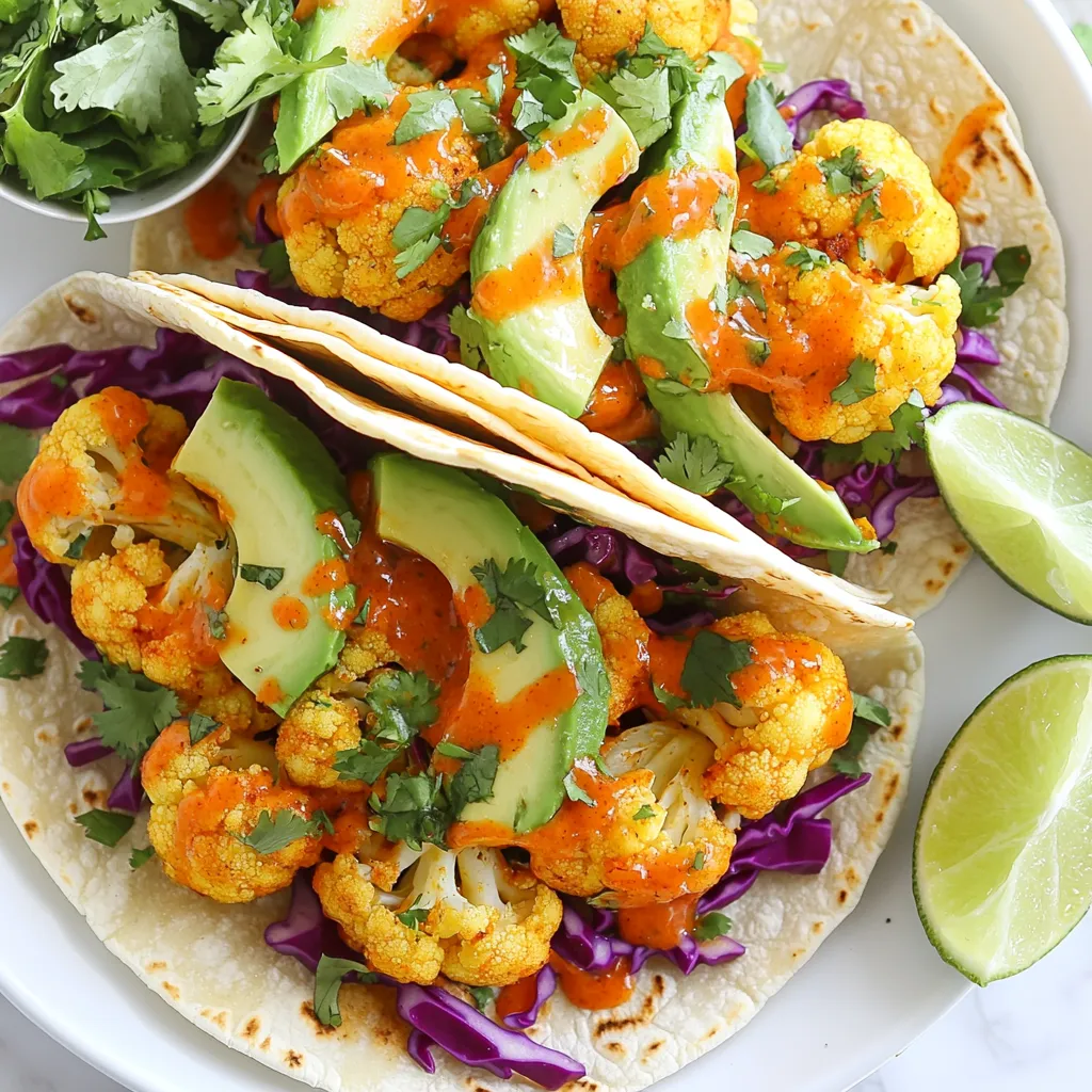 - 1 medium head of cauliflower, cut into florets - 1 cup all-purpose flour - 1 cup water - 1 teaspoon garlic powder - 1 teaspoon onion powder - 1 teaspoon smoked paprika - Salt and pepper to taste - 1 cup buffalo sauce (homemade or store-bought) - 8 small corn or flour tortillas - 1 avocado, sliced - ½ cup red cabbage, shredded - ¼ cup fresh cilantro, chopped - Lime wedges for serving To make Buffalo Cauliflower Tacos, you need simple ingredients. The star of the dish is the cauliflower. I use a medium head, cut into small florets. This helps the cauliflower to cook evenly. The batter is made with flour and water. Garlic powder, onion powder, and smoked paprika give it strong flavor. Salt and pepper add taste too. You will also need buffalo sauce. You can make your own or use a store brand. For the tacos, I like to use small corn or flour tortillas. Fresh toppings like avocado, red cabbage, and cilantro add color and texture. Lime wedges are a must for serving. - Pickled jalapeños - Vegan ranch dressing - Shredded cheese Feel free to add more flavor with optional ingredients. Pickled jalapeños can spice things up. If you want a creamy touch, try vegan ranch dressing. Shredded cheese can also enhance the dish, adding richness. - Frank’s RedHot for buffalo sauce - King Arthur for all-purpose flour - La Tortilla Factory for tortillas I trust these brands for their quality and taste. Frank’s RedHot is a classic choice for buffalo sauce. King Arthur flour gives great results in the batter. For tortillas, La Tortilla Factory offers tasty options. You can always choose your favorites, but these brands work well. {{ingredient_image_1}} Start with a medium head of cauliflower. Cut it into small florets. Make sure they are bite-sized so they cook well. Rinse the florets under cold water to clean them. Dry them off with a towel. This helps the batter stick better. Grab a mixing bowl and add 1 cup of all-purpose flour. Then, add 1 teaspoon of garlic powder, 1 teaspoon of onion powder, and 1 teaspoon of smoked paprika. Sprinkle in salt and pepper to taste. Whisk these dry ingredients together. Slowly pour in 1 cup of water while stirring. Keep mixing until the batter is smooth and lump-free. Preheat your oven to 450°F (230°C). Line a baking sheet with parchment paper. Take each floret and dip it into the batter. Make sure each piece is fully coated. Place them on the baking sheet in a single layer. Bake for about 20 minutes. Halfway through, flip the florets to get an even cook. Once they turn golden and crispy, remove them from the oven. In a large bowl, toss the hot cauliflower with 1 cup of buffalo sauce. Make sure they are well coated before serving. To boost the heat, add more buffalo sauce. You can also mix in some hot sauce. For a fun twist, sprinkle cayenne pepper in the batter. This adds a fiery kick. Adjust the spice to match your taste. Remember, you can always add more, but you can't take it out! This recipe is already vegan if you use plant-based ingredients. The flour and buffalo sauce are vegan. Just check the sauce label for hidden dairy. Serve the tacos with avocado and fresh veggies. This adds flavor and keeps it plant-based. Enjoy a tasty meal without any animal products. To get the perfect crunch, coat each floret well in the batter. Spread them out on the baking sheet. Avoid crowding them; this helps them bake evenly. Flip the florets halfway through cooking for even crispiness. Bake until they are golden brown and irresistible. The right texture makes all the difference in your tacos! Pro Tips Choose the Right Cauliflower: Opt for a medium-sized head with tightly packed florets for the best texture and flavor. Make it Spicy: Adjust the amount of buffalo sauce according to your spice preference. You can even add a dash of cayenne pepper to the batter for an extra kick. Customize Your Toppings: Feel free to add other toppings like diced tomatoes, jalapeños, or a drizzle of ranch dressing to enhance the flavor profile. Perfectly Warm Tortillas: To prevent them from tearing, warm the tortillas just until pliable, and consider wrapping them in a kitchen towel to keep warm until serving. {{image_2}} You can change the flavor of your Buffalo cauliflower tacos by using different sauces. Try a tangy BBQ sauce for a sweet twist. A spicy Sriracha sauce adds heat, while ranch dressing offers a creamy taste. If you want to keep it light, a lemon vinaigrette works well too. Each sauce changes the whole vibe of the taco, making it fun to experiment. Toppings can take your tacos to the next level. Besides avocado and red cabbage, add diced tomatoes for freshness. Pickled jalapeños add a kick, while crumbled feta or goat cheese gives a creamy touch. You could also add fresh corn or black beans for extra texture. Each topping can change the taste and color of your dish. The type of tortilla you use can also change your tacos. Corn tortillas are gluten-free and have a nice flavor. Flour tortillas are soft and chewy, perfect for holding all the fillings. For a fun twist, try lettuce wraps for a low-carb option. You could also use whole wheat tortillas for a healthier choice. Experiment with different options to find your favorite! To keep your buffalo cauliflower tacos fresh, first let them cool. Place the tacos in an airtight container. Store them in the fridge for up to three days. If you have leftover cauliflower, store it separately. This keeps the tortillas from getting soggy. When ready to eat, reheat the tacos in a skillet. Heat them over medium heat for about 3-5 minutes. Flip them gently to warm both sides. If using an oven, preheat it to 350°F (175°C). Place the tacos on a baking sheet for about 10 minutes. This helps restore their crispiness. You can freeze the buffalo cauliflower for later use. First, let the cooked cauliflower cool completely. Spread the florets in a single layer on a baking sheet. Freeze them for about an hour, then transfer to a freezer bag. They will stay fresh for up to three months. When you’re ready to use, just reheat directly from the freezer. Yes, you can make these tacos gluten-free. Use gluten-free flour for the batter. Many brands offer good options. You can also try almond flour or chickpea flour. Both work well. Just ensure the buffalo sauce is also gluten-free. Check the label for any hidden gluten. If you want a different flavor, you can use other sauces. Try barbecue sauce for a sweet twist. Sriracha gives a spicy kick. You can even make a yogurt-based sauce for creaminess. Just mix plain yogurt with hot sauce. It will still taste great with the cauliflower. Yes, you can prep some parts in advance. Make the buffalo cauliflower and store it in the fridge. Reheat it before serving to keep it crispy. You can also slice the avocado and shred the cabbage ahead. Just assemble the tacos right before eating for the best taste. You have learned how to make tasty cauliflower tacos. We covered ingredients, steps, tips, and storage. Remember, you can customize your sauce and toppings. Try making these tacos spicy or vegan. For leftovers, store them well and reheat properly. Cauliflower tacos are a fun and healthy meal. Enjoy experimenting with different flavors and ingredients!