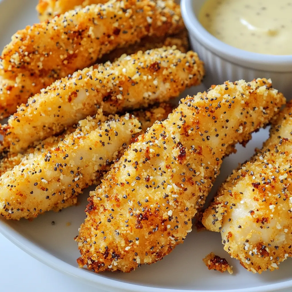 To make Everything Bagel Chicken Tenders, you need a few simple ingredients. These help create a tasty dish that everyone will love. Here’s what you will need: - 1 lb chicken tenders - 1 cup all-purpose flour - 2 large eggs, beaten - 1 cup panko breadcrumbs - 3 tablespoons everything bagel seasoning - 1 teaspoon salt - 1 teaspoon black pepper - 1/2 teaspoon garlic powder - 1/2 teaspoon onion powder - 1/2 cup buttermilk (or plain yogurt) - Olive oil spray (for baking) These ingredients come together to make tender, crispy chicken that bursts with flavor. The everything bagel seasoning adds a unique twist. You get savory notes from garlic and onion, plus that special crunch from panko. When you prepare these chicken tenders, each ingredient plays a role. The flour helps the coating stick, while the eggs bind everything together. The buttermilk gives moisture. This ensures the chicken stays juicy inside. Feel free to mix and match. You can try different spices or breadcrumbs. This recipe lets you be creative in the kitchen. Enjoy making these delicious Everything Bagel Chicken Tenders! {{ingredient_image_1}} To start, preheat your oven to 425°F (220°C). This high heat will give your chicken tenders a lovely crisp. While the oven warms, line a baking sheet with parchment paper. The paper keeps the chicken from sticking and makes clean-up easy. Now, let’s set up three dishes for dredging. In the first dish, mix together 1 cup of all-purpose flour, 1 teaspoon of salt, 1 teaspoon of black pepper, 1/2 teaspoon of garlic powder, and 1/2 teaspoon of onion powder. In the second dish, pour in the 2 beaten eggs. In the third dish, combine 1 cup of panko breadcrumbs with 3 tablespoons of everything bagel seasoning. This will give your chicken a tasty crunch. Take each chicken tender and dip it into the flour mixture first. Make sure to shake off any extra flour. Next, coat the tender in the beaten eggs. This helps the crumbs stick. Finally, roll the chicken in the panko-bagel mix, pressing gently so it sticks well. For extra flavor, dip each tender in 1/2 cup of buttermilk right before placing it on the baking sheet. This adds moisture and richness. Place the coated chicken tenders on the prepared baking sheet. Leave some space between each one. This helps them cook evenly. Lightly spray the tops with olive oil. This will help them crisp up nicely. Bake in the preheated oven for 15-20 minutes. You want them to turn golden brown and reach an internal temperature of 165°F (74°C). Once they are done, take them out and let them cool for a few minutes. Now, they are ready to enjoy with your favorite dipping sauce! To get that perfect crunch, follow these steps: - Use panko breadcrumbs. They give a light and crispy texture. - Spray olive oil on the chicken before baking. This helps the tenders brown well. - Bake at high heat. Preheat your oven to 425°F (220°C) for best results. - Space out the chicken tenders on the baking sheet. This allows air to circulate. Each of these tips helps create tenders that are crispy on the outside and juicy on the inside. Dipping sauces can elevate your chicken tenders. Here are some tasty ideas: - Honey mustard: A sweet and tangy match. - Ranch dressing: Creamy and cool, it pairs well. - Buffalo sauce: For a spicy kick, this is perfect. - Creamy garlic dip: Rich and flavorful, it adds depth. You can mix and match these sauces to find your favorite! Want to add more flavor to your tenders? Try these quick tips: - Marinate the chicken in buttermilk overnight. This makes it juicy and flavorful. - Add fresh herbs like parsley or chives to the panko mix. They bring a fresh taste. - Experiment with spices. Try smoked paprika or cayenne for heat. These enhancements can take your Everything Bagel Chicken Tenders to new heights! Pro Tips Tip Title: Use Fresh Ingredients: Fresh chicken tenders will yield better flavor and texture. Always opt for high-quality, fresh ingredients whenever possible. Tip Title: Experiment with Spices: Feel free to add other spices or herbs to the flour mixture to customize the seasoning to your taste. Tip Title: Monitor Cooking Time: Ovens can vary in temperature; check your chicken tenders a few minutes early to avoid overcooking. Tip Title: Let Them Rest: Allow the chicken tenders to rest for a few minutes after baking. This helps retain moisture and enhances the flavor. {{image_2}} You can switch up your seasonings for a different taste. Try using taco seasoning for a spicy kick. Cajun seasoning adds heat and a fun flavor. If you like herbs, Italian seasoning gives a fresh twist. Each choice brings a new vibe to your chicken tenders. Instead of panko breadcrumbs, use crushed cornflakes for extra crunch. You could also try ground almonds or chickpea flour for a gluten-free option. For a cheesy touch, mix grated Parmesan into your breadcrumb coating. Each option changes the texture and taste of your tenders. Serve these chicken tenders with various dips. Honey mustard or ranch dressing pairs well with the flavors. You could also try a spicy sriracha mayo for a kick. Serve them on a bed of salad for a light meal. Feel free to add your favorite sides like fries or veggies for a full plate. To store your Everything Bagel Chicken Tenders, let them cool first. Place them in an airtight container. They stay fresh in the fridge for about 3-4 days. Make sure to separate layers with parchment paper to avoid sticking. When you're ready to enjoy leftovers, preheat your oven to 350°F (175°C). Place the chicken tenders on a baking sheet. Heat them for 10-15 minutes or until warm. This method keeps the tenders crispy. You can also use a microwave, but they may turn soft. For longer storage, freeze the chicken tenders. Wrap each piece in plastic wrap. Then, place them in a freezer bag or container. They will stay fresh for up to 3 months. When ready to eat, thaw them in the fridge overnight before reheating. You should bake the chicken tenders for about 15 to 20 minutes. The goal is to achieve a nice golden-brown color. Check for an internal temperature of 165°F (74°C) to ensure they are fully cooked. This baking time helps the chicken stay juicy while the coating gets crispy. Yes, you can use chicken breasts if you prefer. Cut the breasts into strips, about the same size as tenders. Keep in mind that cooking time may vary slightly. Thicker pieces may need a few extra minutes to cook through. If you don't have buttermilk, plain yogurt works well. You can also mix one cup of milk with a tablespoon of vinegar or lemon juice. Let it sit for about five minutes. This will create a similar tangy flavor and texture for your chicken tenders. The original recipe uses all-purpose flour and panko breadcrumbs, which contain gluten. To make these tenders gluten-free, you can swap with gluten-free flour and gluten-free breadcrumbs. This way, everyone can enjoy the tasty flavor of Everything Bagel Chicken Tenders. You now have a complete guide to crafting delicious Everything Bagel Chicken Tenders. We covered the essential ingredients, step-by-step instructions, and useful tips for the perfect bake. You learned about storage and variations to keep meals exciting. I hope you feel ready to try this dish. Enjoy the tasty results and explore your own twists! Your kitchen adventure starts now, so have fun cooking!
