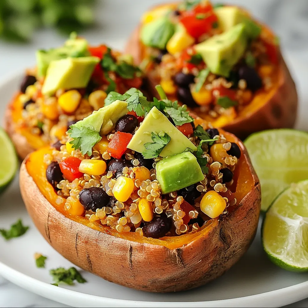 To make quinoa stuffed sweet potatoes, you need simple and fresh ingredients. Here’s the list: - 4 medium sweet potatoes - 1 cup quinoa, rinsed - 2 cups vegetable broth (or water) - 1 cup black beans, drained and rinsed - 1 red bell pepper, diced - 1 cup corn, fresh or frozen - 1 teaspoon cumin - 1 teaspoon smoked paprika - 1/2 teaspoon salt - 1/4 teaspoon black pepper - 2 ripe avocados, diced - Fresh cilantro, for garnish - Lime wedges, for serving These ingredients create a tasty and filling dish. Sweet potatoes bring sweetness and nutrients. Quinoa adds protein and fiber. Black beans and corn give extra flavor and texture. The spices brighten the dish and make it aromatic. Avocado and cilantro make great toppings. Lime adds a zesty finish! When you gather these items, you set the stage for a hearty meal. Make sure your ingredients are fresh for the best taste! {{ingredient_image_1}} 1. Roasting the sweet potatoes: Start by preheating your oven to 400°F (200°C). Next, take your sweet potatoes and pierce them several times with a fork. This helps steam escape while they cook. Place the sweet potatoes on a baking sheet. Roast them in the oven for about 45 to 60 minutes. They are ready when they feel soft. 2. Checking for doneness: To check if they are done, poke them with a fork. If the fork goes in easily, they are ready. If not, give them more time in the oven. 1. Combining quinoa with liquid: While the sweet potatoes roast, prepare the quinoa. In a medium saucepan, add 1 cup of rinsed quinoa and 2 cups of vegetable broth or water. 2. Cooking and fluffing the quinoa: Bring this mix to a boil. Once it boils, turn the heat down to low. Cover the pot and let it simmer for about 15 minutes. After 15 minutes, check the quinoa. It should be fluffy, and the liquid should be absorbed. Remove it from heat and fluff it with a fork. 1. Combining cooked quinoa with vegetables and spices: In a large mixing bowl, combine the cooked quinoa, 1 cup of drained black beans, 1 diced red bell pepper, and 1 cup of corn. Add 1 teaspoon of cumin, 1 teaspoon of smoked paprika, 1/2 teaspoon of salt, and 1/4 teaspoon of black pepper. Mix everything until well blended. 2. Incorporating sweet potato flesh: Once the sweet potatoes are cool enough to handle, cut each one in half lengthwise. Scoop out a small portion of the flesh. Add this to the quinoa mixture to boost the flavor. 1. Scooping out sweet potatoes: Take the sweet potato halves and scoop out some flesh, but leave enough for support. 2. Stuffing and topping the potatoes: Now, fill each sweet potato half with the quinoa mixture. Press down gently to pack it in. Top each stuffed potato with diced avocado and sprinkle with fresh cilantro. Serve with lime wedges on the side for a zesty touch. To ensure sweet potatoes are tender, I always pierce them with a fork. This step helps steam escape while they roast. Bake them at 400°F for 45-60 minutes until soft. Check with a fork to see if they are done. The flesh should feel very soft. For the best quinoa texture, rinse it well before cooking. This removes the bitter coating called saponin. When cooking, use vegetable broth or water. Bring it to a boil, then lower the heat. Cover the pot and let it simmer for about 15 minutes. When done, fluff the quinoa with a fork for light, airy grains. To boost flavor, I suggest using cumin and smoked paprika. These spices add warmth and depth. You can also mix in garlic powder or onion powder for extra zest. Fresh herbs like cilantro brighten the dish. For toppings, diced avocado adds creaminess. You can also try crumbled feta or a dollop of sour cream. Lime wedges on the side give a fresh, zesty kick. When plating, serve each sweet potato half on a colorful dish. Garnish with fresh cilantro for a pop of green. Arrange lime wedges around the plate for flair. For serving, you can add a side salad or some tortilla chips. This adds a nice crunch and completes the meal. Pro Tips Choose the Right Sweet Potatoes: Look for sweet potatoes that are firm and smooth, avoiding any with bruises or soft spots for the best flavor and texture. Rinse Quinoa Thoroughly: Rinsing quinoa before cooking removes its natural coating, called saponin, which can be bitter. This ensures a more pleasant taste. Customize Your Filling: Feel free to add other ingredients like diced tomatoes, jalapeños, or spices to the quinoa mixture to suit your taste preferences. Serve Warm: For the best experience, serve the stuffed sweet potatoes warm, allowing the flavors to meld together beautifully. {{image_2}} You can easily change the black beans in this recipe. Try using chickpeas or lentils. Both add protein and flavor. For veggies, consider adding spinach or zucchini. They add color and nutrients. You can even toss in some diced tomatoes for extra moisture. Quinoa comes in many colors. You can use red or black quinoa for a fun twist. These varieties add a nutty taste and look great on the plate. If you want to skip quinoa, try using rice or farro. Both options will still give you a hearty filling. To make this dish vegan, skip any animal products. The ingredients are already plant-based. For gluten-free options, check your broth or water for hidden gluten. This recipe is already gluten-free when using the right broth. Enjoy a tasty meal that fits your needs! To store your quinoa stuffed sweet potatoes, let them cool. Place them in airtight containers. This keeps them fresh and tasty. You can also wrap them tightly in plastic wrap. Make sure to use containers that fit well. This helps prevent drying out. You can freeze stuffed sweet potatoes for later. First, let them cool completely. Next, wrap each potato in foil or plastic wrap. Then, place them in a freezer-safe bag. When you want to eat them, thaw overnight in the fridge. Reheat them in the oven at 350°F (175°C) for about 20-25 minutes. Leftovers can stay fresh in the fridge for about 3-5 days. After that, check for signs of spoilage. Look for changes in color or smell. If they smell off or look strange, it’s best to toss them. Enjoy your delicious meal while it's still fresh! Yes, you can prepare quinoa stuffed sweet potatoes in advance. Cook the sweet potatoes and quinoa, then mix them. Store everything in the fridge for up to three days. When you're ready to eat, just reheat in the oven or microwave. This saves time on busy days and makes meals easy. For the best toppings, I suggest using: - Diced avocado - Fresh cilantro - Crumbled feta cheese - Greek yogurt or sour cream - Hot sauce for a kick These toppings add flavor and texture. Feel free to mix and match based on what you like! To check if sweet potatoes are done, pierce them with a fork. If it goes in easily, they’re cooked. The skin should be soft and slightly wrinkled. Cooking time is usually 45-60 minutes at 400°F (200°C). Keep an eye on them to avoid overcooking. Yes, you can swap quinoa for other grains. Some great alternatives include: - Brown rice - Farro - Barley - Couscous These grains will change the taste and texture, so choose what you enjoy most! In this blog post, we explored how to create delicious quinoa stuffed sweet potatoes. We covered key ingredients, step-by-step instructions, helpful tips, and fun variations. With the right techniques, you can enjoy a hearty meal that suits your taste. Remember to store leftovers properly for later. This dish is simple to adapt for different diets and tastes. I hope you try making it at home. Enjoy your cooking journey and savor each bite!