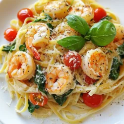 To make Creamy Tuscan Shrimp Linguine, gather these fresh ingredients: - 8 oz linguine pasta - 1 lb large shrimp, peeled and deveined - 2 tablespoons olive oil - 3 cloves garlic, minced - 1 cup cherry tomatoes, halved - 3 cups fresh spinach - 1 cup heavy cream - ½ cup grated Parmesan cheese - 1 teaspoon Italian seasoning - Salt and pepper to taste - Fresh basil leaves for garnish You can swap some ingredients if needed. Here are a few ideas: - Use penne or fettuccine instead of linguine. - Substitute shrimp with chicken or tofu for a different protein. - Replace heavy cream with half-and-half for a lighter sauce. - Use sun-dried tomatoes in place of cherry tomatoes for a deeper flavor. Fresh ingredients make this dish shine. They boost flavor and texture. Fresh shrimp gives a sweet, tender bite. Fresh spinach adds color and nutrients. Cherry tomatoes bring a juicy burst of sweetness. When you use fresh items, your meal tastes better. It also looks more appealing on the plate. Always choose the best quality you can find for the best results. {{ingredient_image_1}} 1. Start by boiling water in a large pot. Add the linguine and cook it until it is al dente. This usually takes about 8 to 10 minutes. Then, drain it but save ½ cup of the pasta water. 2. While the pasta cooks, heat 2 tablespoons of olive oil in a large skillet over medium heat. Add the shrimp. Sprinkle salt and pepper on top. Cook the shrimp for about 2 to 3 minutes. They should turn pink and opaque. Once cooked, set the shrimp aside on a plate. 3. In the same skillet, add 3 cloves of minced garlic. Sauté it for about 30 seconds. You want to smell that lovely garlic aroma! 4. Next, toss in 1 cup of halved cherry tomatoes. Cook them for about 3 to 4 minutes until they start to soften. Then, add 3 cups of fresh spinach. Stir until it wilts down. 5. Lower the heat. Now, pour in 1 cup of heavy cream. Stir it well to mix with the veggies. Then, add ½ cup of grated Parmesan cheese and 1 teaspoon of Italian seasoning. Keep stirring until the cheese melts and the sauce gets creamy. 6. Return the shrimp to the pan. Mix everything together. If the sauce feels too thick, add a little of the reserved pasta water. Do this slowly until the sauce is just right. 7. Finally, toss the cooked linguine into the skillet. Coat it well with the creamy shrimp sauce. Taste it and adjust salt and pepper if needed. 8. Serve your dish hot. Garnish with fresh basil leaves and more Parmesan cheese if you like. To cook shrimp well, pay attention to the timing. Shrimp cook quickly. If you overcook them, they turn rubbery. Here are some tips: - Use large shrimp for a nice bite. They look great and taste better. - Make sure the skillet is hot before adding shrimp. This helps them sear nicely. - Keep an eye on the color. Once they turn pink, they are done. For a perfect creamy sauce, use heavy cream. It gives the best texture and richness. Here are some steps: - Start on low heat when adding the cream. This prevents it from curdling. - Stir constantly to mix the cream with the other ingredients. - If the sauce thickens too much, use reserved pasta water. Add a little at a time to get your desired consistency. - Grated Parmesan cheese not only adds flavor, it helps thicken the sauce. Make sure it melts completely for that smooth finish. To make perfect pasta, follow these tips: - Use a large pot with plenty of water. This helps the pasta cook evenly. - Add salt to the water. Use about 1 tablespoon for every 4 quarts of water. This adds flavor. - Bring the water to a rolling boil before adding the pasta. This keeps it from sticking. - Stir the pasta occasionally while it cooks. This helps prevent clumping. - Cook until al dente, or firm to the bite. It will cook a bit more when mixed with the sauce. You can boost the flavor of your Creamy Tuscan Shrimp Linguine in simple ways: - Use fresh garlic. It adds a strong and rich taste. - Add a squeeze of lemon juice at the end. This brightens the dish. - Try different herbs like thyme or oregano. They give a unique twist. - Use high-quality Parmesan cheese. Freshly grated cheese melts better and tastes richer. - Consider adding red pepper flakes for a spicy kick. Here are some mistakes to watch for: - Overcooking the shrimp. Cook until just pink. They can become rubbery if overdone. - Not reserving enough pasta water. This helps adjust the sauce thickness later. - Skipping the seasoning. Always taste your dish and adjust salt and pepper as needed. - Adding cheese too early. Wait until the cream is warm to melt it evenly. - Using dried herbs instead of fresh ones. Fresh herbs bring a burst of flavor that dried cannot match. Pro Tips Perfect Pasta: Always cook the linguine until it's al dente for the best texture. It will finish cooking when combined with the sauce. Fresh Ingredients: Use fresh spinach and ripe cherry tomatoes for enhanced flavor and nutrition. They make a significant difference in this dish. Adjust the Creaminess: If the sauce is too thick, gradually add the reserved pasta water to achieve your desired consistency without losing flavor. Garnish Wisely: Top with fresh basil and extra Parmesan for an aromatic finish that elevates the dish's presentation and flavor. {{image_2}} If you want to switch up the protein, try chicken or tofu. For chicken, use boneless breasts or thighs. Cook them until golden, then slice. Tofu is a great choice for a plant-based meal. Use firm tofu and sauté until crispy. Both options work well with the creamy sauce. Adding more veggies boosts the dish's nutrition. Consider bell peppers, zucchini, or mushrooms. Bell peppers bring sweetness. Zucchini adds a nice crunch. Mushrooms give an earthy taste. You can mix and match these veggies to find your favorite combo. Just sauté them with the garlic before adding cream. To make the dish spicier, add red pepper flakes or a pinch of cayenne. Start with a small amount and taste as you go. If you prefer a milder flavor, skip the spices entirely. You control the heat, so make it your own! To store leftover Creamy Tuscan Shrimp Linguine, let it cool first. Place it in an airtight container. This keeps it fresh and safe. Try to use a container that fits the amount you have. Avoid putting in too much air. This helps keep the flavors strong. You can keep it in the fridge for up to three days. If you want to save it longer, freeze it. It can last in the freezer for up to three months. Just remember to label it with the date. This way, you won’t forget when you made it. When you reheat, do it gently to keep the dish tasty. You can use a microwave or a skillet. If using a microwave, heat it in short bursts. Stir in between to warm it evenly. If you use a skillet, add a splash of water or cream. This helps bring back the creamy texture. Always check the shrimp is hot all the way through. Enjoy every bite! Yes, you can make this dish ahead of time. Cook the pasta and shrimp as usual. Then, store them separately. Keep the sauce in the fridge. When ready to eat, reheat the sauce in a pan. Add the shrimp and pasta back in. This way, your meal stays fresh and tasty. For this recipe, use large shrimp. They cook quickly and taste great. Fresh shrimp is ideal, but frozen shrimp works too. Just ensure they are peeled and deveined. This makes it easier to eat and enjoy. Absolutely! If you prefer a different pasta, go for it. Fettuccine or penne can work well. Just remember to adjust the cooking time based on the pasta type. The key is to keep the sauce creamy and flavorful, no matter which pasta you choose. In this blog post, we explored how to make Creamy Tuscan Shrimp Linguine. You learned about essential ingredients and their substitutes. We covered step-by-step cooking instructions and tips for perfect shrimp. You found best practices for pasta and flavors while avoiding common mistakes. We also shared variations and storage tips to keep your dish fresh. Remember, cooking is fun! Don't hesitate to adjust this recipe to match your taste. Enjoy your meal!