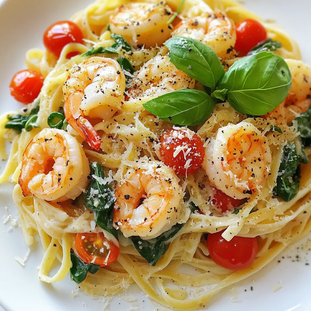 To make Creamy Tuscan Shrimp Linguine, gather these fresh ingredients: - 8 oz linguine pasta - 1 lb large shrimp, peeled and deveined - 2 tablespoons olive oil - 3 cloves garlic, minced - 1 cup cherry tomatoes, halved - 3 cups fresh spinach - 1 cup heavy cream - ½ cup grated Parmesan cheese - 1 teaspoon Italian seasoning - Salt and pepper to taste - Fresh basil leaves for garnish You can swap some ingredients if needed. Here are a few ideas: - Use penne or fettuccine instead of linguine. - Substitute shrimp with chicken or tofu for a different protein. - Replace heavy cream with half-and-half for a lighter sauce. - Use sun-dried tomatoes in place of cherry tomatoes for a deeper flavor. Fresh ingredients make this dish shine. They boost flavor and texture. Fresh shrimp gives a sweet, tender bite. Fresh spinach adds color and nutrients. Cherry tomatoes bring a juicy burst of sweetness. When you use fresh items, your meal tastes better. It also looks more appealing on the plate. Always choose the best quality you can find for the best results. {{ingredient_image_1}} 1. Start by boiling water in a large pot. Add the linguine and cook it until it is al dente. This usually takes about 8 to 10 minutes. Then, drain it but save ½ cup of the pasta water. 2. While the pasta cooks, heat 2 tablespoons of olive oil in a large skillet over medium heat. Add the shrimp. Sprinkle salt and pepper on top. Cook the shrimp for about 2 to 3 minutes. They should turn pink and opaque. Once cooked, set the shrimp aside on a plate. 3. In the same skillet, add 3 cloves of minced garlic. Sauté it for about 30 seconds. You want to smell that lovely garlic aroma! 4. Next, toss in 1 cup of halved cherry tomatoes. Cook them for about 3 to 4 minutes until they start to soften. Then, add 3 cups of fresh spinach. Stir until it wilts down. 5. Lower the heat. Now, pour in 1 cup of heavy cream. Stir it well to mix with the veggies. Then, add ½ cup of grated Parmesan cheese and 1 teaspoon of Italian seasoning. Keep stirring until the cheese melts and the sauce gets creamy. 6. Return the shrimp to the pan. Mix everything together. If the sauce feels too thick, add a little of the reserved pasta water. Do this slowly until the sauce is just right. 7. Finally, toss the cooked linguine into the skillet. Coat it well with the creamy shrimp sauce. Taste it and adjust salt and pepper if needed. 8. Serve your dish hot. Garnish with fresh basil leaves and more Parmesan cheese if you like. To cook shrimp well, pay attention to the timing. Shrimp cook quickly. If you overcook them, they turn rubbery. Here are some tips: - Use large shrimp for a nice bite. They look great and taste better. - Make sure the skillet is hot before adding shrimp. This helps them sear nicely. - Keep an eye on the color. Once they turn pink, they are done. For a perfect creamy sauce, use heavy cream. It gives the best texture and richness. Here are some steps: - Start on low heat when adding the cream. This prevents it from curdling. - Stir constantly to mix the cream with the other ingredients. - If the sauce thickens too much, use reserved pasta water. Add a little at a time to get your desired consistency. - Grated Parmesan cheese not only adds flavor, it helps thicken the sauce. Make sure it melts completely for that smooth finish. To make perfect pasta, follow these tips: - Use a large pot with plenty of water. This helps the pasta cook evenly. - Add salt to the water. Use about 1 tablespoon for every 4 quarts of water. This adds flavor. - Bring the water to a rolling boil before adding the pasta. This keeps it from sticking. - Stir the pasta occasionally while it cooks. This helps prevent clumping. - Cook until al dente, or firm to the bite. It will cook a bit more when mixed with the sauce. You can boost the flavor of your Creamy Tuscan Shrimp Linguine in simple ways: - Use fresh garlic. It adds a strong and rich taste. - Add a squeeze of lemon juice at the end. This brightens the dish. - Try different herbs like thyme or oregano. They give a unique twist. - Use high-quality Parmesan cheese. Freshly grated cheese melts better and tastes richer. - Consider adding red pepper flakes for a spicy kick. Here are some mistakes to watch for: - Overcooking the shrimp. Cook until just pink. They can become rubbery if overdone. - Not reserving enough pasta water. This helps adjust the sauce thickness later. - Skipping the seasoning. Always taste your dish and adjust salt and pepper as needed. - Adding cheese too early. Wait until the cream is warm to melt it evenly. - Using dried herbs instead of fresh ones. Fresh herbs bring a burst of flavor that dried cannot match. Pro Tips Perfect Pasta: Always cook the linguine until it's al dente for the best texture. It will finish cooking when combined with the sauce. Fresh Ingredients: Use fresh spinach and ripe cherry tomatoes for enhanced flavor and nutrition. They make a significant difference in this dish. Adjust the Creaminess: If the sauce is too thick, gradually add the reserved pasta water to achieve your desired consistency without losing flavor. Garnish Wisely: Top with fresh basil and extra Parmesan for an aromatic finish that elevates the dish's presentation and flavor. {{image_2}} If you want to switch up the protein, try chicken or tofu. For chicken, use boneless breasts or thighs. Cook them until golden, then slice. Tofu is a great choice for a plant-based meal. Use firm tofu and sauté until crispy. Both options work well with the creamy sauce. Adding more veggies boosts the dish's nutrition. Consider bell peppers, zucchini, or mushrooms. Bell peppers bring sweetness. Zucchini adds a nice crunch. Mushrooms give an earthy taste. You can mix and match these veggies to find your favorite combo. Just sauté them with the garlic before adding cream. To make the dish spicier, add red pepper flakes or a pinch of cayenne. Start with a small amount and taste as you go. If you prefer a milder flavor, skip the spices entirely. You control the heat, so make it your own! To store leftover Creamy Tuscan Shrimp Linguine, let it cool first. Place it in an airtight container. This keeps it fresh and safe. Try to use a container that fits the amount you have. Avoid putting in too much air. This helps keep the flavors strong. You can keep it in the fridge for up to three days. If you want to save it longer, freeze it. It can last in the freezer for up to three months. Just remember to label it with the date. This way, you won’t forget when you made it. When you reheat, do it gently to keep the dish tasty. You can use a microwave or a skillet. If using a microwave, heat it in short bursts. Stir in between to warm it evenly. If you use a skillet, add a splash of water or cream. This helps bring back the creamy texture. Always check the shrimp is hot all the way through. Enjoy every bite! Yes, you can make this dish ahead of time. Cook the pasta and shrimp as usual. Then, store them separately. Keep the sauce in the fridge. When ready to eat, reheat the sauce in a pan. Add the shrimp and pasta back in. This way, your meal stays fresh and tasty. For this recipe, use large shrimp. They cook quickly and taste great. Fresh shrimp is ideal, but frozen shrimp works too. Just ensure they are peeled and deveined. This makes it easier to eat and enjoy. Absolutely! If you prefer a different pasta, go for it. Fettuccine or penne can work well. Just remember to adjust the cooking time based on the pasta type. The key is to keep the sauce creamy and flavorful, no matter which pasta you choose. In this blog post, we explored how to make Creamy Tuscan Shrimp Linguine. You learned about essential ingredients and their substitutes. We covered step-by-step cooking instructions and tips for perfect shrimp. You found best practices for pasta and flavors while avoiding common mistakes. We also shared variations and storage tips to keep your dish fresh. Remember, cooking is fun! Don't hesitate to adjust this recipe to match your taste. Enjoy your meal!