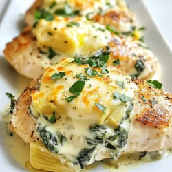 To create a delicious Creamy Spinach Artichoke Chicken, gather the following ingredients: - Chicken and Dairy Components - 4 boneless, skinless chicken breasts - 1 cup cream cheese, softened - 1/2 cup sour cream - 1 cup shredded mozzarella cheese - 1/4 cup grated Parmesan cheese - Vegetables and Seasonings - 1 cup fresh spinach, chopped - 1 cup canned artichoke hearts, drained and chopped - 2 cloves garlic, minced - 1 tablespoon olive oil - Salt and pepper to taste - 1 teaspoon Italian seasoning - Additional Toppings - Fresh parsley for garnish (optional) Each ingredient plays a key role. The chicken serves as the base, while the cream cheese, sour cream, and mozzarella create a rich, creamy texture. Spinach and artichokes add flavor and nutrition. Garlic enhances the aroma, while Italian seasoning brings depth. Finally, parsley adds a pop of color and freshness. This dish combines simple ingredients for a big taste. Each one contributes to the dish’s creamy, savory delight! {{ingredient_image_1}} - Preheating the Oven Set your oven to 375°F (190°C). This way, it heats up while you prep. - Sautéing the Garlic and Vegetables Heat a skillet over medium heat and add 1 tablespoon of olive oil. Once hot, add 2 minced garlic cloves. Cook for about 1 minute until it smells great. Then, stir in 1 cup of chopped spinach and 1 cup of chopped artichoke hearts. Cook until the spinach wilts, which takes about 2-3 minutes. Remove from heat and set aside. - Mixing the Cheese and Spinach Artichoke Mixture In a large bowl, combine 1 cup of softened cream cheese, 1/2 cup of sour cream, 1 cup of shredded mozzarella, and 1/4 cup of grated Parmesan. Add in 1 teaspoon of Italian seasoning, along with salt and pepper. Mix well until smooth. Then, fold in the sautéed spinach and artichoke mixture. - Preparing the Chicken Breasts Take 4 boneless, skinless chicken breasts and place them in a baking dish. Use a meat mallet to pound each breast to about 1 inch thick. Season both sides with salt and pepper. - Spreading the Creamy Mixture Evenly spread the creamy spinach artichoke mixture over each chicken breast. Make sure to cover them well for great flavor. - Baking Instructions Cover the dish with foil and bake for 25 minutes. After that, remove the foil and bake for another 10-15 minutes. The chicken should be cooked through, and the top should look bubbly and golden. Let the dish rest for 5 minutes before serving. You can garnish with fresh parsley if you like. - Ensuring Perfectly Cooked Chicken To cook chicken well, start with even thickness. Use a meat mallet if needed. Season it with salt and pepper. Bake at 375°F for 25 minutes covered. Remove the foil, then bake for 10-15 more minutes. Use a meat thermometer; the inside should reach 165°F. This gives you juicy chicken every time. - Achieving the Right Creamy Consistency Mix your cream cheese with sour cream until smooth. Add mozzarella and Parmesan slowly. This helps avoid clumps. Stir in the spinach and artichokes gently. If you want it creamier, add a splash of milk or cream. The mix should be thick but easy to spread. - Garnishing Ideas Fresh parsley adds color and a fresh taste. Sprinkle it on top right before serving. You can also add a few slices of lemon for a pop of color. For a fancy touch, sprinkle extra Parmesan on top. - Serving Suggestions Pair this meal with rice or quinoa for a filling plate. Steamed vegetables like broccoli or green beans complement the dish well. You can serve it with crusty bread to soak up the creamy sauce too. Pro Tips Even Thickness: Pound the chicken breasts to an even thickness to ensure they cook evenly and remain juicy. Fresh Ingredients: Using fresh spinach and high-quality cheeses will enhance the flavor and creaminess of the dish. Rest Before Serving: Allow the dish to rest for a few minutes after baking to let the juices redistribute, ensuring a moist chicken. Customize Your Cheese: Feel free to mix in other cheeses like cheddar or gouda for a unique twist on the classic flavor profile. {{image_2}} Dairy-Free Options If you want a dairy-free dish, swap out the cream cheese and sour cream. Use cashew cream or coconut yogurt instead. These options add creaminess without dairy. Always check for allergies when using new ingredients. Protein Alternatives You can replace chicken breasts with other proteins. Try using turkey or tofu for a different taste. Both options work well with the creamy spinach artichoke mix. Just adjust cooking times as needed. Adding Spices and Herbs To give the dish a kick, add spices. Red pepper flakes or smoked paprika can enhance flavor. Fresh herbs like basil or thyme can add a bright touch. Don't be afraid to experiment with your favorites. Different Cheese Combos Mixing cheeses can create new flavors. Try adding goat cheese for tang or cheddar for sharpness. A blend of cheeses gives the dish depth and richness. Use what you have at home for new taste adventures. To keep your Creamy Spinach Artichoke Chicken fresh, store leftovers right. - Refrigeration Guidelines: Place the chicken in an airtight container. It will stay good for up to three days in the fridge. Make sure it cools down before sealing the container. This helps keep it tasty. - Freezing Instructions: If you want to save it longer, freeze the chicken. Use freezer-safe bags or containers. It can last for up to three months in the freezer. When ready to eat, let it thaw in the fridge overnight before reheating. Reheating your Creamy Spinach Artichoke Chicken can be simple and quick. - Best Methods for Reheating: The oven is the best way to reheat this dish. Preheat it to 350°F (175°C). Place the chicken in a baking dish and cover it with foil. Heat for about 20 minutes until warm. - Maintaining Creaminess: To keep the creamy texture, add a splash of cream or milk before reheating. This helps the sauce stay smooth and delicious. Stir gently while heating to mix the flavors well. Can I use frozen spinach? Yes, you can use frozen spinach. Just make sure to thaw and drain it well. This helps avoid excess water in your dish. Frozen spinach is a great time saver and still tasty. Is this dish suitable for meal prep? Absolutely! Creamy Spinach Artichoke Chicken stores well in the fridge. You can make it ahead of time and reheat it when needed. Just keep it in airtight containers for best results. What sides go well with Creamy Spinach Artichoke Chicken? This dish pairs well with rice, pasta, or a fresh salad. You can also serve it with roasted veggies. These sides help balance the rich flavors of the chicken. Can I cook this in an Instant Pot? Yes, you can cook this dish in an Instant Pot. Sauté the garlic and veggies first, then add the chicken and creamy mixture. Set it to cook for about 10 minutes on high pressure. How do I know when the chicken is fully cooked? Check the chicken's internal temperature. It should reach 165°F (75°C). You can also cut into it and look for clear juices. If the juices run clear, your chicken is done. This blog post covered how to make Creamy Spinach Artichoke Chicken from scratch. We explored the ingredients, preparation, and cooking steps. I shared tips for perfecting the dish and how to store leftovers. You can choose ingredient substitutions for different diets and enjoy flavor variations. Lastly, I answered common questions to further assist you. Cooking can be simple and rewarding. With these steps, you’ll impress anyone at the dinner table. Grab your ingredients and get cooking!