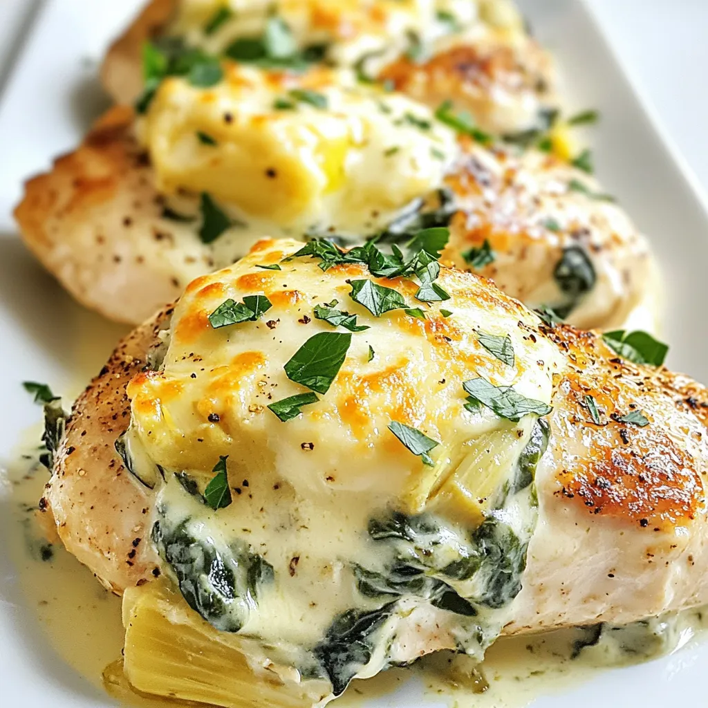 To create a delicious Creamy Spinach Artichoke Chicken, gather the following ingredients: - Chicken and Dairy Components - 4 boneless, skinless chicken breasts - 1 cup cream cheese, softened - 1/2 cup sour cream - 1 cup shredded mozzarella cheese - 1/4 cup grated Parmesan cheese - Vegetables and Seasonings - 1 cup fresh spinach, chopped - 1 cup canned artichoke hearts, drained and chopped - 2 cloves garlic, minced - 1 tablespoon olive oil - Salt and pepper to taste - 1 teaspoon Italian seasoning - Additional Toppings - Fresh parsley for garnish (optional) Each ingredient plays a key role. The chicken serves as the base, while the cream cheese, sour cream, and mozzarella create a rich, creamy texture. Spinach and artichokes add flavor and nutrition. Garlic enhances the aroma, while Italian seasoning brings depth. Finally, parsley adds a pop of color and freshness. This dish combines simple ingredients for a big taste. Each one contributes to the dish’s creamy, savory delight! {{ingredient_image_1}} - Preheating the Oven Set your oven to 375°F (190°C). This way, it heats up while you prep. - Sautéing the Garlic and Vegetables Heat a skillet over medium heat and add 1 tablespoon of olive oil. Once hot, add 2 minced garlic cloves. Cook for about 1 minute until it smells great. Then, stir in 1 cup of chopped spinach and 1 cup of chopped artichoke hearts. Cook until the spinach wilts, which takes about 2-3 minutes. Remove from heat and set aside. - Mixing the Cheese and Spinach Artichoke Mixture In a large bowl, combine 1 cup of softened cream cheese, 1/2 cup of sour cream, 1 cup of shredded mozzarella, and 1/4 cup of grated Parmesan. Add in 1 teaspoon of Italian seasoning, along with salt and pepper. Mix well until smooth. Then, fold in the sautéed spinach and artichoke mixture. - Preparing the Chicken Breasts Take 4 boneless, skinless chicken breasts and place them in a baking dish. Use a meat mallet to pound each breast to about 1 inch thick. Season both sides with salt and pepper. - Spreading the Creamy Mixture Evenly spread the creamy spinach artichoke mixture over each chicken breast. Make sure to cover them well for great flavor. - Baking Instructions Cover the dish with foil and bake for 25 minutes. After that, remove the foil and bake for another 10-15 minutes. The chicken should be cooked through, and the top should look bubbly and golden. Let the dish rest for 5 minutes before serving. You can garnish with fresh parsley if you like. - Ensuring Perfectly Cooked Chicken To cook chicken well, start with even thickness. Use a meat mallet if needed. Season it with salt and pepper. Bake at 375°F for 25 minutes covered. Remove the foil, then bake for 10-15 more minutes. Use a meat thermometer; the inside should reach 165°F. This gives you juicy chicken every time. - Achieving the Right Creamy Consistency Mix your cream cheese with sour cream until smooth. Add mozzarella and Parmesan slowly. This helps avoid clumps. Stir in the spinach and artichokes gently. If you want it creamier, add a splash of milk or cream. The mix should be thick but easy to spread. - Garnishing Ideas Fresh parsley adds color and a fresh taste. Sprinkle it on top right before serving. You can also add a few slices of lemon for a pop of color. For a fancy touch, sprinkle extra Parmesan on top. - Serving Suggestions Pair this meal with rice or quinoa for a filling plate. Steamed vegetables like broccoli or green beans complement the dish well. You can serve it with crusty bread to soak up the creamy sauce too. Pro Tips Even Thickness: Pound the chicken breasts to an even thickness to ensure they cook evenly and remain juicy. Fresh Ingredients: Using fresh spinach and high-quality cheeses will enhance the flavor and creaminess of the dish. Rest Before Serving: Allow the dish to rest for a few minutes after baking to let the juices redistribute, ensuring a moist chicken. Customize Your Cheese: Feel free to mix in other cheeses like cheddar or gouda for a unique twist on the classic flavor profile. {{image_2}} Dairy-Free Options If you want a dairy-free dish, swap out the cream cheese and sour cream. Use cashew cream or coconut yogurt instead. These options add creaminess without dairy. Always check for allergies when using new ingredients. Protein Alternatives You can replace chicken breasts with other proteins. Try using turkey or tofu for a different taste. Both options work well with the creamy spinach artichoke mix. Just adjust cooking times as needed. Adding Spices and Herbs To give the dish a kick, add spices. Red pepper flakes or smoked paprika can enhance flavor. Fresh herbs like basil or thyme can add a bright touch. Don't be afraid to experiment with your favorites. Different Cheese Combos Mixing cheeses can create new flavors. Try adding goat cheese for tang or cheddar for sharpness. A blend of cheeses gives the dish depth and richness. Use what you have at home for new taste adventures. To keep your Creamy Spinach Artichoke Chicken fresh, store leftovers right. - Refrigeration Guidelines: Place the chicken in an airtight container. It will stay good for up to three days in the fridge. Make sure it cools down before sealing the container. This helps keep it tasty. - Freezing Instructions: If you want to save it longer, freeze the chicken. Use freezer-safe bags or containers. It can last for up to three months in the freezer. When ready to eat, let it thaw in the fridge overnight before reheating. Reheating your Creamy Spinach Artichoke Chicken can be simple and quick. - Best Methods for Reheating: The oven is the best way to reheat this dish. Preheat it to 350°F (175°C). Place the chicken in a baking dish and cover it with foil. Heat for about 20 minutes until warm. - Maintaining Creaminess: To keep the creamy texture, add a splash of cream or milk before reheating. This helps the sauce stay smooth and delicious. Stir gently while heating to mix the flavors well. Can I use frozen spinach? Yes, you can use frozen spinach. Just make sure to thaw and drain it well. This helps avoid excess water in your dish. Frozen spinach is a great time saver and still tasty. Is this dish suitable for meal prep? Absolutely! Creamy Spinach Artichoke Chicken stores well in the fridge. You can make it ahead of time and reheat it when needed. Just keep it in airtight containers for best results. What sides go well with Creamy Spinach Artichoke Chicken? This dish pairs well with rice, pasta, or a fresh salad. You can also serve it with roasted veggies. These sides help balance the rich flavors of the chicken. Can I cook this in an Instant Pot? Yes, you can cook this dish in an Instant Pot. Sauté the garlic and veggies first, then add the chicken and creamy mixture. Set it to cook for about 10 minutes on high pressure. How do I know when the chicken is fully cooked? Check the chicken's internal temperature. It should reach 165°F (75°C). You can also cut into it and look for clear juices. If the juices run clear, your chicken is done. This blog post covered how to make Creamy Spinach Artichoke Chicken from scratch. We explored the ingredients, preparation, and cooking steps. I shared tips for perfecting the dish and how to store leftovers. You can choose ingredient substitutions for different diets and enjoy flavor variations. Lastly, I answered common questions to further assist you. Cooking can be simple and rewarding. With these steps, you’ll impress anyone at the dinner table. Grab your ingredients and get cooking!